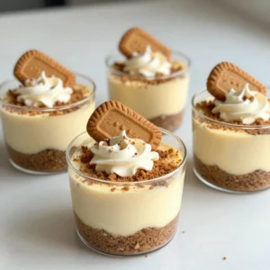 To make No-Bake Gingerbread Cheesecake Cups, you need a few simple items. This recipe combines delightful flavors with easy steps. Here&rsquo;s what you&rsquo;ll need: - 1 cup ginger snap cookie crumbs - 4 tablespoons unsalted butter, melted - 16 oz cream cheese, softened - 1/2 cup powdered sugar - 1 teaspoon vanilla extract - 1 teaspoon ground ginger - 1 teaspoon ground cinnamon - 1/4 teaspoon ground nutmeg - 1 cup heavy whipping cream - 1/4 cup molasses - Garnish: crushed ginger snap cookies - Optional: whipped cream Each ingredient adds a unique taste. The ginger snap cookie crumbs create a crunchy base. Unsalted butter binds the crumbs together, giving the crust its richness. Cream cheese is the star of the filling, offering smoothness and creaminess. Powdered sugar sweetens the mix, while vanilla adds a warm flavor. The spices&mdash;ginger, cinnamon, and nutmeg&mdash;bring the gingerbread taste to life. Heavy whipping cream makes the filling airy and light. Molasses adds depth and a rich sweetness. Gather these ingredients to create a treat that is both fun and festive. You&rsquo;ll love how easy it is to whip up these delightful cheesecake cups! {{ingredient_image_2}} First, we need to make the crust. In a medium bowl, combine the ginger snap cookie crumbs with melted unsalted butter. Use a fork to stir until the crumbs are completely coated. The mixture should feel like wet sand. Next, take six dessert cups and evenly distribute the crumb mixture into each one. Press down firmly to form a solid crust. This step is key for a good base for your cheesecake. Now, let&rsquo;s make the cheesecake filling. In a large mixing bowl, beat the softened cream cheese with an electric mixer. You want it to be smooth and creamy, with no lumps. Gradually add in the powdered sugar, vanilla extract, ground ginger, ground cinnamon, and ground nutmeg. Mix well until everything is blended together. You should have a nice, even mixture. Next, we&rsquo;ll whip the heavy cream. In another bowl, use a hand mixer to whip the heavy cream until stiff peaks form. This takes about 3 to 5 minutes. Be careful not to over-whip, or it can get grainy. Then, gently fold the whipped cream into the cream cheese mixture. Use a spatula and carefully combine until no white streaks remain. The mixture should feel fluffy and airy. Now, it&rsquo;s time to add some molasses. Fold it gently into the cheesecake mixture. This gives it that rich flavor we love in gingerbread. Once combined, spoon the filling into each dessert cup over the crust. Fill them right to the top for a truly indulgent treat. Cover each cheesecake cup with plastic wrap. Place them in the fridge for at least 4 hours, but overnight is even better. This chill time allows the flavors to meld and the filling to set. Before serving, sprinkle crushed ginger snap cookies on top for some added crunch. If you like, add a dollop of whipped cream for extra sweetness. Enjoy this delightful treat! To make the crust just right, use ginger snap cookie crumbs. These crumbs give a nice spice flavor. Mix them well with melted butter. Aim for a texture like wet sand. This mix should hold together when pressed. Press the crust firmly into the dessert cups. Use the back of a spoon or your fingers. Make sure it is packed tightly. A solid crust will hold the filling well and add texture. Softened cream cheese is key for a smooth filling. Take it out of the fridge ahead of time. Let it sit for at least 30 minutes. This helps it mix well without lumps. When mixing, use an electric mixer. Start on low speed to combine. Then, increase to medium speed for a creamy texture. Stop mixing when no lumps are left. Whipping heavy cream is easy if you know the tricks. Use cold cream for the best results. A chilled bowl also helps it whip faster. Whip until stiff peaks form, about 3-5 minutes. Watch closely to avoid over-whipping. Over-whipped cream can turn grainy. You want it light and fluffy for the cheesecake. Pro Tips Use Fresh Spices: For the best flavor, ensure your ground spices are fresh. Old spices can lose their potency and affect the overall taste of your cheesecake. Let Cream Cheese Soften: Make sure your cream cheese is at room temperature before mixing. This helps achieve a super smooth filling without lumps. Chill Longer for Best Results: While 4 hours is the minimum chilling time, letting the cheesecake cups sit overnight will enhance the flavors and improve the texture. Experiment with Toppings: Feel free to get creative with your garnishes! Consider adding a drizzle of caramel or a sprinkle of cocoa powder for an extra touch. {{image_4}} You can change the spices to give these cheesecake cups a twist. Try using allspice or cardamom instead of ginger. These spices add unique flavors to the mix. You can also swap out cream cheese for mascarpone. This makes the filling richer and creamier. The mascarpone gives a nice Italian touch to the dessert. If you want a different crust, consider using graham crackers or chocolate cookies. Both options add a new flavor that pairs well with the filling. For those who need gluten-free options, use gluten-free ginger snap cookies. They work very well and keep the taste just right. When it comes to toppings, the sky's the limit. You can sprinkle crushed ginger snap cookies on top for extra crunch. Another idea is to add a drizzle of caramel or chocolate sauce. Seasonal toppings, like candied pecans or pumpkin spice, can also bring joy to your cups. These small additions can elevate your dessert and make it more festive. Store your no-bake gingerbread cheesecake cups in the fridge. Use an airtight container to keep them fresh. Place a layer of plastic wrap on top of the cups before sealing. This will help prevent any off-flavors from getting in. The cheesecake cups can last for about 3 to 4 days in the fridge. When storing leftovers, be sure to keep them in their dessert cups. This helps maintain their shape and texture. If you need to stack them, use parchment paper between each cup to avoid sticking. You can freeze the cheesecake cups if you want to save some for later. To freeze, wrap each cup with plastic wrap. Then, place them in a freezer-safe bag. Make sure to remove as much air as possible from the bag. This will help prevent freezer burn. When you&rsquo;re ready to enjoy them again, take them out of the freezer. Place the cups in the fridge to thaw overnight. For best results, avoid thawing them at room temperature. This helps keep the texture creamy and delicious. Enjoy your sweet treats any time! No-Bake Gingerbread Cheesecake Cups last in the fridge for about five days. Keep them covered tightly. This helps maintain their freshness. If you notice any changes in smell or texture, it's best to toss them. Yes, you can make these cups ahead of time. Prepare them up to two days before serving. Just remember to chill them well. This allows the flavors to blend beautifully. For best results, add the garnish just before serving. You can use low-fat cream cheese, but it might change the texture. The cheesecake may end up less creamy. If you want to keep it light, consider using a mix of low-fat and full-fat cream cheese. This keeps it rich while cutting some calories. You now have a complete guide to making No-Bake Gingerbread Cheesecake Cups. We covered ingredients, step-by-step instructions, and tips for success. You learned how to create a delicious crust and a smooth filling, as well as ways to customize and store your dessert. These cheesecake cups are perfect for any occasion, bringing holiday flavors to your table. Try them out and enjoy the rich, spicy taste. I hope you find joy in making this delightful treat that your friends and family will love.