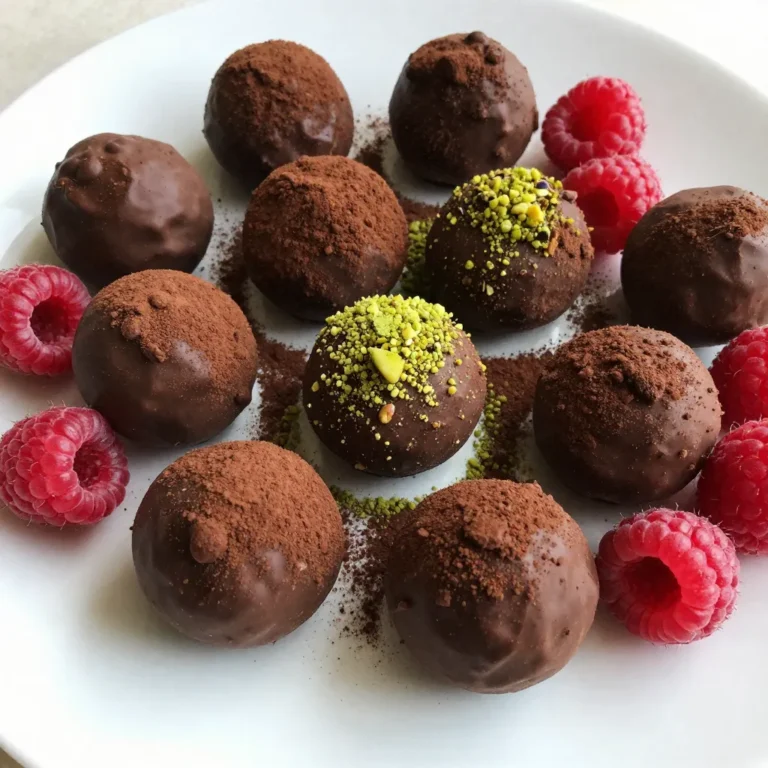 For these truffles, I use 1 cup of dark chocolate. Choose chocolate that has 70% cocoa or higher. This type gives a rich, deep flavor that pairs perfectly with raspberries. You’ll need 1/2 cup of heavy cream. This cream adds smoothness and richness to the truffles. It helps the chocolate melt well and makes each bite creamy. Use 1/2 cup of fresh raspberries. They add a burst of fruity flavor. Plus, they create a lovely marbled look in the truffles. Keep some extra for garnish to make your truffles even prettier. Add 1 teaspoon of pure vanilla extract. This ingredient enhances the chocolate flavor. It adds warmth and a hint of sweetness that balances the tartness of the raspberries. You’ll need 1/4 cup of cocoa powder for dusting. This gives the truffles a classic chocolate finish. It also adds a slight bitterness that complements the sweetness. If you want some crunch, consider adding 1/4 cup of crushed pistachios. They add a nice texture and a pop of color. Feel free to experiment with other nuts or toppings that you enjoy. {{ingredient_image_2}} To start, take a small saucepan and add the heavy cream. Heat it over medium heat. Watch closely as it warms up. When you see small bubbles forming, take it off the heat. This step is key. You want it hot but not boiling. Next, finely chop the dark chocolate. Add it to the hot cream. Let it sit for a few minutes. This helps the chocolate to soften. Then, stir it well. Keep stirring until it becomes smooth and shiny. This mixture is the base of your truffles. Now, gently fold in the fresh raspberries and vanilla extract. Be careful not to mash the raspberries too much. You want some chunks to keep that vibrant look. The raspberries will bring a burst of flavor that pairs well with chocolate. Once everything is mixed, sprinkle a pinch of sea salt into the bowl. This enhances all the flavors. Cover the bowl with plastic wrap and place it in the fridge. Let it chill for about 2 hours. This makes the mixture firm and easy to handle. After chilling, it’s time to shape your truffles. Use a melon baller or your hands to scoop out small portions. Aim for about 1 inch in size. Roll each portion into a smooth ball using your palms. This step is fun and messy! Prepare a plate with cocoa powder. Roll each truffle in the powder until coated. If you like, roll some in crushed pistachios for extra crunch. Place the truffles on a parchment-lined plate. Chill them for another 30 minutes to set the flavors. To make great truffles, start with high-quality dark chocolate. I suggest using chocolate that has at least 70% cocoa. This will give your truffles a rich, deep flavor. Look for brands with a smooth texture. The better the chocolate, the better your truffles will taste. Getting the texture just right is key. After melting the chocolate and cream, fold in the raspberries gently. You want some pieces to stay whole for bursts of flavor. Let the mixture chill until firm. This makes it easier to shape into smooth balls. If the mixture is too soft, your truffles will not hold their shape. Presentation matters! To make your truffles look stunning, roll them in cocoa powder. You can also use crushed pistachios for a fun crunch. Place your truffles on a nice plate. Add whole raspberries as a garnish. A light dusting of cocoa powder on top will make them look fancy and inviting. Pro Tips Quality Chocolate Matters: Use high-quality dark chocolate with at least 70% cocoa for rich flavor and smooth texture in your truffles. Chill for Perfect Texture: Allow the truffle mixture to chill thoroughly in the refrigerator; this ensures they're firm enough to roll without sticking to your hands. Garnish Creatively: Get creative with coatings! Besides cocoa powder and crushed pistachios, consider rolling truffles in toasted coconut or chopped nuts for added flavor and texture. Serve at Room Temperature: For the best taste experience, let the truffles sit at room temperature for a few minutes before serving to enhance their rich flavors. {{image_4}} You can change how your truffles look and taste by using different coatings. Instead of cocoa powder, try rolling them in: - Finely chopped nuts - Shredded coconut - Crushed graham crackers Each of these gives a new flavor twist. Nuts add crunch, while coconut brings a tropical vibe. Graham crackers offer a sweet touch that pairs well with chocolate. You can add more flavor to your truffles by mixing in different ingredients. Here are some fun ideas: - A splash of orange zest - A few drops of peppermint extract - A hint of almond extract These flavors blend well with chocolate and raspberries. Experiment to find your favorite combination. Just remember to keep the amount small, so it doesn't overpower the truffles. Want to make these truffles fit your diet? Here are some easy swaps: - Use dairy-free chocolate and cream for a vegan version. - Replace heavy cream with coconut cream for a rich, creamy texture. - Swap fresh raspberries with freeze-dried ones for a unique crunch and flavor. These adjustments help you enjoy the truffles no matter your taste or diet. Have fun creating your own version! To keep your Raspberry Dark Chocolate Truffles fresh, store them in an airtight container. Place parchment paper between layers to avoid sticking. Keep the container in the fridge, away from strong odors. This helps maintain their flavor and texture. When stored properly, truffles last about one week in the fridge. If you want them to last longer, consider freezing. They may lose some texture but still taste great. Always check for signs of spoilage before enjoying them. To freeze your truffles, first chill them in the fridge for 30 minutes. Once firm, place them in a single layer on a baking sheet. Freeze until solid, then transfer them to a freezer-safe bag. They can last up to three months in the freezer. When ready to eat, thaw them in the fridge overnight for the best taste. Yes, you can! While raspberries shine in this recipe, you can swap them for other fruits. Try using strawberries, cherries, or blueberries for a unique twist. Each fruit brings its own flavor and fun color. Just ensure the fruit is fresh to keep your truffles tasty. To make dairy-free truffles, simply replace the heavy cream with coconut cream or almond milk. Use dairy-free dark chocolate for the best results. This way, you can still enjoy rich, creamy truffles without any dairy. Adjust the sweetness if needed to balance the flavors. You can find Raspberry Dark Chocolate Truffles at many specialty chocolate shops and gourmet stores. Some bakeries may also sell them. If you want them fresh, consider making them at home. It’s fun and lets you control the flavors! Serve your truffles on a beautiful platter. Garnish with whole raspberries and a light dusting of cocoa powder. This adds a lovely touch and makes them look fancy. You can also pair them with coffee or dessert wine for a delightful experience. Absolutely! You can make these truffles a day or two ahead. Just store them in the fridge in an airtight container. This allows the flavors to meld together, making them even more delicious. Enjoy them at your next gathering! This blog post covered making delicious raspberry dark chocolate truffles. We explored key ingredients, step-by-step instructions, and helpful tips for the best results. Remember, you can customize your truffles with various flavors and coatings. Store them properly for lasting freshness. This dessert is fun to make and share. Enjoy surprising friends and family with your tasty creations! Happy truffle-making!
