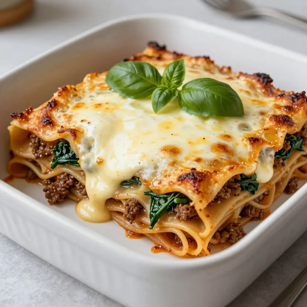 - 9 lasagna noodles - 2 cups ricotta cheese - 2 cups shredded mozzarella cheese, divided - 1 cup grated Parmesan cheese - 1 pound ground beef or Italian sausage - 1 jar (24 oz) marinara sauce - 1 medium onion, finely diced - 3 cloves garlic, minced - 1 teaspoon dried oregano - 1 teaspoon dried basil - 1/2 teaspoon red pepper flakes (optional for heat) - 1 cup fresh spinach, chopped (or thawed frozen spinach) - 1 cup heavy cream - Salt and pepper to taste - Fresh basil leaves, for garnish (optional) To make Creamy Million Dollar Lasagna, you need fresh and flavorful ingredients. Start with lasagna noodles. They form the base of your dish. Choose good-quality cheeses like ricotta, mozzarella, and Parmesan. These cheeses give the lasagna its rich and creamy texture. Next, pick your ground meat. You can use beef or Italian sausage based on your taste. Marinara sauce adds a classic touch. It brings both flavor and moisture. Don't forget the vegetables! Onion, garlic, and spinach add depth. They also boost the nutrition of your meal. Use dried herbs like oregano and basil to flavor the meat sauce. A pinch of red pepper flakes can add a little kick. Heavy cream makes the cheese layer smooth and creamy. Finally, keep salt and pepper on hand to season everything perfectly. Enjoy gathering these ingredients; each one plays a part in creating a delicious meal! {{ingredient_image_2}} Preheating your oven is key to a great lasagna. A hot oven helps bake the dish evenly. Set your oven to 375°F (190°C). This temperature gets the cheese bubbly and golden. Cook the lasagna noodles in a large pot with salted water. Bring the water to a boil. Add the noodles and cook until al dente. This means they should be firm but not hard. Drain the noodles and spread them out so they don't stick together. You can toss them with a little olive oil if needed. In a large skillet, heat over medium heat. Add your ground beef or Italian sausage. Then, add the finely diced onion and minced garlic. Cook while stirring until the meat is brown and the onions are soft, about 5 to 7 minutes. If there’s extra fat, drain it off. Now, stir in the marinara sauce. Add dried oregano, dried basil, red pepper flakes, and a pinch of salt and pepper. Let this simmer on low heat for about 10 minutes. This lets all the flavors mix well. Fold in the chopped spinach and then remove from heat. In a mixing bowl, combine the ricotta cheese, half of the shredded mozzarella, grated Parmesan cheese, and heavy cream. Add a touch of salt and pepper. Mix until it’s smooth and creamy. This layer adds richness to the lasagna. Grab a 9x13 inch baking dish. Start the layering process with a spoonful of meat sauce at the bottom. Place three lasagna noodles on top of the sauce. Spread half of the creamy cheese mixture over the noodles. Follow this with another layer of meat sauce. Keep repeating: noodles, creamy mixture, and meat sauce. End with a final layer of noodles topped with the last of the meat sauce and the remaining mozzarella cheese. Cover your baking dish with aluminum foil. Make sure the foil does not touch the cheese. Place it in the preheated oven. Bake for 25 minutes. After that, remove the foil and bake for another 15 minutes. The lasagna is done when it is bubbly and the cheese is golden. Once you take the lasagna out of the oven, let it rest for 10 to 15 minutes. This resting time is important. It allows the layers to set. It also makes slicing the lasagna easier. Enjoy your delicious creation after this waiting period! To create a great cheese mixture, use equal parts ricotta and heavy cream. This will give you a rich texture. Add half of the mozzarella and all the Parmesan. Mix them well. I like to add a pinch of salt and pepper for taste. If you want a hint of flavor, add a touch of garlic powder or nutmeg. This makes a creamy layer that melts beautifully. To keep your lasagna from getting soggy, avoid excess moisture. Drain the spinach well if using fresh or frozen. Cook the meat until brown and let it cool slightly before mixing with the sauce. Use a thick marinara sauce, as thin sauce adds water. Layer carefully, and do not over-sauce. This helps keep every layer distinct and delicious. For a beautiful presentation, cut the lasagna into neat squares. Garnish each slice with fresh basil leaves. Serve with a crisp green salad and warm garlic bread. This adds fresh flavor and crunch. You can also add a sprinkle of red pepper flakes for spice. Enjoy every bite of your creamy million-dollar creation! Pro Tips Choose the Right Noodles: Use no-boil lasagna noodles for a quicker assembly and a more tender texture, as they absorb moisture from the sauce while baking. Layer Smart: Ensure each layer has a good balance of cheese and meat sauce to prevent the lasagna from being too dry or too soggy. Let It Rest: Always allow the lasagna to sit for 10-15 minutes after baking. This resting time helps the layers firm up, making it easier to slice and serve. Make Ahead: Consider assembling the lasagna a day in advance and storing it in the fridge. The flavors will deepen overnight, and it can go straight from the fridge to the oven when you're ready to bake. {{image_4}} You can make a great vegetarian version of this lasagna. Just swap the meat for veggies. I love using mushrooms, zucchini, and bell peppers. They give a nice flavor and texture. Sauté the veggies with onion and garlic until soft. Then, mix them with the marinara sauce. This change keeps the dish hearty and tasty. For those who need a gluten-free meal, you have options! Use gluten-free lasagna noodles. You can find these in many stores. Also, check for gluten-free marinara sauce. This way, you can enjoy the same creamy taste without the gluten. Want to make your lasagna even creamier? Try adding more heavy cream to the cheese mix. You can also add more layers of cheese. Mixing in some ricotta or extra mozzarella can elevate the flavor. This will make your lasagna rich and dreamy with every bite. To store your lasagna, let it cool first. Use an airtight container. It will stay fresh for up to five days. If you want, you can also cover it with plastic wrap. This helps keep it moist. If you have a large portion, cut it into smaller pieces. This makes it easier to eat later. Remember to label the container with the date. Freezing lasagna is a great way to save it for later. First, let it cool completely. Then, wrap it tightly in plastic wrap. After that, place it in a freezer-safe container or bag. You can freeze it for up to three months. To reheat, let it thaw in the fridge overnight. This keeps the creaminess intact. When reheating, the goal is to keep it creamy and tasty. Preheat your oven to 350°F (175°C). Place the lasagna in an oven-safe dish. Add a splash of milk or cream on top. This helps keep it moist. Cover it with foil to prevent drying. Heat for about 30 minutes or until warm throughout. Enjoy your delicious lasagna just like fresh! This lasagna gets its name from its rich flavors and creamy layers. First, I use two types of cheese: ricotta and mozzarella. The ricotta adds a smooth texture, while the mozzarella gives that delicious gooeyness. I also add heavy cream, which brings a luxurious creaminess to each bite. Plus, I use fresh spinach for a pop of color and added nutrition. The meat sauce, made with ground beef or Italian sausage, is savory and filling. All these ingredients come together to create a dish that feels gourmet and special. Yes, you can prepare this lasagna ahead of time. Just follow these steps: - Assemble the lasagna as directed. - Cover it tightly with foil or plastic wrap. - Store it in the fridge for up to 24 hours before baking. If you want to freeze it, let it cool completely before wrapping. It can last in the freezer for up to three months. Just remember to bake it straight from the freezer; it may need a little extra time in the oven. Reheating lasagna can be tricky, but I have some tips to keep it moist: - Preheat your oven to 350°F (175°C). - Place your lasagna in an oven-safe dish. - Add a splash of water or extra cream on top to create steam. - Cover the dish with foil to prevent it from drying out. Heat it for about 20-25 minutes, or until it’s warm all the way through. This method keeps the lasagna creamy and flavorful. This blog post covered all you need to make a great lasagna. You learned about the key ingredients and step-by-step cooking instructions. We also shared tips to avoid sogginess and enhance flavor. Plus, you got ideas for vegetarian and gluten-free options. Don't forget to store leftovers properly. With these tips, you can enjoy perfect lasagna every time. Take your time and have fun in the kitchen. Your homemade lasagna will impress everyone!