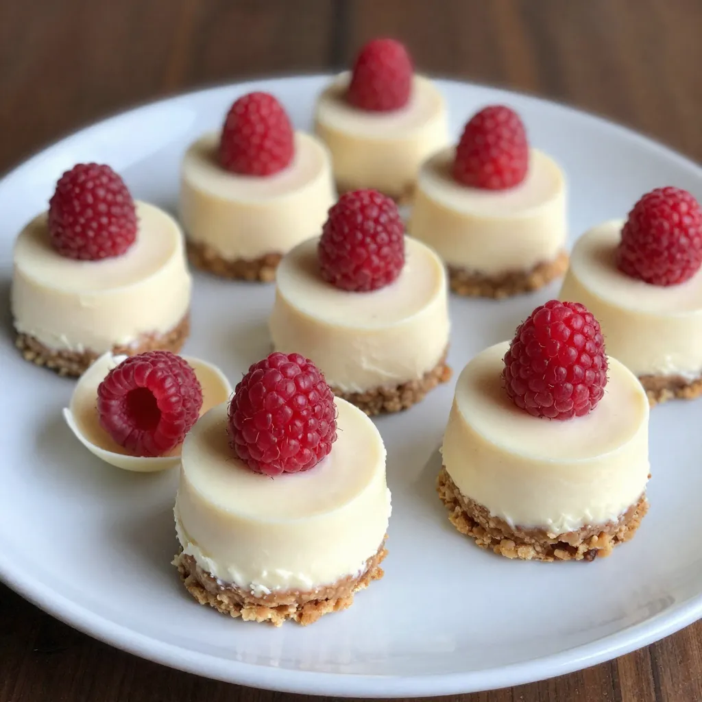 For these delightful White Chocolate Raspberry Cheesecake Bites, you need: - 1 cup graham cracker crumbs - 1/4 cup unsalted butter, melted - 1/4 cup granulated sugar - 8 oz cream cheese, softened - 1/2 cup white chocolate chips, melted - 1/2 cup sour cream - 1/2 cup fresh raspberries - 1 teaspoon vanilla extract - 1 tablespoon fresh lemon juice - A pinch of salt Each ingredient plays a key role. The graham cracker crumbs form a crunchy base. The melted butter helps bind the crumbs, while sugar adds sweetness. Cream cheese gives the bites their rich and creamy texture. Melted white chocolate adds a lovely sweetness and flavor. Sour cream gives a slight tang, balancing the sweetness. Fresh raspberries not only add flavor but also a beautiful color. Vanilla extract enhances the overall taste, and lemon juice adds brightness. A pinch of salt rounds it all out. Gather these ingredients to create a treat that is both easy and fancy. You’ll impress your friends and family with these bites! {{ingredient_image_2}} 1. In a medium bowl, combine graham cracker crumbs, melted butter, and sugar. 2. Mix until the crumbs look like wet sand. 3. Press the crumb mixture firmly into a mini muffin tin. 4. Use the back of a spoon to compact it tightly. 5. Place the tin in the fridge for 15 minutes to chill and set. 1. In a large bowl, beat the softened cream cheese until smooth. 2. Add the melted white chocolate, sour cream, vanilla, lemon juice, and a pinch of salt. 3. Mix on medium speed until everything is fully combined and creamy. 1. Gently fold in the fresh raspberries with a spatula. 2. Be careful not to crush the raspberries. You want nice pops of fruit. 3. Spoon the cheesecake filling into the chilled crusts in the muffin tin. 4. Fill each cup to the brim for generous portions. 5. Chill in the fridge for at least 2 hours until set. 6. When ready, run a knife around the edges to loosen them. 7. Carefully lift each bite out with your fingers or a spoon. 8. Garnish each bite with an extra raspberry for a fresh touch. To get the best texture, start with the cream cheese. Make sure it is soft. This helps it blend well without lumps. I recommend leaving it out of the fridge for a bit. It should be at room temperature before you mix it. When you beat the cream cheese, do it slowly at first. Gradually increase the speed. This prevents air bubbles from forming. If you mix too fast, the filling can become too light and airy. You want it smooth and creamy. Presentation matters! To make your cheesecake bites shine, consider adding fresh raspberries on top. They add color and taste. You can also drizzle some white chocolate over them for a fancy touch. Try pairing these bites with a raspberry sauce. It enhances the flavor and looks great on the plate. A sprinkle of lemon zest can also add a nice touch. One common mistake is overmixing the filling. This can make your bites too fluffy. Mix just until combined. Another issue is the crust. If the crust is not pressed firmly enough, it can crumble. Make sure to pack it down tightly in the muffin tin. A solid crust supports the filling and gives a great bite. Pro Tips Use Room Temperature Ingredients: Ensure your cream cheese and sour cream are at room temperature for a smoother filling. This helps to avoid lumps and ensures even mixing. Chill for Perfect Texture: Allow the cheesecake bites to chill for at least 2 hours. This helps them set properly, resulting in a firmer and more enjoyable texture. Gently Fold in Raspberries: When adding raspberries, fold them in carefully to maintain their shape. This not only looks beautiful but also provides bursts of flavor in every bite. Experiment with Flavors: Feel free to substitute the raspberries with other fruits like strawberries or blueberries for a different twist, or add a splash of almond extract for added depth. {{image_4}} You can change the flavors of these bites. Swap white chocolate for dark chocolate. Dark chocolate adds a rich taste. It pairs well with raspberries. You can also try different fruits. Instead of raspberries, use strawberries or blueberries. Each fruit gives a new twist to the bites. Just remember, the fruit should be fresh. This keeps the flavor bright. If you need a gluten-free option, you have choices. Use gluten-free graham crackers for the crust. They work the same way. For those who want a vegan treat, replace the cream cheese. Use a plant-based cream cheese instead. You can also swap out the sour cream for coconut cream. This makes the bites vegan and tasty. Make your cheesecake bites even more fun to eat. Drizzle them with chocolate sauce or caramel. This adds sweetness and makes them look fancy. For a party, serve them on a colorful platter. You can also add sprigs of mint for a fresh touch. These ideas make your bites stand out. They will impress your friends and family! To keep your White Chocolate Raspberry Cheesecake Bites fresh, store them in the refrigerator. Place them in an airtight container. This helps to lock in their creamy texture and sweet taste. If you have leftovers, they will stay tasty for a few days. If you want to store them for longer, freezing is a great option. Wrap each cheesecake bite in plastic wrap. Then, place them in a freezer-safe bag. This keeps them safe from freezer burn. You can enjoy them later, even after a month in the freezer. In the fridge, these cheesecake bites last up to five days. Always check for signs of spoilage. If you see any mold or if they smell off, it's best to toss them. When frozen, they remain good for about one month. After that, they may lose flavor or texture. Always label your bags with the date to keep track. To enjoy any leftovers, simply thaw them in the fridge overnight. This keeps their texture nice and smooth. If you want to eat them right away, let them sit at room temperature for a bit. If you freeze them, avoid reheating in the microwave. This can make them too soft or runny. Enjoy them cold for the best taste! These cheesecake bites can last up to five days in the fridge when stored properly. Keep them in an airtight container to maintain their freshness. If you want to enjoy them longer, you can freeze them. Just make sure to wrap each bite tightly in plastic wrap before placing them in a freezer bag. They will stay good for about three months in the freezer. Yes, you can use frozen raspberries. They work well in this recipe. However, be sure to thaw them first. Drain any excess juice to avoid sogginess in your bites. Gently fold the thawed raspberries into the cheesecake mixture to keep them whole. This way, you still get those lovely bursts of fruit without losing texture. Absolutely! You can make these bites a day or two in advance. Just prepare the bites and chill them in the fridge. This will save you time on the day you plan to serve them. Just remember to garnish them with fresh raspberries right before serving for a nice look. Yes, you can use Greek yogurt as a cream cheese substitute. This option is great for a lighter version. For a dairy-free option, use a vegan cream cheese or cashew cream. Both will give you a creamy texture while keeping the flavor delicious. You’ve learned how to make tasty White Chocolate Raspberry Cheesecake Bites. We covered the key ingredients, step-by-step instructions, and helpful tips to avoid mistakes. You also discovered fun flavor variations and storage tips. These bites are easy to prepare and perfect for any event. I hope you feel inspired to try making these treats! Enjoy the creamy texture and fresh fruit flavor. Happy baking!