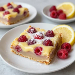 - 1 cup all-purpose flour - &frac12; cup powdered sugar - &frac14; teaspoon salt - &frac12; cup unsalted butter, softened - 2 large eggs - 1 cup granulated sugar - 2 tablespoons fresh lemon zest - ⅓ cup freshly squeezed lemon juice - 1 cup fresh raspberries - 1 tablespoon cornstarch - &frac14; teaspoon baking powder - Additional powdered sugar for dusting These ingredients come together to make the perfect Raspberry Lemonade Bars. Each one plays a key role in creating that sweet and zesty flavor. The flour forms the base crust, giving it a nice texture. Powdered sugar adds sweetness and helps the crust stay soft. The salt balances the flavors. Softened butter makes it easy to mix. The eggs and granulated sugar create a light and fluffy filling. Fresh lemon zest and juice give that bright, tangy taste. Fresh raspberries add a burst of flavor and color. Tossing them with cornstarch helps them keep their shape. Baking powder gives the filling a bit of lift. Finally, using extra powdered sugar for dusting adds a lovely finish. Each bite will be a delightful mix of sweet and tart! {{ingredient_image_2}} - Preheat the oven to 350&deg;F (175&deg;C). - Grease or line an 8x8 inch baking pan with parchment paper. - In a bowl, whisk together 1 cup of flour, &frac12; cup of powdered sugar, and &frac14; teaspoon of salt. - In another bowl, cream &frac12; cup of softened butter until it is smooth. - Gradually mix the flour blend into the butter. Combine until it forms a soft dough. - Press this dough evenly into the bottom of your prepared pan. - Bake for 15 to 20 minutes until it turns a light golden brown. - In a separate bowl, beat 2 large eggs and 1 cup of granulated sugar until fluffy. - Add 2 tablespoons of lemon zest and ⅓ cup of lemon juice. Mix until smooth. - In a small bowl, toss 1 cup of fresh raspberries with 1 tablespoon of cornstarch. - Fold the raspberries gently into the lemon mixture. - Once the crust is done, pour the lemon-raspberry mixture over the hot crust. - Bake for an additional 20 to 25 minutes. The filling should be set and the edges slightly golden. - Allow the bars to cool completely in the pan. - Once cool, slice into squares or bars. - Dust with additional powdered sugar just before serving for a lovely finish. - Use softened butter. Softened butter blends well, making the crust light. - Avoid overmixing the lemon-raspberry filling. This keeps the texture smooth and creamy. - Garnish with lemon slices and fresh raspberries. This adds color and makes the bars pop. - These bars are perfect for picnics and summer gatherings. They are easy to share and enjoy. - Do not overbake. This can lead to dry bars that lose their soft texture. - Always use cornstarch for the raspberries. It helps the filling set and keeps it from being runny. Pro Tips Chill the Bars Before Serving: Allow the baked bars to cool completely in the pan, then refrigerate for at least an hour. This helps the layers set better and makes cutting neater. Use Fresh Ingredients: For the best flavor, opt for fresh lemons and raspberries. Fresh ingredients enhance the tartness and brightness of the bars. Adjust Sweetness: If you prefer a sweeter treat, feel free to increase the granulated sugar in the filling by a couple of tablespoons. Taste the lemon mixture before pouring it onto the crust. Experiment with Flavors: Add a splash of vanilla extract or a hint of almond extract to the lemon filling for a unique twist on the classic flavor profile. {{image_4}} You can switch fresh raspberries for frozen ones. Just be sure to thaw them first. This change works well when fresh raspberries are hard to find. You can also try other citrus fruits. Lime or orange juice gives a nice twist to the bars. If you need a gluten-free option, use almond flour instead of regular flour. This swap keeps the bars tasty while meeting dietary needs. You can also lower the sugar by using sweeteners like honey or agave. These options keep your dessert sweet without all the sugar. Want to jazz up your bars? Add fresh herbs like mint. This gives a cool flavor that pairs well with lemon. You can mix in other fruits too. Blueberries or strawberries add color and taste. These additions make your bars unique and fun to eat. To keep your Raspberry Lemonade Bars fresh, store them in an airtight container. This helps them stay moist and flavorful. You can layer them between parchment paper to prevent sticking. A glass or plastic container works well for storage. Just make sure it seals tightly. To freeze your Raspberry Lemonade Bars, first cut them into squares. Next, place each piece on a baking sheet lined with parchment paper. Freeze them for about two hours until firm. Once frozen, transfer the bars to a freezer-safe bag. Label the bag with the date and type of treat. To thaw, leave them in the fridge overnight, or let them sit at room temperature for about 30 minutes. These bars last about 3 days at room temperature. For best flavor, store them in the fridge, where they can last up to a week. Enjoy them chilled for a refreshing treat on warm days! Yes, you can switch up the fruit! Here are some great options: - Blueberries: They pair well with lemon. - Strawberries: A classic choice for a sweet twist. - Blackberries: Their tartness adds depth to the flavor. - Peaches: Fresh, juicy slices can brighten the bars. You can even mix fruits for a fun blend. Just keep the same measurements! To cut back on the sugar, try these tips: - Use less granulated sugar in the filling. Start with &frac34; cup instead of 1 cup. - Swap some sugar for a sugar substitute like stevia or monk fruit. - Add a bit more lemon juice. It boosts flavor and balances sweetness. Taste as you go to find your perfect balance! For clean slices, follow these steps: - Use a sharp knife. A dull knife squishes the bars. - Lightly dust the knife with powdered sugar. It helps prevent sticking. - Wipe the knife with a damp cloth between cuts. This keeps edges neat. Cut the bars while they are cool for the best results. Yes, these bars are great for making in advance! Here&rsquo;s how: - Bake and cool the bars completely. - Store them in an airtight container in the fridge for up to a week. - For longer storage, freeze them. Wrap each bar in plastic wrap, then place in a freezer bag. Let them thaw in the fridge overnight before serving. In this post, we explored how to make delicious lemon-raspberry bars. We covered all the ingredients, step-by-step instructions, and helpful tips to perfect your treat. Remember, keep butter soft and don&rsquo;t overmix your filling. You can also experiment with different fruits or make these bars gluten-free. With proper storage, these delightful snacks will last longer. Enjoy making and sharing these bars at your next gathering. Your friends and family will love them!