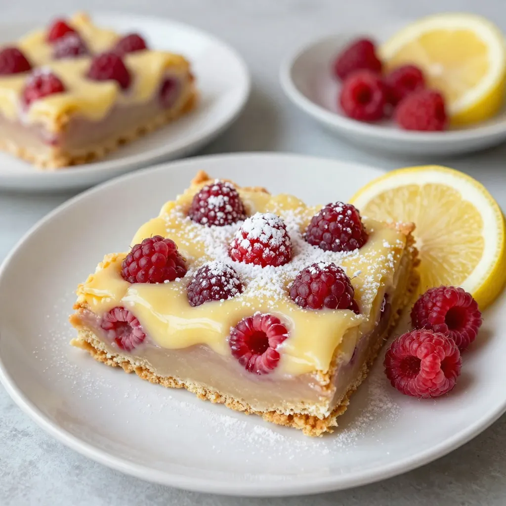 - 1 cup all-purpose flour - ½ cup powdered sugar - ¼ teaspoon salt - ½ cup unsalted butter, softened - 2 large eggs - 1 cup granulated sugar - 2 tablespoons fresh lemon zest - ⅓ cup freshly squeezed lemon juice - 1 cup fresh raspberries - 1 tablespoon cornstarch - ¼ teaspoon baking powder - Additional powdered sugar for dusting These ingredients come together to make the perfect Raspberry Lemonade Bars. Each one plays a key role in creating that sweet and zesty flavor. The flour forms the base crust, giving it a nice texture. Powdered sugar adds sweetness and helps the crust stay soft. The salt balances the flavors. Softened butter makes it easy to mix. The eggs and granulated sugar create a light and fluffy filling. Fresh lemon zest and juice give that bright, tangy taste. Fresh raspberries add a burst of flavor and color. Tossing them with cornstarch helps them keep their shape. Baking powder gives the filling a bit of lift. Finally, using extra powdered sugar for dusting adds a lovely finish. Each bite will be a delightful mix of sweet and tart! {{ingredient_image_2}} - Preheat the oven to 350°F (175°C). - Grease or line an 8x8 inch baking pan with parchment paper. - In a bowl, whisk together 1 cup of flour, ½ cup of powdered sugar, and ¼ teaspoon of salt. - In another bowl, cream ½ cup of softened butter until it is smooth. - Gradually mix the flour blend into the butter. Combine until it forms a soft dough. - Press this dough evenly into the bottom of your prepared pan. - Bake for 15 to 20 minutes until it turns a light golden brown. - In a separate bowl, beat 2 large eggs and 1 cup of granulated sugar until fluffy. - Add 2 tablespoons of lemon zest and ⅓ cup of lemon juice. Mix until smooth. - In a small bowl, toss 1 cup of fresh raspberries with 1 tablespoon of cornstarch. - Fold the raspberries gently into the lemon mixture. - Once the crust is done, pour the lemon-raspberry mixture over the hot crust. - Bake for an additional 20 to 25 minutes. The filling should be set and the edges slightly golden. - Allow the bars to cool completely in the pan. - Once cool, slice into squares or bars. - Dust with additional powdered sugar just before serving for a lovely finish. - Use softened butter. Softened butter blends well, making the crust light. - Avoid overmixing the lemon-raspberry filling. This keeps the texture smooth and creamy. - Garnish with lemon slices and fresh raspberries. This adds color and makes the bars pop. - These bars are perfect for picnics and summer gatherings. They are easy to share and enjoy. - Do not overbake. This can lead to dry bars that lose their soft texture. - Always use cornstarch for the raspberries. It helps the filling set and keeps it from being runny. Pro Tips Chill the Bars Before Serving: Allow the baked bars to cool completely in the pan, then refrigerate for at least an hour. This helps the layers set better and makes cutting neater. Use Fresh Ingredients: For the best flavor, opt for fresh lemons and raspberries. Fresh ingredients enhance the tartness and brightness of the bars. Adjust Sweetness: If you prefer a sweeter treat, feel free to increase the granulated sugar in the filling by a couple of tablespoons. Taste the lemon mixture before pouring it onto the crust. Experiment with Flavors: Add a splash of vanilla extract or a hint of almond extract to the lemon filling for a unique twist on the classic flavor profile. {{image_4}} You can switch fresh raspberries for frozen ones. Just be sure to thaw them first. This change works well when fresh raspberries are hard to find. You can also try other citrus fruits. Lime or orange juice gives a nice twist to the bars. If you need a gluten-free option, use almond flour instead of regular flour. This swap keeps the bars tasty while meeting dietary needs. You can also lower the sugar by using sweeteners like honey or agave. These options keep your dessert sweet without all the sugar. Want to jazz up your bars? Add fresh herbs like mint. This gives a cool flavor that pairs well with lemon. You can mix in other fruits too. Blueberries or strawberries add color and taste. These additions make your bars unique and fun to eat. To keep your Raspberry Lemonade Bars fresh, store them in an airtight container. This helps them stay moist and flavorful. You can layer them between parchment paper to prevent sticking. A glass or plastic container works well for storage. Just make sure it seals tightly. To freeze your Raspberry Lemonade Bars, first cut them into squares. Next, place each piece on a baking sheet lined with parchment paper. Freeze them for about two hours until firm. Once frozen, transfer the bars to a freezer-safe bag. Label the bag with the date and type of treat. To thaw, leave them in the fridge overnight, or let them sit at room temperature for about 30 minutes. These bars last about 3 days at room temperature. For best flavor, store them in the fridge, where they can last up to a week. Enjoy them chilled for a refreshing treat on warm days! Yes, you can switch up the fruit! Here are some great options: - Blueberries: They pair well with lemon. - Strawberries: A classic choice for a sweet twist. - Blackberries: Their tartness adds depth to the flavor. - Peaches: Fresh, juicy slices can brighten the bars. You can even mix fruits for a fun blend. Just keep the same measurements! To cut back on the sugar, try these tips: - Use less granulated sugar in the filling. Start with ¾ cup instead of 1 cup. - Swap some sugar for a sugar substitute like stevia or monk fruit. - Add a bit more lemon juice. It boosts flavor and balances sweetness. Taste as you go to find your perfect balance! For clean slices, follow these steps: - Use a sharp knife. A dull knife squishes the bars. - Lightly dust the knife with powdered sugar. It helps prevent sticking. - Wipe the knife with a damp cloth between cuts. This keeps edges neat. Cut the bars while they are cool for the best results. Yes, these bars are great for making in advance! Here’s how: - Bake and cool the bars completely. - Store them in an airtight container in the fridge for up to a week. - For longer storage, freeze them. Wrap each bar in plastic wrap, then place in a freezer bag. Let them thaw in the fridge overnight before serving. In this post, we explored how to make delicious lemon-raspberry bars. We covered all the ingredients, step-by-step instructions, and helpful tips to perfect your treat. Remember, keep butter soft and don’t overmix your filling. You can also experiment with different fruits or make these bars gluten-free. With proper storage, these delightful snacks will last longer. Enjoy making and sharing these bars at your next gathering. Your friends and family will love them!