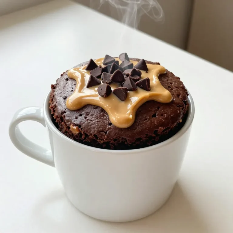 To make your chocolate peanut butter mug cake, gather these items: - 4 tablespoons all-purpose flour - 3 tablespoons granulated sugar - 2 tablespoons unsweetened cocoa powder - 1/8 teaspoon baking powder - 1/4 teaspoon salt - 3 tablespoons milk (you can use any non-dairy milk) - 2 tablespoons creamy peanut butter - 1 tablespoon vegetable oil - 1/4 teaspoon pure vanilla extract - Optional: a handful of chocolate chips You can adjust the recipe to suit your needs. If you want a gluten-free option, swap all-purpose flour with gluten-free flour. For a lower-sugar version, use a sugar substitute. The milk can be any type, like almond or oat milk. This flexibility helps you create a version that fits your diet. Want to take your mug cake to the next level? Try adding: - A handful of chocolate chips for extra sweetness - A sprinkle of sea salt on top for a sweet-salty mix - Chopped nuts for crunch These add-ins make the cake richer and more fun. They let you put your spin on this delightful treat! {{ingredient_image_2}} Choose a microwave-safe mug that holds at least 12oz. Add the dry ingredients: - 4 tablespoons all-purpose flour - 3 tablespoons granulated sugar - 2 tablespoons unsweetened cocoa powder - 1/8 teaspoon baking powder - 1/4 teaspoon salt Mix these ingredients with a spoon. Make sure there are no lumps. A good mix helps the cake rise well. Now, it’s time for the wet ingredients. Pour in: - 3 tablespoons milk - 2 tablespoons creamy peanut butter - 1 tablespoon vegetable oil - 1/4 teaspoon pure vanilla extract Use a fork or small whisk to blend the wet and dry ingredients. Mix until you have a smooth batter. If you want extra flavor, fold in a handful of chocolate chips. Place your mug in the microwave. Cook on high for 1 minute and 30 seconds. Watch the cake as it cooks. It should rise and look set. If the center seems gooey, cook in 15-second bursts until done. After cooking, let the mug cool for about a minute. Enjoy your cake as is, or add some whipped cream, extra peanut butter, or chopped nuts for a tasty finish. To make the best chocolate peanut butter mug cake, focus on mixing well. Mix the dry ingredients first. This helps to avoid clumps. When you add wet ingredients, stir until smooth. A few lumps are fine, but try to get it mostly smooth. If your batter is too thick, add a splash more milk. A slightly runny batter can make the cake moist and fluffy. Microwaves cook fast, so keep a close watch. Start with 1 minute and 30 seconds. If the cake looks wet in the middle, cook it longer. Check every 15 seconds. Overcooking can make it rubbery, which isn’t tasty. Each microwave has its quirks, so adjust the time according to your machine. A perfect mug cake will rise nicely and look set on top. Serving this cake is fun! You can top it with whipped cream for a creamy contrast. A spoonful of peanut butter adds richness. Try chocolate chips for extra sweetness. Chopped nuts give a nice crunch, too. You can even add fresh fruit like strawberries or bananas for a fresh touch. Each topping can change the cake's flavor, so mix and match! Pro Tips Use a larger mug: A 12oz mug is ideal to prevent overflow as the cake rises while cooking. Check your microwave wattage: Microwaves vary in power; adjust cooking time if your cake isn’t set after 1 minute and 30 seconds. Experiment with flavors: Try adding a pinch of cinnamon or a splash of coffee for a unique twist on the classic chocolate-peanut butter combo. Serve warm: This mug cake is best enjoyed fresh and warm, topped with your favorite toppings like whipped cream or extra peanut butter. {{image_4}} To make a vegan chocolate peanut butter mug cake, swap the milk for a non-dairy option like almond or oat milk. Use a plant-based butter or coconut oil instead of vegetable oil. This keeps the taste rich while being dairy-free. You can still enjoy that creamy peanut butter flavor, making it a perfect vegan treat. For a gluten-free version, replace the all-purpose flour with a gluten-free flour blend. Almond flour or oat flour works well too. Ensure your cocoa powder is also gluten-free to avoid any issues. This way, you can savor the mug cake without worrying about gluten. You can mix things up by adding different flavors. Try swapping the cocoa powder for vanilla powder for a unique taste. You can also add a pinch of cinnamon for warmth. For a fruity twist, toss in some mashed banana or applesauce. If you love nuts, sprinkle in some chopped walnuts or pecans for crunch. Each change brings a new delight to your chocolate peanut butter mug cake! Store any leftover cake in an airtight container. Keep it at room temperature for one day. If you need to save it longer, move it to the fridge. It will stay fresh there for up to three days. Make sure to cover it well to prevent it from drying out. To reheat your mug cake, start by removing it from the container. Place it back in the microwave. Heat it for about 10 to 15 seconds. Check if it’s warm enough. If not, heat it for another 10 seconds. Be careful not to overheat, or it may become tough. You can freeze your mug cake if you want to save it for later. Wrap it tightly in plastic wrap. Then put it in a freezer-safe bag. It will last for up to a month in the freezer. To eat, let it thaw in the fridge overnight. Reheat it in the microwave when you're ready to enjoy it. Making a chocolate peanut butter mug cake takes about two minutes. You spend five minutes preparing the ingredients. Then, you cook it for one minute and thirty seconds in the microwave. It’s a quick treat! Yes, you can make this recipe without milk. You can use any non-dairy milk instead. Almond milk or oat milk works well. You can also use water if you run out of milk. You can add many fun toppings to this mug cake. Here are some ideas: - Whipped cream - Extra peanut butter - Chopped nuts - Sliced bananas - Chocolate chips - Caramel sauce These toppings can make your mug cake even more delicious! In this blog post, I shared how to make a simple chocolate peanut butter mug cake. We covered all necessary ingredients, measurements, and optional add-ins. I explained each step, from mixing to cooking in the microwave. Helpful tips ensured you achieve the best texture and avoid overcooking. I offered vegan and gluten-free variations, plus storage info. Remember, this mug cake is quick, easy, and delicious. Enjoy experimenting with flavors and toppings to make it your own! Happy baking!