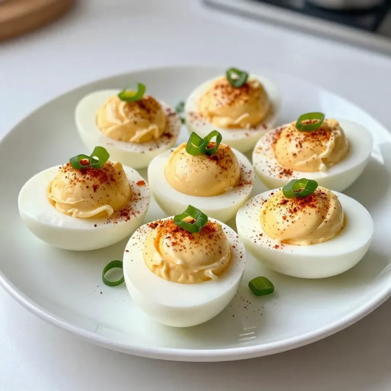 To make classic deviled eggs, you need a few simple ingredients. Here’s the list: - 6 large eggs - 3 tablespoons high-quality mayonnaise - 1 teaspoon Dijon mustard - 1 teaspoon apple cider vinegar - 1/4 teaspoon smoked paprika plus extra for garnish - Sea salt and freshly cracked black pepper to taste - 2 green onions, finely chopped (for final garnish) - 1 teaspoon capers, rinsed and finely minced (for a zesty kick) Each ingredient plays a key role. The eggs form the base, while mayonnaise gives creaminess. Dijon mustard adds a hint of spice, and apple cider vinegar gives a tangy touch. Smoked paprika creates depth of flavor and color. Sea salt and black pepper season the filling just right. Green onions provide freshness, and capers add a nice zesty kick. Using high-quality mayo makes a big difference. It enhances the smooth texture and rich taste. Fresh ingredients always yield the best results. So, make sure to pick the finest eggs and spices. When you combine these ingredients, you create a delightful filling that everyone will love. Enjoy your cooking! {{ingredient_image_2}} - Gently place eggs in a saucepan and fill with cold water. - Bring to a boil, then cover and remove from heat. Start by placing six large eggs in a medium saucepan. Make sure the water covers the eggs by about one inch. This helps them cook evenly. Once you see bubbles, cover the pot and take it off the heat. Let the eggs sit for 12 minutes. This method gives you perfect, hard-boiled eggs. - Transfer eggs to ice water for cooling. - Peel the eggs under cool running water. Next, carefully move the eggs to a bowl of ice water. Let them cool for at least five minutes. This step stops the cooking. It also makes peeling easier. When you peel the eggs, do it under cool running water. The water helps remove the shell without damaging the egg. - Slice eggs in half and scoop yolks into a bowl. - Mix yolks with mayonnaise, mustard, vinegar, smoked paprika, salt, and pepper. - Optional: Fold in minced capers for added flavor. Now, take a sharp knife and cut each egg in half lengthwise. Scoop the bright yellow yolks into a bowl. Add three tablespoons of mayonnaise, one teaspoon of Dijon mustard, one teaspoon of apple cider vinegar, and a quarter teaspoon of smoked paprika. Sprinkle in some sea salt and freshly cracked black pepper. Mix this all together until it's smooth. For more flavor, fold in one teaspoon of minced capers. They add a nice twist! - Spoon yolk mixture back into egg whites or use a piping bag. - Garnish with green onions and smoked paprika. Time to fill the egg whites! You can spoon the yolk mixture back into the whites or use a piping bag for a fun design. Once they’re filled, sprinkle chopped green onions and a bit more smoked paprika on top. This makes them look great for any gathering! To avoid green rings on yolks, use the right boiling method. After boiling, remove the pan from heat and cover it. Let the eggs sit for 12 minutes. This method keeps yolks bright and creamy. For cooling, use ice water. This stops the cooking process and helps with peeling. Leave the eggs in the ice water for at least 5 minutes. Add extra spices to boost flavor. You can try garlic powder, cayenne pepper, or dill. These spices add a unique twist to your classic deviled eggs. For mayonnaise, choose high-quality brands like Hellmann's or Duke's. They have rich flavors that make a big difference. For mustard, Dijon is great, but you can also try spicy brown mustard for a kick. Garnishing can make your deviled eggs stand out. Top them with finely chopped green onions or a sprinkle of smoked paprika. You can also add whole capers or a small sprig of dill for extra flair. When serving, arrange the eggs on a colorful platter. This makes them look even more appetizing and fun. Pro Tips Perfect Boiling Technique: For perfectly cooked eggs, ensure that the water is at a rolling boil before removing from heat to steep. This method prevents overcooking and helps avoid that greenish hue around the yolk. Cooling Down: Immediately transferring the eggs to an ice water bath after boiling is crucial. This not only stops the cooking process but also makes peeling the eggs significantly easier. Flavor Boost: Consider adding a splash of hot sauce or a pinch of cayenne pepper to the yolk mixture for an extra kick. This can elevate the flavor profile and add a delightful surprise for your guests. Presentation Matters: Use a piping bag to fill the egg whites for a professional look. You can also experiment with different garnishes like microgreens or edible flowers for a visually stunning presentation. {{image_4}} For a Southern twist, you can add sweet pickle relish and a dash of hot sauce. These ingredients give the eggs a sweet and spicy kick. The sweetness balances the creamy yolk mix. This classic style often includes a sprinkle of paprika for color. You can also use crumbled bacon on top for extra crunch. If you like heat, try spicy deviled eggs. Add a few drops of hot sauce to the yolk mix. You can also mix in finely chopped jalapeños for a fiery flavor. The kick of spice works well with the creamy filling. Garnish with a slice of jalapeño on top for a bold look. You can make deviled eggs vegan by swapping the mayo for avocado or cashew cream. Use mashed avocado for a rich and creamy filling. Add lemon juice for tanginess. You can also replace the eggs with tofu, mixing it with spices for a similar texture. This way, everyone can enjoy delicious deviled eggs! To keep your deviled eggs fresh, store them in the fridge. Place them in an airtight container. If you do not have a container, you can cover them with plastic wrap. Make sure they are in a single layer to avoid squishing. Try to eat them within two days for the best taste. Can you freeze deviled eggs? I do not recommend freezing them. The texture of the egg whites changes when frozen. They can become watery and rubbery when thawed. If you must freeze them, try to only freeze the yolk mixture. Mix and store it in a freezer-safe bag. Defrost it in the fridge when ready to use. How long do deviled eggs last in the fridge? They can last about three to four days. Always check for any off smell or discoloration before eating. If you notice any change, it’s best to throw them away. Keeping track of storage time helps ensure you enjoy them at their best. To hard-boil eggs, start by placing them gently in a saucepan. Cover them with cold water, about an inch above the eggs. Heat the pan on medium until the water boils. Once boiling, cover the pan and remove it from heat. Let the eggs sit in this heat for 12 minutes. This method keeps the yolks bright and creamy. Yes, you can make deviled eggs a day ahead. Prepare the filling and store it in the fridge. Keep the egg whites separate until you're ready to serve. This helps them stay fresh and tasty. You can customize deviled eggs easily. Try adding spices like garlic powder or hot sauce for a kick. You can also mix in ingredients like bacon bits or chopped herbs for extra flavor. Each addition can give your eggs a unique twist. Deviled eggs pair well with many dips and sides. Consider serving them with a light salad, fresh veggies, or crackers. They also go nicely with dips like hummus or guacamole. This makes for a fun and tasty spread at any gathering. In this post, I shared a simple recipe for delicious deviled eggs. We covered key ingredients, step-by-step instructions, and helpful tips. You learned how to boil, cool, and fill the eggs properly. I also offered variations for classic, spicy, and plant-based options. Keep these tips in mind for tasty deviled eggs that impress. Enjoy your cooking and get creative in the kitchen!