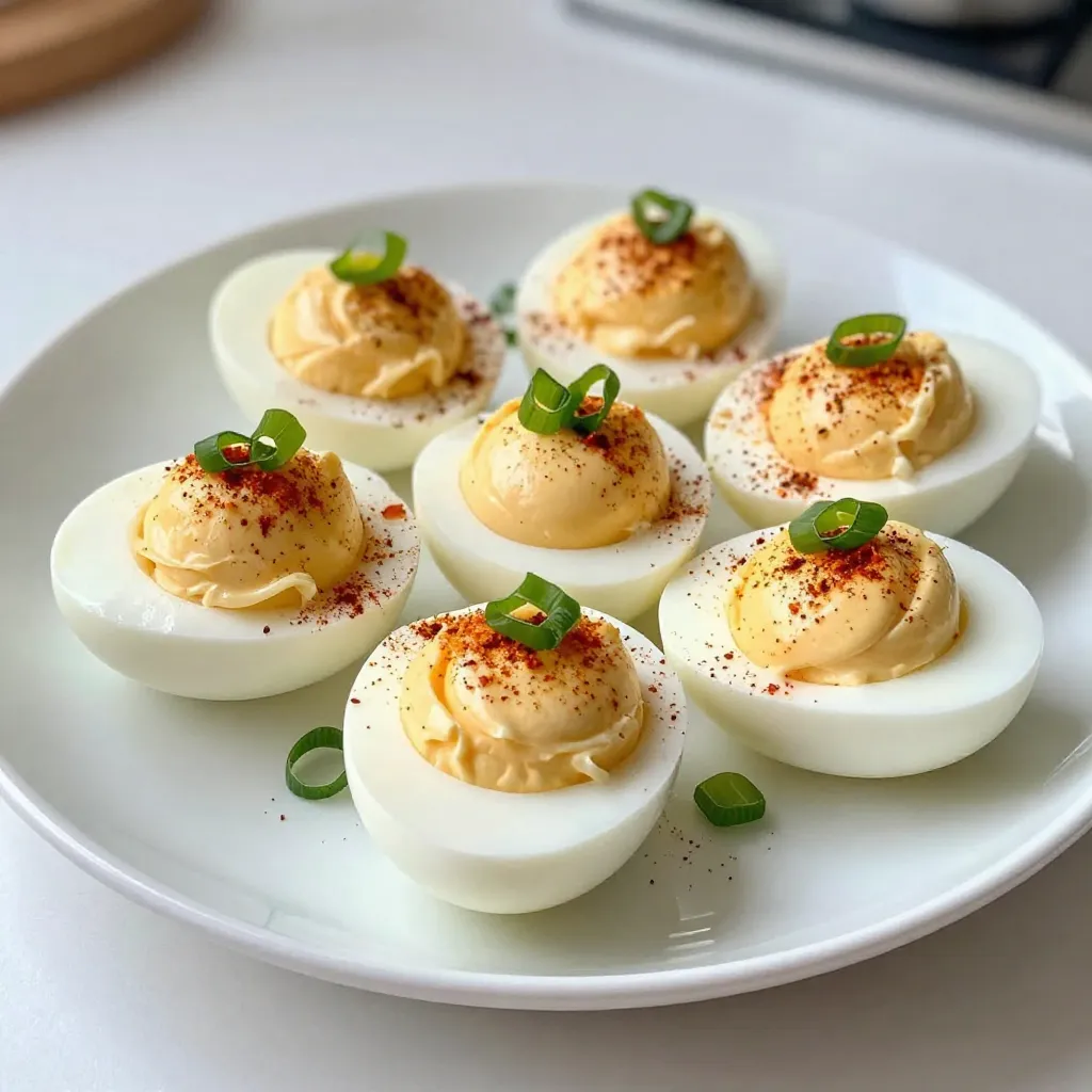 To make classic deviled eggs, you need a few simple ingredients. Here’s the list: - 6 large eggs - 3 tablespoons high-quality mayonnaise - 1 teaspoon Dijon mustard - 1 teaspoon apple cider vinegar - 1/4 teaspoon smoked paprika plus extra for garnish - Sea salt and freshly cracked black pepper to taste - 2 green onions, finely chopped (for final garnish) - 1 teaspoon capers, rinsed and finely minced (for a zesty kick) Each ingredient plays a key role. The eggs form the base, while mayonnaise gives creaminess. Dijon mustard adds a hint of spice, and apple cider vinegar gives a tangy touch. Smoked paprika creates depth of flavor and color. Sea salt and black pepper season the filling just right. Green onions provide freshness, and capers add a nice zesty kick. Using high-quality mayo makes a big difference. It enhances the smooth texture and rich taste. Fresh ingredients always yield the best results. So, make sure to pick the finest eggs and spices. When you combine these ingredients, you create a delightful filling that everyone will love. Enjoy your cooking! {{ingredient_image_2}} - Gently place eggs in a saucepan and fill with cold water. - Bring to a boil, then cover and remove from heat. Start by placing six large eggs in a medium saucepan. Make sure the water covers the eggs by about one inch. This helps them cook evenly. Once you see bubbles, cover the pot and take it off the heat. Let the eggs sit for 12 minutes. This method gives you perfect, hard-boiled eggs. - Transfer eggs to ice water for cooling. - Peel the eggs under cool running water. Next, carefully move the eggs to a bowl of ice water. Let them cool for at least five minutes. This step stops the cooking. It also makes peeling easier. When you peel the eggs, do it under cool running water. The water helps remove the shell without damaging the egg. - Slice eggs in half and scoop yolks into a bowl. - Mix yolks with mayonnaise, mustard, vinegar, smoked paprika, salt, and pepper. - Optional: Fold in minced capers for added flavor. Now, take a sharp knife and cut each egg in half lengthwise. Scoop the bright yellow yolks into a bowl. Add three tablespoons of mayonnaise, one teaspoon of Dijon mustard, one teaspoon of apple cider vinegar, and a quarter teaspoon of smoked paprika. Sprinkle in some sea salt and freshly cracked black pepper. Mix this all together until it's smooth. For more flavor, fold in one teaspoon of minced capers. They add a nice twist! - Spoon yolk mixture back into egg whites or use a piping bag. - Garnish with green onions and smoked paprika. Time to fill the egg whites! You can spoon the yolk mixture back into the whites or use a piping bag for a fun design. Once they’re filled, sprinkle chopped green onions and a bit more smoked paprika on top. This makes them look great for any gathering! To avoid green rings on yolks, use the right boiling method. After boiling, remove the pan from heat and cover it. Let the eggs sit for 12 minutes. This method keeps yolks bright and creamy. For cooling, use ice water. This stops the cooking process and helps with peeling. Leave the eggs in the ice water for at least 5 minutes. Add extra spices to boost flavor. You can try garlic powder, cayenne pepper, or dill. These spices add a unique twist to your classic deviled eggs. For mayonnaise, choose high-quality brands like Hellmann's or Duke's. They have rich flavors that make a big difference. For mustard, Dijon is great, but you can also try spicy brown mustard for a kick. Garnishing can make your deviled eggs stand out. Top them with finely chopped green onions or a sprinkle of smoked paprika. You can also add whole capers or a small sprig of dill for extra flair. When serving, arrange the eggs on a colorful platter. This makes them look even more appetizing and fun. Pro Tips Perfect Boiling Technique: For perfectly cooked eggs, ensure that the water is at a rolling boil before removing from heat to steep. This method prevents overcooking and helps avoid that greenish hue around the yolk. Cooling Down: Immediately transferring the eggs to an ice water bath after boiling is crucial. This not only stops the cooking process but also makes peeling the eggs significantly easier. Flavor Boost: Consider adding a splash of hot sauce or a pinch of cayenne pepper to the yolk mixture for an extra kick. This can elevate the flavor profile and add a delightful surprise for your guests. Presentation Matters: Use a piping bag to fill the egg whites for a professional look. You can also experiment with different garnishes like microgreens or edible flowers for a visually stunning presentation. {{image_4}} For a Southern twist, you can add sweet pickle relish and a dash of hot sauce. These ingredients give the eggs a sweet and spicy kick. The sweetness balances the creamy yolk mix. This classic style often includes a sprinkle of paprika for color. You can also use crumbled bacon on top for extra crunch. If you like heat, try spicy deviled eggs. Add a few drops of hot sauce to the yolk mix. You can also mix in finely chopped jalapeños for a fiery flavor. The kick of spice works well with the creamy filling. Garnish with a slice of jalapeño on top for a bold look. You can make deviled eggs vegan by swapping the mayo for avocado or cashew cream. Use mashed avocado for a rich and creamy filling. Add lemon juice for tanginess. You can also replace the eggs with tofu, mixing it with spices for a similar texture. This way, everyone can enjoy delicious deviled eggs! To keep your deviled eggs fresh, store them in the fridge. Place them in an airtight container. If you do not have a container, you can cover them with plastic wrap. Make sure they are in a single layer to avoid squishing. Try to eat them within two days for the best taste. Can you freeze deviled eggs? I do not recommend freezing them. The texture of the egg whites changes when frozen. They can become watery and rubbery when thawed. If you must freeze them, try to only freeze the yolk mixture. Mix and store it in a freezer-safe bag. Defrost it in the fridge when ready to use. How long do deviled eggs last in the fridge? They can last about three to four days. Always check for any off smell or discoloration before eating. If you notice any change, it’s best to throw them away. Keeping track of storage time helps ensure you enjoy them at their best. To hard-boil eggs, start by placing them gently in a saucepan. Cover them with cold water, about an inch above the eggs. Heat the pan on medium until the water boils. Once boiling, cover the pan and remove it from heat. Let the eggs sit in this heat for 12 minutes. This method keeps the yolks bright and creamy. Yes, you can make deviled eggs a day ahead. Prepare the filling and store it in the fridge. Keep the egg whites separate until you're ready to serve. This helps them stay fresh and tasty. You can customize deviled eggs easily. Try adding spices like garlic powder or hot sauce for a kick. You can also mix in ingredients like bacon bits or chopped herbs for extra flavor. Each addition can give your eggs a unique twist. Deviled eggs pair well with many dips and sides. Consider serving them with a light salad, fresh veggies, or crackers. They also go nicely with dips like hummus or guacamole. This makes for a fun and tasty spread at any gathering. In this post, I shared a simple recipe for delicious deviled eggs. We covered key ingredients, step-by-step instructions, and helpful tips. You learned how to boil, cool, and fill the eggs properly. I also offered variations for classic, spicy, and plant-based options. Keep these tips in mind for tasty deviled eggs that impress. Enjoy your cooking and get creative in the kitchen!