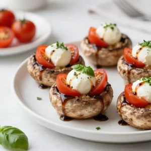 - 4 large portobello mushrooms, stems removed - 1 cup cherry tomatoes, halved - 1 cup fresh mozzarella balls, halved - 1/4 cup fresh basil leaves, finely chopped - 2 tablespoons balsamic glaze - 2 tablespoons extra virgin olive oil - 1 teaspoon garlic powder - Salt and black pepper, to taste - Optional: Extra fresh basil leaves for garnish The star of this dish is the portobello mushrooms. Their large size makes a perfect base for stuffing. I love their meaty texture and rich flavor. Next, we have cherry tomatoes, which add a burst of sweetness. Fresh mozzarella balls bring creaminess, while basil adds a fresh kick. Balsamic glaze ties it all together with a sweet and tangy touch. Extra virgin olive oil helps with cooking and adds flavor. Garlic powder gives it a nice depth. Don&rsquo;t forget salt and black pepper to enhance every bite. You can also add extra basil leaves to make it look pretty. Gather these ingredients to create a dish that&rsquo;s full of flavor and fun to make! {{ingredient_image_2}} - Preheat the oven to 400&deg;F (200&deg;C). - Prepare your baking sheet with parchment paper. This helps keep things clean. - Brush the portobello mushrooms with olive oil. This adds flavor and helps them cook. - Sprinkle garlic powder, salt, and pepper on each mushroom. Even seasoning is key for great taste. - In a bowl, mix halved cherry tomatoes, mozzarella balls, and chopped basil. Toss gently to blend the flavors. - Fill each portobello cap with the tomato and mozzarella mix. Pack it in well for a tasty bite. - Drizzle balsamic glaze over the stuffed mushrooms. This adds a sweet and tangy flavor. - Place the baking sheet in the oven. Bake for 15-20 minutes. Watch for tender mushrooms and melted cheese. - Present the Caprese stuffed portobellos on a bright serving platter. - Drizzle extra balsamic glaze around the plate for a nice touch. - Add fresh basil leaves for color and flair. - Pair with a crisp green salad or garlic bread for a full meal. - Use goat cheese or feta instead of mozzarella for a different flavor. - Swap cherry tomatoes for sun-dried tomatoes for a richer taste. - Fresh spinach can replace basil for a new twist. - Try using arugula for a peppery kick in the filling. - Brush mushrooms evenly with olive oil to ensure even cooking. - Bake until mushrooms are tender and cheese is melted. - Keep an eye on the cheese; it should bubble and turn golden. - Let mushrooms cool a few minutes before serving to avoid burns. Pro Tips Choose Fresh Ingredients: Opt for ripe cherry tomatoes and high-quality fresh mozzarella for the best flavor. Fresh ingredients enhance the overall taste of the dish. Experiment with Cheese: If you want to switch things up, try using burrata cheese instead of mozzarella for a creamier texture that complements the other ingredients beautifully. Make it Vegan: Substitute the mozzarella with a dairy-free cheese option or use marinated tofu for a delicious vegan-friendly version of this recipe. Perfect Balsamic Glaze: If making homemade balsamic glaze, reduce balsamic vinegar over low heat until it thickens. This concentrated flavor adds a gourmet touch to your stuffed mushrooms. {{image_4}} You can change up the flavors in Caprese stuffed portobellos. Start by adding other veggies. Try bell peppers, zucchini, or spinach for extra crunch and taste. You can also mix in olives or artichokes for a Mediterranean twist. Adding meats can create a heartier dish. Prosciutto adds a salty kick. Cooked chicken or turkey can also work well. Just chop them small and mix them into your filling. If you want a vegan option, swap the mozzarella with a plant-based cheese. You can also use cashew cream for a creamy texture. For a dairy-free dish, check the labels on your cheese. Many brands offer great dairy-free choices. Gluten-free? Use gluten-free bread crumbs in your filling or skip the breadcrumbs altogether. The portobello mushrooms will still be tasty and filling. Use seasonal produce to enhance your dish. In summer, ripe tomatoes burst with flavor. In fall, try adding roasted butternut squash for a sweet touch. Adjust your recipe with seasonal herbs too. Fresh thyme or oregano can bring a new flavor dimension. These changes keep your Caprese stuffed portobellos fresh and exciting all year round. To keep your Caprese stuffed portobellos fresh, store them in the fridge. Place the leftovers in an airtight container. They will last for about 3 days. Make sure to let them cool down before sealing. If you want to save them longer, you can freeze them. Wrap each mushroom well in plastic wrap and then place them in a freezer-safe bag. They can stay fresh for up to 2 months. When you're ready to enjoy your leftovers, reheating is key. The best way to do this is in the oven. Preheat your oven to 350&deg;F (175&deg;C). Place the stuffed mushrooms on a baking sheet. Heat them for about 10-15 minutes. This way, they stay moist and tasty. If you prefer a quicker method, you can use the microwave. Just heat them for 1-2 minutes, but be careful. This method can dry them out. To freshen up leftovers, you can drizzle a little extra balsamic glaze on top. Adding a few fresh basil leaves can also brighten the flavors. Enjoy your delicious meal again! Yes, you can prepare these stuffed mushrooms ahead of time. To do this, follow these steps: - Prepare the mushrooms: Brush them with olive oil and season as directed. - Mix the filling: Combine the tomatoes, mozzarella, and basil. - Assemble but don&rsquo;t bake: Fill the mushrooms with the mixture but skip baking for now. Store the stuffed mushrooms in the fridge. When ready to bake, just add the balsamic glaze and pop them in the oven. They will taste fresh and delicious! Look for these signs to check if your mushrooms are ready: - Tenderness: The mushrooms should feel soft to the touch. - Cheese bubbling: The mozzarella should be melted and slightly bubbly. - Color change: The edges of the mushrooms may turn golden brown. If you see these signs, your Caprese Stuffed Portobellos are done and ready to enjoy! You have many great options for sides and drinks. Here are some ideas: - Salads: A light green salad with lemon dressing works well. - Bread: Serve with crusty bread or garlic bread for dipping. - Wine: Pair with a crisp white wine, like Sauvignon Blanc or Pinot Grigio. - Vegetables: Grilled or roasted vegetables add extra flavor. These pairings will enhance your meal and make it even more enjoyable! This blog post covered how to make delicious Caprese Stuffed Portobellos. We explored the right ingredients and preparation steps. You learned how to bake and serve this tasty dish perfectly. In conclusion, by using fresh ingredients and easy methods, you can impress anyone. Enjoy creating your own twist on this recipe, and share it with friends. Happy cooking!