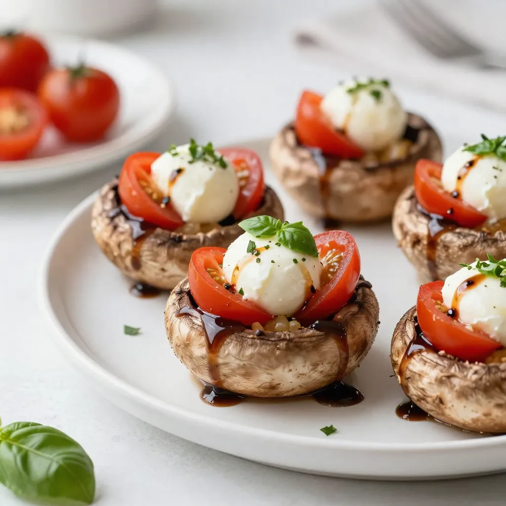 - 4 large portobello mushrooms, stems removed - 1 cup cherry tomatoes, halved - 1 cup fresh mozzarella balls, halved - 1/4 cup fresh basil leaves, finely chopped - 2 tablespoons balsamic glaze - 2 tablespoons extra virgin olive oil - 1 teaspoon garlic powder - Salt and black pepper, to taste - Optional: Extra fresh basil leaves for garnish The star of this dish is the portobello mushrooms. Their large size makes a perfect base for stuffing. I love their meaty texture and rich flavor. Next, we have cherry tomatoes, which add a burst of sweetness. Fresh mozzarella balls bring creaminess, while basil adds a fresh kick. Balsamic glaze ties it all together with a sweet and tangy touch. Extra virgin olive oil helps with cooking and adds flavor. Garlic powder gives it a nice depth. Don’t forget salt and black pepper to enhance every bite. You can also add extra basil leaves to make it look pretty. Gather these ingredients to create a dish that’s full of flavor and fun to make! {{ingredient_image_2}} - Preheat the oven to 400°F (200°C). - Prepare your baking sheet with parchment paper. This helps keep things clean. - Brush the portobello mushrooms with olive oil. This adds flavor and helps them cook. - Sprinkle garlic powder, salt, and pepper on each mushroom. Even seasoning is key for great taste. - In a bowl, mix halved cherry tomatoes, mozzarella balls, and chopped basil. Toss gently to blend the flavors. - Fill each portobello cap with the tomato and mozzarella mix. Pack it in well for a tasty bite. - Drizzle balsamic glaze over the stuffed mushrooms. This adds a sweet and tangy flavor. - Place the baking sheet in the oven. Bake for 15-20 minutes. Watch for tender mushrooms and melted cheese. - Present the Caprese stuffed portobellos on a bright serving platter. - Drizzle extra balsamic glaze around the plate for a nice touch. - Add fresh basil leaves for color and flair. - Pair with a crisp green salad or garlic bread for a full meal. - Use goat cheese or feta instead of mozzarella for a different flavor. - Swap cherry tomatoes for sun-dried tomatoes for a richer taste. - Fresh spinach can replace basil for a new twist. - Try using arugula for a peppery kick in the filling. - Brush mushrooms evenly with olive oil to ensure even cooking. - Bake until mushrooms are tender and cheese is melted. - Keep an eye on the cheese; it should bubble and turn golden. - Let mushrooms cool a few minutes before serving to avoid burns. Pro Tips Choose Fresh Ingredients: Opt for ripe cherry tomatoes and high-quality fresh mozzarella for the best flavor. Fresh ingredients enhance the overall taste of the dish. Experiment with Cheese: If you want to switch things up, try using burrata cheese instead of mozzarella for a creamier texture that complements the other ingredients beautifully. Make it Vegan: Substitute the mozzarella with a dairy-free cheese option or use marinated tofu for a delicious vegan-friendly version of this recipe. Perfect Balsamic Glaze: If making homemade balsamic glaze, reduce balsamic vinegar over low heat until it thickens. This concentrated flavor adds a gourmet touch to your stuffed mushrooms. {{image_4}} You can change up the flavors in Caprese stuffed portobellos. Start by adding other veggies. Try bell peppers, zucchini, or spinach for extra crunch and taste. You can also mix in olives or artichokes for a Mediterranean twist. Adding meats can create a heartier dish. Prosciutto adds a salty kick. Cooked chicken or turkey can also work well. Just chop them small and mix them into your filling. If you want a vegan option, swap the mozzarella with a plant-based cheese. You can also use cashew cream for a creamy texture. For a dairy-free dish, check the labels on your cheese. Many brands offer great dairy-free choices. Gluten-free? Use gluten-free bread crumbs in your filling or skip the breadcrumbs altogether. The portobello mushrooms will still be tasty and filling. Use seasonal produce to enhance your dish. In summer, ripe tomatoes burst with flavor. In fall, try adding roasted butternut squash for a sweet touch. Adjust your recipe with seasonal herbs too. Fresh thyme or oregano can bring a new flavor dimension. These changes keep your Caprese stuffed portobellos fresh and exciting all year round. To keep your Caprese stuffed portobellos fresh, store them in the fridge. Place the leftovers in an airtight container. They will last for about 3 days. Make sure to let them cool down before sealing. If you want to save them longer, you can freeze them. Wrap each mushroom well in plastic wrap and then place them in a freezer-safe bag. They can stay fresh for up to 2 months. When you're ready to enjoy your leftovers, reheating is key. The best way to do this is in the oven. Preheat your oven to 350°F (175°C). Place the stuffed mushrooms on a baking sheet. Heat them for about 10-15 minutes. This way, they stay moist and tasty. If you prefer a quicker method, you can use the microwave. Just heat them for 1-2 minutes, but be careful. This method can dry them out. To freshen up leftovers, you can drizzle a little extra balsamic glaze on top. Adding a few fresh basil leaves can also brighten the flavors. Enjoy your delicious meal again! Yes, you can prepare these stuffed mushrooms ahead of time. To do this, follow these steps: - Prepare the mushrooms: Brush them with olive oil and season as directed. - Mix the filling: Combine the tomatoes, mozzarella, and basil. - Assemble but don’t bake: Fill the mushrooms with the mixture but skip baking for now. Store the stuffed mushrooms in the fridge. When ready to bake, just add the balsamic glaze and pop them in the oven. They will taste fresh and delicious! Look for these signs to check if your mushrooms are ready: - Tenderness: The mushrooms should feel soft to the touch. - Cheese bubbling: The mozzarella should be melted and slightly bubbly. - Color change: The edges of the mushrooms may turn golden brown. If you see these signs, your Caprese Stuffed Portobellos are done and ready to enjoy! You have many great options for sides and drinks. Here are some ideas: - Salads: A light green salad with lemon dressing works well. - Bread: Serve with crusty bread or garlic bread for dipping. - Wine: Pair with a crisp white wine, like Sauvignon Blanc or Pinot Grigio. - Vegetables: Grilled or roasted vegetables add extra flavor. These pairings will enhance your meal and make it even more enjoyable! This blog post covered how to make delicious Caprese Stuffed Portobellos. We explored the right ingredients and preparation steps. You learned how to bake and serve this tasty dish perfectly. In conclusion, by using fresh ingredients and easy methods, you can impress anyone. Enjoy creating your own twist on this recipe, and share it with friends. Happy cooking!