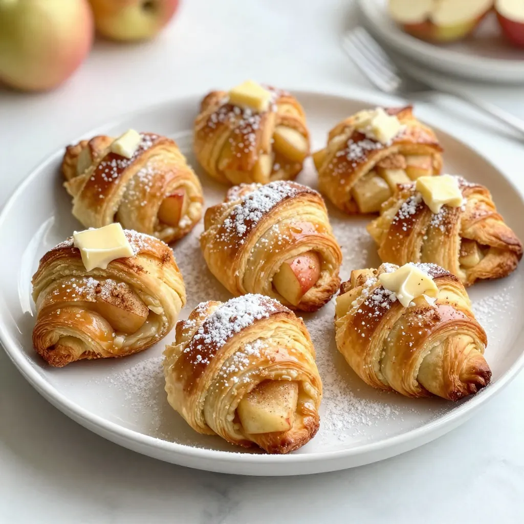 - 1 can refrigerated crescent roll dough - 2 medium apples, peeled, cored, and diced into small pieces - 1/4 cup packed brown sugar - 1 teaspoon ground cinnamon - 1 tablespoon fresh lemon juice - 1 tablespoon unsalted butter, melted - 1 egg, beaten (for egg wash) - Optional: powdered sugar for dusting To make these apple pie crescent bites, gather the above ingredients. Each part adds flavor and texture. The apples give sweetness, while the brown sugar adds depth. Cinnamon brings warmth, and lemon juice brightens the mix. You can swap some ingredients if needed. For apples, use any type you like. Granny Smith or Fuji work well. Instead of brown sugar, white sugar or coconut sugar can work. Use nutmeg if you lack cinnamon. For a vegan option, replace butter with coconut oil. When it comes to crescent roll dough, I recommend Pillsbury. It’s easy to find and bakes up well. For apples, look for organic varieties for better taste. For brown sugar, I trust Domino. Their sugar is rich and flavorful. Choose large eggs from a trusted brand for your egg wash, ensuring a golden finish. {{ingredient_image_2}} First, you need to preheat your oven to 375°F (190°C). This step is key for crisp and golden bites. While your oven heats up, take a baking sheet and line it with parchment paper. This will help keep the bites from sticking. Next, let’s make the apple filling. In a medium bowl, combine the diced apples with brown sugar, cinnamon, and lemon juice. Mix them well. You want all the apple pieces coated in sweetness and spice. This filling adds a warm flavor to your crescent bites. Now, it’s time to work with the crescent roll dough. Open the can and unroll it on a clean surface. You will see the dough is in triangles. Follow the package instructions to separate each triangle carefully. This dough will hold your tasty filling. Take a spoonful of the apple mixture and place it at the wide end of each triangle. Be careful not to overfill; you want to keep the filling inside. Starting from the wide end, roll each triangle towards the narrow end. Pinch the ends to seal the filling inside. This step is important to keep everything together. Arrange the rolled bites on the prepared baking sheet, leaving space between them. Brush the tops with melted butter, then apply the beaten egg wash. This will give them a golden finish. Place the baking sheet in the oven and bake for 12-15 minutes. Keep an eye on them; you want them puffed up and golden brown. Once done, let them cool for a few minutes. If you like, dust them with powdered sugar for a sweet touch. Enjoy your delicious apple pie crescent bites! To get perfectly baked bites, follow a few key steps. First, preheat your oven to 375°F (190°C). This ensures even cooking. Second, use parchment paper on your baking sheet. This keeps the bites from sticking. Finally, watch the baking time closely. Bake for 12-15 minutes until golden brown. A good rule is to look for puffed-up bites that are nicely browned. No one likes soggy bottoms on their bites. To prevent this, you can take a few simple steps. Make sure to drain any excess liquid from the apple filling. This keeps the dough dry. Also, avoid overfilling each crescent roll. A spoonful of filling is just right. Lastly, baking on parchment paper allows for better air flow under the bites, keeping them crisp. If you want to skip butter in your egg wash, there are great alternatives. You can use milk for a lighter glaze. Simply brush a little milk on top before baking. Another option is using olive oil. This gives a nice flavor and golden color. For a vegan choice, try a mixture of almond milk and maple syrup. These options still help create that shiny, appealing finish you want. Pro Tips Use Tart Apples: For a balance of sweetness and tartness, opt for Granny Smith apples or a mix of sweet and tart apples to enhance the flavor of the filling. Chill the Dough: Keep the crescent roll dough chilled until you’re ready to use it. This helps maintain its flaky texture while baking. Experiment with Spices: Feel free to add a pinch of nutmeg or allspice to the apple mixture for an extra layer of flavor that complements the cinnamon. Storage Tips: Store any leftovers in an airtight container in the fridge for up to 3 days. Reheat in the oven for a few minutes to restore their crispiness. {{image_4}} You can change the filling to suit your taste. Try using pears instead of apples. You can also mix in some berries for a fruity twist. Adding nuts gives great crunch. Walnuts or pecans work well here. If you want a chocolate touch, use chocolate chips. Each choice adds a unique flavor to your bites. If you need a gluten-free option, use gluten-free crescent roll dough. Many brands offer tasty alternatives. Check the package for baking instructions. You can still enjoy these bites without the gluten. The filling stays the same, so you won’t lose any flavor. Finish your bites with yummy toppings. A drizzle of caramel sauce adds sweetness. You can also sprinkle some cinnamon sugar on top before baking. For a fresh look, add a light dusting of powdered sugar after baking. These small touches make your bites even more delightful. After enjoying your apple pie crescent bites, store any leftovers in an airtight container. This helps keep them fresh. Place the bites in the fridge for up to three days. If you want to keep them longer, freezing is the best option. To freeze your crescent bites, allow them to cool completely. Then, wrap each bite in plastic wrap. Place the wrapped bites into a freezer-safe bag. Label the bag with a date. Frozen bites can last for up to three months. When you're ready to eat, just thaw them in the fridge overnight. To reheat your crescent bites, preheat your oven to 350°F (175°C). Place the bites on a baking sheet. Heat for about 10 minutes, or until warm. You can also use a microwave. For the microwave, heat for 20-30 seconds. Enjoy them warm for the best taste! Yes, you can use canned apple pie filling. It makes the process faster. Just scoop some into the crescent dough and roll them up. This can save time if you are in a hurry. However, fresh apples give a better taste and texture. You will know they are done when they are golden brown. Look for a puffed-up shape, too. They usually take about 12-15 minutes in the oven. Keep an eye on them during the last few minutes. Yes, you can prepare the apple filling and dough ahead of time. Store the filling in the fridge for up to a day. You can also roll the bites and cover them. Just bake them when you are ready to serve. This makes it easy for parties. Serve these bites warm for the best taste. You can dust them with powdered sugar for a sweet touch. Pair them with vanilla ice cream or whipped cream. For a fun twist, add a drizzle of caramel sauce on top. They look great on a rustic board or colorful plate. You now have all the steps to make delicious crescent bites. We covered the needed ingredients, gave you easy substitutions, and suggested brands. The step-by-step guide helps you prepare the filling, dough, and bake these treats to perfection. We also shared tips to keep your bites from being soggy and offered variations for extra fun. Store them well, and you'll have tasty treats for days. With these methods, your baking will impress everyone. Enjoy making your crescent bites!