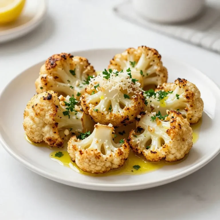 For Garlic Parmesan Roasted Cauliflower, gather these items: - 1 large head of cauliflower, cut into uniform florets - 4 tablespoons high-quality olive oil - 4 cloves of fresh garlic, finely minced - 1 teaspoon smoked paprika - ½ teaspoon sea salt - ½ teaspoon freshly cracked black pepper - ½ cup freshly grated Parmesan cheese - 2 tablespoons fresh parsley, finely chopped - 1 tablespoon freshly squeezed lemon juice Using high-quality olive oil is key. It adds rich flavor and depth to your dish. Look for oils that are cold-pressed and extra virgin. This type has a fruity taste and is less processed. A good olive oil enhances the dish, making each bite a delight. Fresh garlic makes a big difference. It adds a bright taste that dried garlic cannot match. Use cloves that are firm and smell strong for the best flavor. Now, let's talk about Parmesan. Always choose freshly grated cheese. Pre-grated cheese often contains anti-caking agents that dull its flavor. Freshly grated cheese melts better and gives a lovely texture to your dish. {{ingredient_image_2}} First, preheat your oven to 425°F (220°C). This high heat will help the cauliflower roast well. While the oven warms, take your large head of cauliflower and cut it into uniform florets. This step is key because even-sized pieces cook evenly. Place the florets in a large mixing bowl. Now, add 4 tablespoons of high-quality olive oil to the bowl. Follow this with 4 cloves of finely minced garlic, 1 teaspoon of smoked paprika, ½ teaspoon of sea salt, and ½ teaspoon of freshly cracked black pepper. Use your hands or a spatula to toss the florets. Make sure every piece is coated with the oil and spices. This ensures each bite bursts with flavor. Next, transfer the seasoned cauliflower to a large baking sheet. Spread the florets in a single layer. This will help them roast evenly and become golden brown. Place the baking sheet in the oven and roast for about 25-30 minutes. Remember to stir the cauliflower halfway through. This step promotes an even roast. In the last 5 minutes, sprinkle ½ cup of grated Parmesan cheese over the top. This will melt and create a delicious, crispy topping. Once done, remove the baking sheet from the oven. Drizzle with lemon juice and sprinkle with chopped parsley. Your dish is now ready to serve! To get that perfect crunch, start with dry cauliflower. Pat it with a towel. When you coat it in olive oil, use enough but not too much. Spread the florets in a single layer on the baking sheet. This helps them roast evenly. Give them space! Overcrowding makes them steam instead of crisp. Stir halfway through baking for even browning. You can play with flavors! Try adding a pinch of cayenne for heat. For a smoky taste, use smoked paprika, as I do. If you love herbs, add thyme or rosemary to the mix. A sprinkle of lemon zest can brighten the dish. Feel free to mix in other cheeses like feta or cheddar for fun twists. Make your dish pop! Serve your roasted cauliflower on a colorful plate or wooden board. A sprinkle of parsley adds freshness. For extra flair, place lemon wedges next to the cauliflower. This not only looks good, but it lets your guests add a splash of citrus if they like. Remember, we eat with our eyes first! Pro Tips Choose the Right Cauliflower: Select a cauliflower head that is firm and white, with tightly packed florets for the best texture and flavor. Don't Skip the Toss: Make sure to thoroughly coat each floret with the olive oil and spices. This ensures even roasting and flavor distribution. Experiment with Cheese: While Parmesan is delicious, feel free to mix in other cheeses like Pecorino Romano or Grana Padano for a different flavor profile. Adjust Roast Time: Keep an eye on the cauliflower during roasting; ovens vary, and you may need to adjust the time to achieve your desired level of crispiness. {{image_4}} You can change the cheese to match your taste. Try using Gruyère for a nutty flavor. Mozzarella offers a great melt and stretch. Feta gives a salty kick. Each cheese adds its own twist to the dish. Mix and match to find your favorite! If you like heat, add red pepper flakes. Start with a pinch and taste. You can also use cayenne pepper for a bolder flavor. For a milder version, just skip the spices. You control the heat in this dish! Not a fan of cauliflower? That's okay! You can use broccoli instead. It roasts well and tastes great with garlic and cheese. Brussels sprouts are another option. They offer a unique flavor and texture. Be creative and enjoy your favorite vegetables! Store leftover Garlic Parmesan Roasted Cauliflower in an airtight container. Let it cool before sealing. This keeps the flavors fresh and prevents sogginess. Place the container in the fridge. It stays good for up to three days. To reheat, use the oven for the best taste. Preheat the oven to 350°F (175°C). Spread the cauliflower on a baking sheet. Heat for about 10-15 minutes. This helps restore its crispy texture. You can also use a microwave if you're short on time. Just cover it to avoid drying out. You can freeze Garlic Parmesan Roasted Cauliflower for later use. First, let it cool completely. Then, place it in a freezer-safe bag or container. Remove as much air as possible to prevent freezer burn. It lasts up to two months in the freezer. When ready to eat, thaw it overnight in the fridge and reheat it in the oven for the best flavor. Roasting cauliflower takes about 25-30 minutes. Start by preheating your oven to 425°F (220°C). Place the cauliflower on a baking sheet in a single layer. Roasting time may vary based on your oven. Halfway through, stir the cauliflower for even cooking. You want it golden brown and tender. Yes, you can use frozen cauliflower, but fresh is best. If you use frozen, thaw it first. Drain any excess water to avoid soggy florets. Frozen cauliflower may need a bit more time to roast. Check for tenderness and adjust the cooking time as needed. Serve Garlic Parmesan Roasted Cauliflower as a side dish or appetizer. It pairs well with grilled meats and fish. You can also use it in salads or grain bowls. For a fun twist, mix it with pasta or serve it with a tangy dipping sauce. Add extra parsley and lemon wedges for a fresh touch. This blog post covered how to make Garlic Parmesan Roasted Cauliflower. We looked at the best ingredients, like high-quality olive oil, garlic, and Parmesan. You saw step-by-step instructions for preparing, coating, and roasting for perfect texture. I shared tips for crispiness and flavor tweaks. We explored tasty variations and smart storage tips. Finally, I answered common questions about roasting time and serving ideas. Now you can enjoy a healthy, tasty side dish that’s easy to prepare and perfect for any meal.