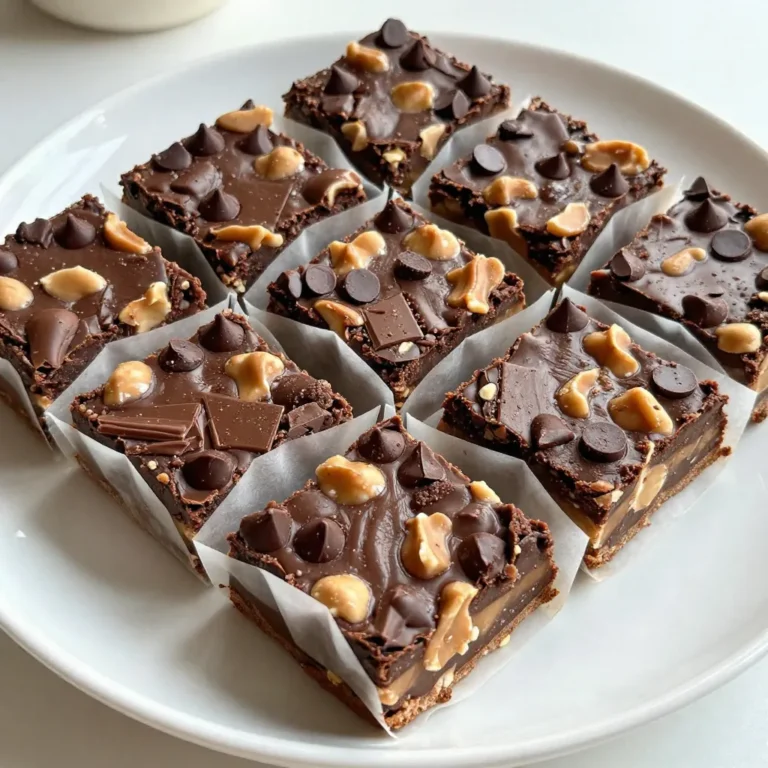 To make these tasty Chocolate Peanut Butter Energy Bars, you'll need the following: - 1 cup rolled oats - 1/2 cup natural peanut butter - 1/3 cup honey or maple syrup - 1/4 cup unsweetened cocoa powder - 1/4 cup protein powder (optional for an extra boost) - 1/4 teaspoon salt - 1/2 teaspoon vanilla extract - 1/2 cup dark chocolate chips - 1/4 cup chopped nuts (choose from almonds, walnuts, or your preference) - 1/4 cup dried fruit (try raisins, cranberries, or chopped apricots) These ingredients blend together to create a chewy snack. Each one plays a key role. Rolled oats provide a hearty base. They give the bars structure and fiber. Natural peanut butter adds creaminess and healthy fat. It also brings a rich flavor. Honey or maple syrup serves as the sweetener. It binds the ingredients while adding a touch of sweetness. Cocoa powder brings the chocolate taste we love. If you want extra protein, the protein powder is perfect. A little salt enhances the overall flavor. Vanilla extract adds a subtle warmth, making the bars more inviting. Dark chocolate chips offer little bursts of rich chocolate. Chopped nuts add crunch and healthy fat. Lastly, dried fruit gives a sweet and chewy contrast. You can mix and match these ingredients to suit your taste. This list ensures a balanced and delicious snack. {{ingredient_image_2}} Start by getting an 8x8 inch baking pan. Line it with parchment paper. Leave some paper hanging over the edges. This helps lift the bars out later. Grab a big mixing bowl. Add 1 cup of rolled oats, 1/4 cup of cocoa powder, and 1/4 teaspoon of salt. If you want more protein, add 1/4 cup of protein powder. Stir everything together with a whisk or spoon until it blends well. Now, take a separate bowl that is safe for the microwave. In this bowl, mix 1/2 cup of natural peanut butter and 1/3 cup of honey or maple syrup. Heat it in the microwave on low for 20-30 seconds. This softens the mix. After heating, add 1/2 teaspoon of vanilla extract and stir until you have a smooth mix. Pour the peanut butter mix into the bowl with dry ingredients. Mix it all together until everything is coated. If it feels too dry, add a bit more honey or peanut butter. You want it to stick together well. Next, fold in 1/2 cup of dark chocolate chips, 1/4 cup of chopped nuts, and 1/4 cup of dried fruit. Make sure these goodies spread evenly. This way, each bite will be tasty. Transfer the mixture into your lined baking pan. Use a spatula or your hands to press it down firmly. Make sure it is even and packed tightly. This step is key to forming nice bars. Put the pan in the fridge for at least 1 hour. This helps the bars set and hold their shape. After chilling, lift the mixture out using the parchment paper. Place it on a cutting board. Cut it into squares or rectangles based on how big you want the bars. Enjoy these delicious energy bars anytime! To get the right mix, aim for a nice, thick dough. If it feels too dry, add a splash of honey or a spoonful of peanut butter. This extra touch makes the bars stick together better. You want them firm but not too crumbly. Mixing well is key! Feel free to swap ingredients to match your taste. Use almond butter instead of peanut butter. Try agave syrup instead of honey. For a crunch, add seeds like chia or flax. You can even mix in your favorite protein powder for a boost. Adding spices like cinnamon or nutmeg can change the flavor too! Make your bars look great! Wrap them in parchment paper. Tie them with twine for a homemade touch. You can stack them in a clear container for easy grabbing. They also make fun gifts for friends who enjoy healthy snacks. Enjoy these tasty bars anytime! Pro Tips Choose Your Sweetener Wisely: Depending on your preference, you can use honey for a milder sweetness or maple syrup for a vegan option. Adjust the quantity based on your sweetness preference. Experiment with Add-ins: Feel free to customize your energy bars by adding seeds, such as chia or flaxseeds, for extra nutrition, or swap out the nuts and dried fruit to match your taste. Storing Your Bars: Keep the energy bars in an airtight container in the refrigerator for up to a week. For longer storage, consider freezing them, wrapping each bar individually for convenience. Perfecting the Texture: If your mixture seems too crumbly, add more peanut butter or honey. Conversely, if it's too sticky, a sprinkle of oats can help achieve the right texture for pressing. {{image_4}} You can swap peanut butter for other nut butters. Almond butter gives a nice twist. Cashew butter is creamy and rich. Sunflower seed butter works well for nut-free options. Each choice changes the taste but keeps the bars healthy. Get creative with flavors! Add a teaspoon of cinnamon for warmth. A scoop of espresso powder brings out the chocolate. You can also mix in different extracts, like almond or coconut. Try adding zest from an orange or lemon for a fresh touch. The options are endless! Want to boost nutrition? Add chia seeds or flaxseeds for extra fiber. You can mix in a scoop of protein powder for more protein. Dried fruits like apricots or figs add natural sweetness and vitamins. Each enhancement makes the bars not just tasty but also good for you! To keep your chocolate peanut butter energy bars fresh, store them in an airtight container. This helps keep moisture out and protects the bars from drying out. You can place a piece of parchment paper between the layers to prevent them from sticking together. These bars last up to one week in the fridge. If you want to keep them longer, freeze them. Wrap each bar in plastic wrap, then place them in a freezer-safe bag. They will stay fresh for up to three months in the freezer. When you’re ready to eat, just take them out and let them thaw at room temperature. You usually won’t need to reheat these bars. They taste great cold or at room temp. If you prefer them warm, you can microwave them for about 10 seconds. This softens the chocolate and makes for a gooey treat. Enjoy your snack! You can use maple syrup in place of honey. Both options add sweetness and moisture. You could also try agave syrup for a similar taste. If you want a sugar-free option, use mashed bananas or applesauce. Yes, these energy bars are gluten-free! The main ingredient, rolled oats, is naturally gluten-free. Just make sure to choose certified gluten-free oats to avoid cross-contamination. To make these bars vegan, replace honey with maple syrup. Also, ensure the chocolate chips are dairy-free. Many brands offer plant-based chocolate options. Yes, you can use other sweeteners. Brown rice syrup or coconut nectar work well. You can also use stevia or monk fruit sweetener for a low-calorie option. After chilling, the bars should feel firm to the touch. They will hold their shape when cut. If they feel soft, chill them longer until they set properly. You now have a complete guide to making tasty energy bars. From choosing the right ingredients to following the step-by-step instructions, you are set up for success. Remember to mix and match flavors and textures to find what you love. Store your bars well for the best taste and freshness. Enjoy experimenting with variations and tips. These energy bars are easy and fun to make, providing great snacks for any time. Now, go ahead and make your first batch!