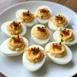 To make classic deviled eggs, you will need a few simple items. Here&rsquo;s what I use: - 6 large eggs - 3 tablespoons creamy mayonnaise - 1 teaspoon Dijon mustard - 1 teaspoon apple cider vinegar - 1/2 teaspoon garlic powder - 1/2 teaspoon smoked paprika (reserve a pinch for garnish) - 1/4 teaspoon cayenne pepper (or more for extra heat) - Salt, to taste - Fresh chives or parsley, finely chopped, for garnish These ingredients come together to create a tasty filling. The creamy mayo and mustard add richness. The vinegar gives a nice tang. Garlic powder and smoked paprika add depth, while cayenne brings a little kick. Fresh herbs finish the dish with color and flavor. Enjoy the blend of tastes that makes deviled eggs a classic treat. {{ingredient_image_2}} To start, take 6 large eggs and place them in a pot. Fill the pot with cold water until the eggs are fully covered. Turn the heat to medium-high. When the water starts to boil, cover the pot with a lid. Then, turn off the heat and let the eggs sit for 12 minutes. This method cooks the eggs without overcooking them. After 12 minutes, it&rsquo;s time to cool the eggs quickly. Carefully move them into a bowl filled with ice water. Leave them there for about 5 minutes. This cooling step helps make peeling easier. When the eggs are cool, tap each one on a hard surface. Peel them under running water. The water helps loosen the shells, making peeling a breeze. Now, slice each egg in half from top to bottom. Use a small spoon to scoop out the yolks. Place the yolks in a mixing bowl. Next, add 3 tablespoons of creamy mayonnaise, 1 teaspoon of Dijon mustard, and 1 teaspoon of apple cider vinegar. Also, include 1/2 teaspoon of garlic powder, 1/2 teaspoon of smoked paprika, and 1/4 teaspoon of cayenne pepper. Sprinkle in a pinch of salt. Using a fork, mash these ingredients together. Keep mixing until the filling is smooth and creamy. This mixture should be thick but easy to pipe. It&rsquo;s time to fill the egg whites! You can use a piping bag or a spoon for this step. If you want a neat look, a piping bag works best. Fill each egg white carefully with the yolk mixture. Make sure to fill them generously. For a great presentation, sprinkle a light dusting of smoked paprika on top of each egg. Finish by adding chopped fresh chives or parsley. This adds a pop of color and flavor. Arrange the deviled eggs on a pretty platter for serving. Enjoy your tasty creation! To avoid green yolks, keep the cooking time short. Boil the eggs for 12 minutes. Then, cool them quickly in ice water. This stops further cooking and keeps yolks bright yellow. When boiling eggs, use a medium-sized pot. Fill it with cold water, covering the eggs completely. Bring the water to a rolling boil over medium-high heat. Once boiling, turn off the heat and cover the pot. Let the eggs sit undisturbed for 12 minutes. If you live at a high altitude, adjust the cooking time. You may need an extra minute or two. For larger eggs, add an extra minute to the boiling time. You can customize spice levels easily with cayenne. Start with 1/4 teaspoon for mild heat. Add more if you like it hot. Try adding a dash of hot sauce for an extra kick. Chopped bacon, pickles, or fresh herbs also add flavor. Experiment with flavors you love! For leftovers, store deviled eggs in an airtight container. They stay fresh in the fridge for up to two days. If making in advance, prepare the filling but fill the egg whites just before serving. This keeps them looking nice and fresh. Pro Tips Egg Freshness: Use fresh eggs for the best flavor and texture. Older eggs tend to be easier to peel, but they may not have the same taste as fresher ones. Spice it Up: Adjust the amount of cayenne pepper to suit your heat preference. You can also experiment with different spices like curry powder or sriracha for a unique twist. Garnishing: For an elegant presentation, use a piping bag to fill the eggs. This will create a beautiful swirl and make your deviled eggs stand out at any gathering. Storage Tips: If you have leftover deviled eggs, store them in an airtight container in the refrigerator. They are best consumed within 2 days for optimal freshness. {{image_4}} You can easily mix up classic deviled eggs by swapping some ingredients. Here are a few ideas: - Chipotle: Add a dash of chipotle for a smoky kick. - Avocado: Use mashed avocado instead of mayonnaise for creaminess. - Bacon: Crumble crispy bacon into the filling for a crunchy bite. You can also play with herbs. Try adding fresh dill or cilantro for a fun twist. For a global flair, think about: - Sriracha: Add it for a spicy Asian vibe. - Curry Powder: This brings a warm flavor you&rsquo;ll love. - Wasabi: A bold choice for fans of heat. Making deviled eggs look great is easy. Here are some fun plating tips: - Use a colorful serving platter to make the eggs pop. - Arrange them in a circle, or create a fun shape. - Try using small cups for individual servings. For garnishing, consider more than just chives or paprika: - Olives: Slice them for a classy touch. - Peppers: Small bits of bell pepper can add color. - Microgreens: These add a fresh look and taste. When serving, think about the occasion. For parties, add a small sign with the flavor. For brunch, pair them with fresh fruits. These ideas will make your deviled eggs stand out. To keep your deviled eggs fresh, store them in the fridge. Place them in an airtight container. This helps avoid drying out. If you do not have an airtight container, cover the plate with plastic wrap. For best results, eat deviled eggs within two days. The longer they sit, the less fresh they taste. Always check for any off-smells before eating. Can you freeze deviled eggs? No, freezing them is not ideal. The texture of the egg whites changes when frozen. However, you can freeze the filling. To do this, place the yolk mixture in a freezer-safe bag. Remove air before sealing the bag. Thaw the filling in the fridge overnight. This keeps it fresh and ready to use. When ready to serve, fill fresh egg whites with the thawed mixture. This way, you enjoy that creamy taste without the freezer effect. How long can deviled eggs sit out? Deviled eggs can sit out for about two hours. After that, they can spoil. Keep them cool to ensure they stay fresh. What can I substitute for mayonnaise? You can use Greek yogurt or avocado instead of mayonnaise. These options add flavor and creaminess. How do I know if the eggs are fresh? Fresh eggs sink in water. If they float, they are old and should not be eaten. Calories and nutritional breakdown per serving Each serving of deviled eggs has about 100 calories. They provide protein and healthy fats. Dietary adjustments (low-fat, vegan options) For a low-fat option, use less mayonnaise or yogurt. For vegan deviled eggs, try using mashed tofu or chickpeas. Serving size recommendations Typically, two halves per person is a good serving size. Adjust based on your guests and meal type. We explored how to make delicious deviled eggs using simple ingredients. I shared tips for boiling eggs perfectly and filling them smoothly. You learned about unique flavor variations and how to store leftovers safely. These eggs can be a tasty treat for any occasion. Remember, you can make them your own with spices or toppings. Enjoy trying new ideas as you prepare this classic dish!