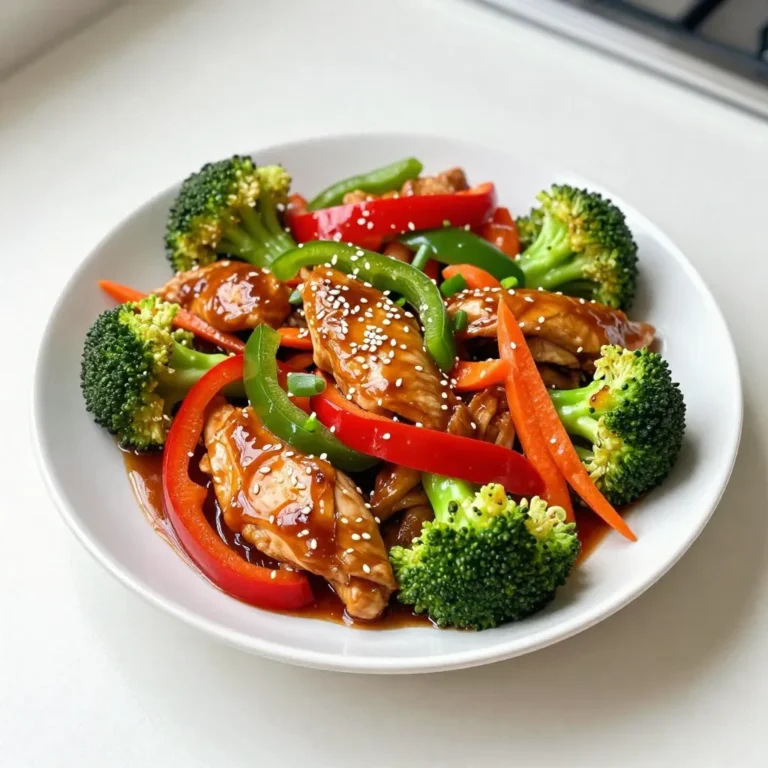 - 1 lb boneless, skinless chicken thighs, sliced into thin strips - 2 tablespoons vegetable oil - 1 red bell pepper, sliced into thin strips - 1 green bell pepper, sliced into thin strips - 1 cup broccoli florets - 1 large carrot, julienned - 2 green onions, chopped (whites and greens separated) - 3 cloves garlic, minced - 1 tablespoon fresh ginger, minced - 1/4 cup low-sodium soy sauce - 2 tablespoons honey - 1 tablespoon rice vinegar - 1 teaspoon toasted sesame oil - 1 tablespoon cornstarch mixed with 2 tablespoons water (optional, for thickening the sauce) - Sesame seeds, for garnish The chicken thighs are the star. They stay juicy and tender. Bell peppers add crunch and color. Broccoli and carrots bring vitamins and fiber. Garlic and ginger give a nice kick. The sauce blends sweet and salty, creating a great flavor. - Additional Vegetables: Snap peas, mushrooms, or zucchini work well. - Protein Alternatives: Tofu or shrimp can replace chicken for variety. - Garnishes: Chopped nuts or more green onions add flair and taste. Feel free to mix and match these options. You can create your unique version or stick to the classic. The goal is to enjoy a fresh, flavorful meal! {{ingredient_image_2}} - Slicing Chicken Thighs Start with 1 pound of boneless, skinless chicken thighs. Use a sharp knife to cut them into thin strips. Make sure the slices are even for quick cooking. This helps the chicken cook evenly and stay juicy. - Cooking the Chicken Thoroughly Heat 2 tablespoons of vegetable oil in a large skillet over medium-high heat. Add the sliced chicken to the hot pan. Spread it out so each piece cooks well. Sauté for 5 to 7 minutes. Check that there is no pink left. The chicken should reach 165°F (75°C). Once cooked, set the chicken aside on a plate. - Timing for Garlic and Ginger In the same skillet, add 3 minced garlic cloves and 1 tablespoon of minced ginger. Stir them for about 30 seconds. You want to smell their wonderful aroma. Be careful not to let them burn. - Cooking Vegetables for Optimal Texture Now add 1 sliced red bell pepper, 1 sliced green bell pepper, 1 cup of broccoli florets, and 1 julienned carrot. Stir-fry these veggies for about 3 to 4 minutes. They should be bright and tender-crisp. This keeps their color and crunch. - Mixing Chicken with Vegetables Return the cooked chicken to the skillet. Mix it well with the sautéed vegetables. Make sure the chicken is evenly distributed throughout. - Making and Adding the Sauce In a small bowl, combine 1/4 cup of low-sodium soy sauce, 2 tablespoons of honey, 1 tablespoon of rice vinegar, and 1 teaspoon of toasted sesame oil. Whisk it all together. Pour this sauce over the chicken and vegetables. Stir to coat everything evenly. If you want a thicker sauce, add 1 tablespoon of cornstarch mixed with 2 tablespoons of water. Stir for another minute until it thickens. Once it's done, toss in chopped green onion whites. Cook for one more minute to heat through. Now you are ready to plate your delicious teriyaki chicken stir fry! - Optimal Heat Levels for Stir-frying: Use medium-high heat. This allows your chicken to sear and cook evenly. If the heat is too low, the chicken will steam instead of fry. - How to Use a Wok vs. Skillet: A wok is great for high heat and quick cooking. Its shape helps toss ingredients well. A skillet works too, but it may not heat as evenly. - Adjusting Sweetness and Saltiness: You can tweak the honey and soy sauce. If you like it sweeter, add more honey. For saltiness, just a splash of soy sauce can make a big difference. - Using Fresh Ingredients vs. Frozen: Fresh veggies bring better flavor and color. Frozen vegetables can save time, but they may have a softer texture. - Recommended Side Dishes: Serve your stir fry with steamed rice or noodles. Both soak up the tasty sauce well and add a nice base. - Presentation Ideas for a Beautiful Plate: Arrange the stir fry in the center. Use bright colors to make it pop. Add sesame seeds and green onion greens on top for a fresh look. Pro Tips Marinate for Flavor: For an even more flavorful dish, consider marinating the chicken in the soy sauce, honey, and ginger mixture for at least 30 minutes before cooking. This allows the flavors to penetrate the meat. Veggie Variations: Feel free to mix and match vegetables based on your preference or what you have on hand. Snow peas, snap peas, or zucchini can add a nice crunch and variety to the dish. Use High Heat: Stir-frying requires high heat for quick cooking. Ensure your skillet or wok is really hot before adding the chicken to get a nice sear and avoid steaming the meat. Leftovers Make Great Lunches: This stir-fry keeps well in the fridge for up to 3 days. It can be served cold over a salad or reheated for a quick lunch option, making it perfect for meal prep! {{image_4}} You can switch up the protein in your Teriyaki Chicken Stir Fry for fun. - Teriyaki Tofu Stir Fry: Use firm tofu instead of chicken. Cut it into cubes. Cook it until golden brown for a tasty, plant-based meal. - Shrimp or Beef Teriyaki: Shrimp cooks fast and adds a sweet touch. Beef gives a rich taste. Just slice it thinly and sauté. Diet needs can change your dish, and that's okay! - Gluten-Free Options: Use gluten-free soy sauce. Coconut aminos also work well. They give the same great taste without gluten. - Low-Carb Alternatives: Skip the rice or noodles. Serve your stir fry over zucchini noodles or cauliflower rice for a low-carb twist. Make your stir fry unique with some flavor changes. - Spicy Teriyaki Stir Fry: Add chili flakes or sriracha for a kick. This spicy twist wakes up your taste buds. - Adding Different Sauces: Try adding hoisin sauce, sweet chili sauce, or even peanut sauce. Each brings its own flavor that can change the dish completely. To keep your teriyaki chicken stir fry fresh, follow these tips: - Best Practices for Refrigeration: Place leftovers in an airtight container. Store in the fridge for up to 3 days. Allow the dish to cool before sealing the container to avoid moisture build-up. - Freezing Guidelines: If you want to freeze the stir fry, use a freezer-safe container. It can last for up to 3 months. Make sure to label the container with the date for easy tracking. To enjoy your teriyaki chicken stir fry again, reheating is key: - Methods for Even Heating: You can use a microwave or stovetop. If using a microwave, heat in short bursts, stirring often. If on the stovetop, add a splash of water to keep it moist and heat over medium-low. - Keeping Vegetables Crisp: To maintain the crunch, avoid overcooking. Heat just until warm. If you notice the veggies softening, reduce heating time. This helps retain their fresh taste and texture. You can serve this stir fry with steamed rice or noodles. Both options soak up the sauce well. You can also add a side of fresh salad or miso soup for a complete meal. To make this dish ahead, cook everything as normal but stop before adding the sauce. Cool the stir fry and store it in the fridge. When ready to eat, reheat it and add the sauce. Yes, you can! If you don't have chicken thighs, use chicken breasts. You can swap bell peppers for any other veggies like snap peas or zucchini. Honey can be replaced with maple syrup if needed. To keep chicken tender, do not overcook it. Cook until it's just no longer pink. Using thighs instead of breasts also adds moisture and flavor. A meat thermometer helps ensure it reaches 165°F (75°C). If you want a thicker sauce without cornstarch, try simmering the sauce longer. This reduces it and makes it thicker. You can also use arrowroot powder or pureed vegetables as thickening agents. In this blog post, we explored how to create delicious teriyaki chicken stir fry. We covered important ingredients, step-by-step cooking methods, and helpful tips. You can modify this dish with various proteins or vegetables for your taste. Remember to store leftovers properly for later enjoyment. This dish is easy to make and perfect for any meal. Get ready to enjoy your tasty stir fry and impress your loved ones!