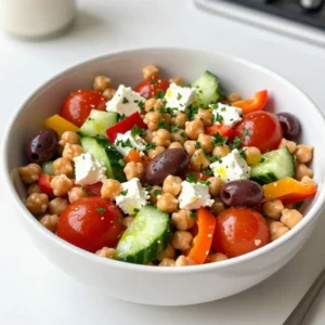- 1 can chickpeas - 1 cup cherry tomatoes - 1 medium cucumber - 1/2 red onion - 1 cup bell peppers - 1/4 cup Kalamata olives - 1/4 cup feta cheese (optional) - 1/4 cup fresh parsley - 3 tablespoons extra virgin olive oil - 2 tablespoons fresh lemon juice - 1 teaspoon dried oregano - Salt and pepper When making Mediterranean Chickpea Salad, you need fresh and vibrant ingredients. Start with one can of chickpeas. Rinse and drain them well. They provide protein and fiber. Next, grab a cup of cherry tomatoes. Halve them to release their juicy flavor. Then, use one medium cucumber. Dice it into refreshing bites. The crunch adds a nice texture. For sweetness, chop half a red onion. This gives the salad a hint of zest. Don't forget one cup of bell peppers. Use a mix of colors for fun. These add both crunch and color. Next, include a quarter cup of Kalamata olives. Slice them for a briny kick. If you like creaminess, add a quarter cup of feta cheese. This ingredient is optional but delicious. For a fresh touch, chop a quarter cup of fresh parsley. This herb brightens the dish. You will also need three tablespoons of extra virgin olive oil. This oil adds richness. Use two tablespoons of fresh lemon juice for brightness. Add one teaspoon of dried oregano for herbal depth. Finally, season with salt and pepper to taste. These ingredients come together to create a colorful and tasty salad. {{ingredient_image_2}} In a large salad bowl, mix the chickpeas with the chopped vegetables. Add the halved cherry tomatoes, diced cucumber, finely chopped red onion, and colorful bell peppers. Toss in the sliced Kalamata olives and crumbled feta cheese if you want a creamier texture. Stir gently to keep everything intact. Mixing gently helps all the flavors shine through without mashing the ingredients. For the dressing, you need just a few simple ingredients. Use extra virgin olive oil, freshly squeezed lemon juice, dried oregano, and a pinch of salt and pepper. Whisk these together in a small bowl. To emulsify the dressing, mix it well until it looks creamy and smooth. This makes sure every bite has a burst of flavor. Now, drizzle the dressing over your salad mix. Use a spatula or a large spoon to toss everything together. Make sure each ingredient gets coated evenly. This step helps incorporate all the flavors and makes the salad taste amazing. Next, add the freshly chopped parsley to your salad. Fold it in gently. This adds a bright color and fresh taste. Be careful not to mash the other ingredients while folding in the parsley. Let your salad sit for at least 15 minutes at room temperature. This resting period allows the flavors to meld beautifully. Letting it rest enhances the overall taste and makes each bite more enjoyable. You can serve your Mediterranean Chickpea Salad chilled or at room temperature. For a nice touch, garnish with extra parsley on top. Enjoy your fresh and flavorful salad! For a great Mediterranean Chickpea Salad, fresh ingredients matter. Here&rsquo;s how to pick the best: - Tomatoes: Look for ripe cherry tomatoes. They should feel firm and smell sweet. Their flavor bursts in your salad. - Cucumber: Choose a medium cucumber with smooth skin. It should be crisp and firm. Fresh cucumbers add a refreshing crunch. You can change the dressing to fit your taste: - Oil and Lemon Juice: For a richer taste, add more olive oil. If you like it zesty, add extra lemon juice. - Herbs and Spices: Feel free to use more oregano or try other herbs. Basil or mint can give a new twist. Want to make your salad even better? Here are some ideas: - Toppings: Add sliced avocado or roasted nuts for extra creaminess and crunch. - Spices: A pinch of red pepper flakes adds heat. Try smoked paprika for a deeper flavor. - Cheese: Crumble more feta or try goat cheese for a different taste. These tips will help you make your Mediterranean Chickpea Salad fresh and personal! Pro Tips Tip Title: Use Fresh Ingredients: Always opt for the freshest vegetables and herbs available, as they significantly enhance the flavor and texture of your salad. Tip Title: Customize to Taste: Feel free to add or substitute ingredients based on your preferences or seasonal availability. Try adding avocado or artichokes for a unique twist! Tip Title: Make Ahead: This salad can be prepared a few hours in advance and stored in the refrigerator. Just add the parsley right before serving for maximum freshness. Tip Title: Experiment with Dressings: While the olive oil and lemon dressing is classic, consider trying balsamic vinegar or tahini for a different flavor profile. {{image_4}} You can boost your Mediterranean Chickpea Salad with proteins. Grilled chicken adds a hearty touch. Simply slice it and mix it in. Canned tuna is another great option. It gives a nice flavor and protein kick. To make this salad fully plant-based, skip the feta cheese. You can add more olives for extra flavor. Try using avocado for creaminess instead. It pairs well with all the fresh veggies. If you have allergies, there are easy swaps. Use black beans instead of chickpeas for a different taste. If you can't have olives, try capers for a briny flavor. For a dairy-free option, skip the feta or use a non-dairy version. These swaps keep your salad tasty and safe for everyone. To keep your Mediterranean Chickpea Salad fresh, use airtight containers. Glass or plastic containers work well. Make sure the lid seals tightly. This helps prevent air from getting in and keeps your salad crisp. In the refrigerator, this salad lasts about 3 to 5 days. After that, the veggies may start to lose their crunch. If you see any signs of spoilage, it&rsquo;s best to throw it out. Always check for freshness before eating. You can freeze Mediterranean Chickpea Salad, but it's not the best option. Freezing changes the texture of the veggies. If you want to freeze it, leave out the tomatoes and cucumbers. They do not freeze well. Instead, freeze the chickpeas and dressing separately for better results. You can use white beans for a creamy texture. Black beans work well for a different taste. Lentils provide a nice bite and cook quickly. For a crunchy option, try diced jicama or even roasted cauliflower. Yes, this salad is great for meal prep. It holds well in the fridge for several days. The flavors deepen over time, making it even tastier. You can save time by chopping all the veggies at once. Each serving stays fresh, making it easy to grab and go. Absolutely! Prepare the salad a day ahead. Just keep the dressing separate until you're ready to eat. This keeps everything crisp and fresh. Mix it just before serving to maintain flavor integrity. To add heat, try minced jalape&ntilde;os or red pepper flakes. A dash of hot sauce can also work wonders. For a smoky flavor, add smoked paprika. Adjust according to your spice level for the perfect kick! This blog post covered all you need for a tasty Mediterranean Chickpea Salad. You learned about the key ingredients and how to mix them well. Making the dressing and coating the salad adds great flavor. We also discussed tips for fresh ingredients and variations, like adding protein or making it vegan. Remember, letting the salad rest builds flavor. Enjoy this dish as a healthy meal or side. With these steps, you can create a vibrant salad that you&rsquo;ll love. Happy cooking!