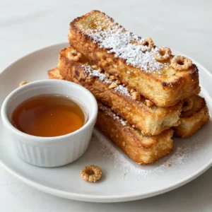 - 2 cups Cap&rsquo;n Crunch cereal - 4 large eggs - 1 cup milk - 1 teaspoon vanilla extract - 1 teaspoon ground cinnamon - 1 tablespoon sugar - 1 loaf of thick-cut bread (such as Texas toast or brioche) For the main part of this recipe, you need Cap&rsquo;n Crunch cereal. It gives the sticks their fun crunch. You will also need large eggs and milk to create the batter. The eggs help bind everything together. The milk adds creaminess. You also want some vanilla extract for flavor, ground cinnamon for warmth, and sugar for a hint of sweetness. Lastly, choose thick-cut bread, like Texas toast or brioche, for the best texture. - Butter for frying - Maple syrup for serving When it comes to frying your sticks, a bit of butter makes all the difference. It adds flavor and helps achieve that golden brown color. For serving, pure maple syrup is a must. It complements the sweetness of the French toast sticks perfectly. You can also add fresh berries or whipped cream to make your dish even more delightful. {{ingredient_image_2}} Preparing the cereal To start, grab a large resealable bag. Pour in the 2 cups of Cap&rsquo;n Crunch cereal. Crush the cereal using a rolling pin or your fingers. Aim for coarse crumbs, not too fine or chunky. Set this aside for later. Whisking the batter Next, take a medium bowl and crack 4 large eggs into it. Add 1 cup of milk, 1 teaspoon of vanilla extract, 1 teaspoon of ground cinnamon, and 1 tablespoon of sugar. Use a whisk to mix everything together. Blend until you have a smooth batter. Cutting the bread Now, take your loaf of thick-cut bread. Use a serrated knife to slice it into thick strips, about 1 to 1.5 inches wide. You should get around 8 to 10 sticks from your loaf. Coating and frying the sticks Dip each bread stick into the egg mixture. Make sure to coat it well. Let any extra egg mixture drip off. Then, roll the stick in the crushed Cap&rsquo;n Crunch cereal. Ensure each side is evenly coated for a nice, crispy texture. Frying the sticks Heat a large skillet or griddle over medium heat. Add 1 tablespoon of butter and let it melt. Place several coated French toast sticks in the skillet, leaving space between them. Fry for about 2-3 minutes on each side until golden brown and crispy. Repeat the cooking process If the skillet gets too brown, wipe it down with a paper towel. Add more butter as needed. Keep frying the rest of the sticks in batches until all are cooked. Serving suggestions Once your French toast sticks are ready, plate them while they are warm. Drizzle with pure maple syrup for added sweetness. For a lovely presentation, stack the sticks on a plate and dust them lightly with powdered sugar. You can also add fresh berries or a dollop of whipped cream for extra flair. To get the best texture on your French toast sticks, focus on the coating. Crush the Cap&rsquo;n Crunch cereal into coarse crumbs. This helps achieve a crunchy layer. If it's too fine, it will not give that nice crunch. When cooking, keep the heat at medium. Too high and the outside will burn. Too low and the sticks won&rsquo;t crisp up. Fry them for about 2-3 minutes per side. Look for a golden brown color to know they are ready. For a fun twist, add fresh fruits like berries or banana slices on the side. They add color and flavor to your dish. A dollop of whipped cream can make it even more special. To make your French toast sticks look fancy, dust them lightly with powdered sugar. This gives a nice touch. Serve them warm with maple syrup in a small bowl for dipping. This makes each bite a sweet treat! Pro Tips Crushing the Cereal: Ensure the Cap&rsquo;n Crunch is crushed to a coarse crumb for optimal coating; this will provide the perfect crunch without overwhelming the bread. Egg Mixture Consistency: Whisk the egg mixture thoroughly to avoid any clumps of egg; a smooth mixture will coat the bread evenly for a better texture. Frying Temperature: Maintain a consistent medium heat while frying to prevent the outside from burning before the inside is fully cooked; adjust the heat as needed. Serving Suggestions: Serve your French toast sticks immediately after frying for the best crispiness, and consider adding fun toppings like sprinkles or chocolate chips for a festive touch! {{image_4}} You can make Cap&rsquo;n Crunch French Toast Sticks even more fun. Try adding new spices. A pinch of nutmeg or allspice can change the flavor. You can also mix in some cocoa powder for a chocolate twist. If you love a fruity touch, add orange zest to the egg mixture. Using alternative cereals is also a great idea. You can swap Cap&rsquo;n Crunch with Fruity Pebbles or Cinnamon Toast Crunch. Each option offers a new flavor and texture. Experiment with your favorite cereals to find your best match. If you need a gluten-free option, choose gluten-free bread. Look for brands that fit your needs. You can still use Cap&rsquo;n Crunch, as it is gluten-free, or try a gluten-free cereal. For a dairy-free version, use almond or oat milk instead of regular milk. You can also replace eggs with flaxseed meal. Mix one tablespoon of flax with three tablespoons of water. Let it sit for five minutes to thicken. This swap works well in the recipe and keeps it tasty. - Refrigeration tips: Store leftover French toast sticks in an airtight container in the fridge. They will stay fresh for up to three days. Make sure they cool completely before sealing to avoid sogginess. - Freezing instructions: To freeze, place the sticks in a single layer on a baking sheet. Freeze for about an hour. After they are frozen, transfer them to a freezer bag. They can last for up to two months. - Best methods for maintaining texture: To reheat, use an oven or toaster oven for the best results. Preheat the oven to 350&deg;F (175&deg;C). Place the sticks on a baking sheet and heat for about 10-15 minutes. This keeps them crispy and warm. Avoid the microwave, as it makes them soft. How long does it take to make Cap&rsquo;n Crunch French Toast Sticks? It takes about 25 minutes to make these tasty French toast sticks. You spend 10 minutes prepping and 15 minutes cooking. This quick time makes them perfect for breakfast or a snack. Can I use stale bread for this recipe? Yes, you can use stale bread! Stale bread holds the egg mixture well. It also gives the sticks a nice texture. Just make sure it&rsquo;s not moldy. Are there any other toppings that go well with these French toast sticks? Absolutely! You can try whipped cream, fresh berries, or chocolate syrup. Each adds a different flavor. You can mix and match to find your favorite toppings. You now know the key ingredients and steps to make delicious Cap&rsquo;n Crunch French Toast Sticks. From choosing the right bread to perfecting your coating, this recipe is fun and easy. Don't forget to try different flavors and toppings to make it your own. Store any leftovers well, so you can enjoy them later. With these tips, you'll impress friends and family with your tasty treat. Dive in and create your own special version today!