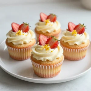- 1 cup all-purpose flour - 1 cup granulated sugar - 1/2 cup unsalted butter, softened - 2 large eggs - 1/2 cup buttermilk - Zest of 1 lemon (about 1 tablespoon) - 2 tablespoons freshly squeezed lemon juice - 1 teaspoon baking powder - 1/2 teaspoon baking soda - 1/4 teaspoon salt - 1 cup fresh strawberries, finely diced - 1/4 cup homemade strawberry puree Each ingredient plays a vital role in the recipe. - All-purpose flour gives structure. It helps the cupcakes rise and hold their shape. - Granulated sugar adds sweetness, making each bite delightful. It also helps create a light texture when creamed with butter. - Unsalted butter adds rich flavor and moisture. Softening it is key to getting a fluffy batter. - Eggs bind the ingredients and add moisture. They also help with rising. - Buttermilk keeps the cupcakes moist. It also gives a slight tang, enhancing the flavor. - Lemon zest adds a bright flavor. It lifts the taste of both the lemon juice and strawberries. - Baking powder and baking soda are leavening agents. They create the perfect rise for light cupcakes. - Salt balances the sweetness. It enhances all the flavors in the cupcakes. - Fresh strawberries add bursts of flavor and color. They make each bite extra special. - Strawberry puree adds moisture and enhances the strawberry flavor. You can adjust the recipe to fit your taste. - Frosting: Try lemon or cream cheese frosting for a tasty finish. - Other fruits: Swap in raspberries or blueberries for a mix of flavors. - Nuts: Add chopped nuts like almonds for extra crunch. - Coconut: Fold in shredded coconut for a tropical twist. - Gluten-free flour: Use a gluten-free blend if needed. Experiment with these options to find your favorite combination! {{ingredient_image_2}} First, set your oven to 350&deg;F (175&deg;C). This heat is perfect for our cupcakes. While the oven warms up, line a 12-cup muffin tin with fun, colorful cupcake liners. This step not only keeps the cupcakes from sticking but also makes them look great. To make strawberry puree, take about 1/2 cup of fresh strawberries. Place them in a blender. Blend until smooth. This puree adds a tasty burst of flavor to your cupcakes. Set it aside for later. In a large bowl, add 1/2 cup of softened butter and 1 cup of granulated sugar. Use an electric mixer to beat them until light and fluffy. This will take about 3-4 minutes. Next, add 2 large eggs, one at a time. Mix well after each egg. Then, pour in 1/2 cup of buttermilk, the zest of 1 lemon, and 2 tablespoons of fresh lemon juice. Mix everything until smooth. In another bowl, whisk together 1 cup of all-purpose flour, 1 teaspoon of baking powder, 1/2 teaspoon of baking soda, and 1/4 teaspoon of salt. Slowly add this dry mix to the wet ingredients. Mix on low speed until just combined. Be careful not to overmix! Now, gently fold in the diced strawberries and the strawberry puree. This ensures even flavor in every bite. Spoon the batter into the prepared cupcake liners. Fill each one about two-thirds full. This allows space for rising. Place the muffin tin in the oven. Bake for 18-20 minutes. To check if they are done, insert a toothpick into the center. If it comes out clean, they are ready! Let the cupcakes cool in the tin for about 5 minutes. Then, carefully move them to a wire rack to cool completely. Once they are cool, you can frost them if you like. A lemon or strawberry frosting works great. For a lovely touch, garnish with a slice of fresh strawberry and a sprinkle of lemon zest. Enjoy your delicious treats! When making strawberry lemonade cupcakes, avoid these common mistakes: - Overmixing the Batter: This can lead to tough cupcakes. Mix just until combined. - Skipping the Lemon Zest: The zest adds a bright flavor. Don&rsquo;t skip it! - Not Measuring Ingredients: Accurate measurements ensure the best results. Use measuring cups. - Underbaking: Check for doneness with a toothpick. It should come out clean. To keep your cupcakes moist and delicious, try these tips: - Use Room Temperature Ingredients: Ensure butter, eggs, and buttermilk are at room temperature. This helps them mix well. - Don&rsquo;t Overfill the Liners: Fill each liner only two-thirds full. This allows room for rising. - Check Oven Temperature: Use an oven thermometer. An incorrect temperature can dry out your cupcakes. - Add Strawberries Gently: Folding in strawberries carefully keeps them intact, adding moisture. Keeping your cupcakes fresh is easy with these storage tips: - Cool Completely Before Storing: Let them cool on a wire rack before covering. This prevents sogginess. - Use an Airtight Container: Store in an airtight container at room temperature. This keeps them soft. - Add a Slice of Bread: Place a slice of bread in the container. It helps maintain moisture. - Freeze for Longer Storage: If you need to store them for longer, freeze them. Wrap each cupcake tightly in plastic wrap. Pro Tips Use Room Temperature Ingredients: Make sure your butter and eggs are at room temperature for a smoother batter and better rise. Fresh Strawberries for Flavor: Always use fresh strawberries for the best flavor and texture; frozen berries can make the batter too wet. Don't Overmix: Mix the batter until just combined to keep the cupcakes light and fluffy; overmixing can lead to dense cupcakes. Cool Completely Before Frosting: Allow the cupcakes to cool completely on a wire rack before adding frosting to prevent it from melting. {{image_4}} You can change the flavor of your cupcakes with different frostings. A classic lemon buttercream adds a bright zing. To make it, mix softened butter, powdered sugar, lemon juice, and zest. You can also try cream cheese frosting. The tangy flavor pairs well with strawberry and lemon. For a fun twist, consider a strawberry whipped cream. This light frosting is easy to spread and tastes fresh. These cupcakes are great for mixing in other fruits. You can swap out strawberries for raspberries or blueberries. Both fruits give a sweet and tart taste. For a tropical flair, add crushed pineapple to the batter. This will make your cupcakes even more refreshing. You can also layer in peaches for a summer vibe. Each fruit brings its own unique flavor to the mix. You can easily adapt this recipe for gluten-free or vegan diets. For gluten-free cupcakes, use a gluten-free flour blend. Be sure to check for one that works well in baking. For a vegan version, replace the eggs with flaxseed meal or applesauce. Use plant-based butter and non-dairy milk for the moist base. These swaps keep the cupcakes tasty while meeting dietary needs. To keep your strawberry lemonade cupcakes fresh, store them in an airtight container. This helps prevent them from drying out. If you have leftover cupcakes, place them at room temperature for a day. If you want to keep them longer, refrigeration works well. Just remember to seal them tight to keep the moisture in. When stored properly, these cupcakes last about 2 to 3 days at room temperature. In the fridge, they can stay fresh for up to a week. Just make sure not to leave them out in the open. They can get stale quickly if exposed to air. If you want to freeze your cupcakes, wrap each one in plastic wrap. Then, place them in a freezer-safe bag. They can last for up to 3 months in the freezer. When you are ready to eat them, thaw them at room temperature. They will taste just as good as fresh! Yes, you can use frozen strawberries. Just make sure to thaw them first. Drain any extra liquid to avoid a watery batter. Frozen strawberries may be softer than fresh ones, but they still add great flavor. To make homemade strawberry puree, take about 1/2 cup of fresh strawberries. Cut off the stems and place them in a blender. Blend until smooth. You can strain it for a finer texture, but that&rsquo;s up to you. Use this puree in your cupcake batter for a fresh taste. You can easily substitute buttermilk with milk and vinegar. Mix 1/2 cup of milk with 1/2 tablespoon of vinegar or lemon juice. Let it sit for about 5 minutes. This mixture will mimic buttermilk&rsquo;s tangy flavor and acidity. You can also use plain yogurt or sour cream mixed with water for a similar effect. In this blog post, I covered everything you need to bake delicious strawberry cupcakes. We looked at key ingredients, step-by-step instructions, and helpful tips for perfect results. You can make tasty variations too, like different frostings or fruit flavors. Plus, I shared smart ways to store your cupcakes so they stay fresh. Remember, with simple steps and creativity, you can enjoy these treats anytime!