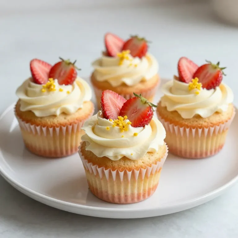 - 1 cup all-purpose flour - 1 cup granulated sugar - 1/2 cup unsalted butter, softened - 2 large eggs - 1/2 cup buttermilk - Zest of 1 lemon (about 1 tablespoon) - 2 tablespoons freshly squeezed lemon juice - 1 teaspoon baking powder - 1/2 teaspoon baking soda - 1/4 teaspoon salt - 1 cup fresh strawberries, finely diced - 1/4 cup homemade strawberry puree Each ingredient plays a vital role in the recipe. - All-purpose flour gives structure. It helps the cupcakes rise and hold their shape. - Granulated sugar adds sweetness, making each bite delightful. It also helps create a light texture when creamed with butter. - Unsalted butter adds rich flavor and moisture. Softening it is key to getting a fluffy batter. - Eggs bind the ingredients and add moisture. They also help with rising. - Buttermilk keeps the cupcakes moist. It also gives a slight tang, enhancing the flavor. - Lemon zest adds a bright flavor. It lifts the taste of both the lemon juice and strawberries. - Baking powder and baking soda are leavening agents. They create the perfect rise for light cupcakes. - Salt balances the sweetness. It enhances all the flavors in the cupcakes. - Fresh strawberries add bursts of flavor and color. They make each bite extra special. - Strawberry puree adds moisture and enhances the strawberry flavor. You can adjust the recipe to fit your taste. - Frosting: Try lemon or cream cheese frosting for a tasty finish. - Other fruits: Swap in raspberries or blueberries for a mix of flavors. - Nuts: Add chopped nuts like almonds for extra crunch. - Coconut: Fold in shredded coconut for a tropical twist. - Gluten-free flour: Use a gluten-free blend if needed. Experiment with these options to find your favorite combination! {{ingredient_image_2}} First, set your oven to 350°F (175°C). This heat is perfect for our cupcakes. While the oven warms up, line a 12-cup muffin tin with fun, colorful cupcake liners. This step not only keeps the cupcakes from sticking but also makes them look great. To make strawberry puree, take about 1/2 cup of fresh strawberries. Place them in a blender. Blend until smooth. This puree adds a tasty burst of flavor to your cupcakes. Set it aside for later. In a large bowl, add 1/2 cup of softened butter and 1 cup of granulated sugar. Use an electric mixer to beat them until light and fluffy. This will take about 3-4 minutes. Next, add 2 large eggs, one at a time. Mix well after each egg. Then, pour in 1/2 cup of buttermilk, the zest of 1 lemon, and 2 tablespoons of fresh lemon juice. Mix everything until smooth. In another bowl, whisk together 1 cup of all-purpose flour, 1 teaspoon of baking powder, 1/2 teaspoon of baking soda, and 1/4 teaspoon of salt. Slowly add this dry mix to the wet ingredients. Mix on low speed until just combined. Be careful not to overmix! Now, gently fold in the diced strawberries and the strawberry puree. This ensures even flavor in every bite. Spoon the batter into the prepared cupcake liners. Fill each one about two-thirds full. This allows space for rising. Place the muffin tin in the oven. Bake for 18-20 minutes. To check if they are done, insert a toothpick into the center. If it comes out clean, they are ready! Let the cupcakes cool in the tin for about 5 minutes. Then, carefully move them to a wire rack to cool completely. Once they are cool, you can frost them if you like. A lemon or strawberry frosting works great. For a lovely touch, garnish with a slice of fresh strawberry and a sprinkle of lemon zest. Enjoy your delicious treats! When making strawberry lemonade cupcakes, avoid these common mistakes: - Overmixing the Batter: This can lead to tough cupcakes. Mix just until combined. - Skipping the Lemon Zest: The zest adds a bright flavor. Don’t skip it! - Not Measuring Ingredients: Accurate measurements ensure the best results. Use measuring cups. - Underbaking: Check for doneness with a toothpick. It should come out clean. To keep your cupcakes moist and delicious, try these tips: - Use Room Temperature Ingredients: Ensure butter, eggs, and buttermilk are at room temperature. This helps them mix well. - Don’t Overfill the Liners: Fill each liner only two-thirds full. This allows room for rising. - Check Oven Temperature: Use an oven thermometer. An incorrect temperature can dry out your cupcakes. - Add Strawberries Gently: Folding in strawberries carefully keeps them intact, adding moisture. Keeping your cupcakes fresh is easy with these storage tips: - Cool Completely Before Storing: Let them cool on a wire rack before covering. This prevents sogginess. - Use an Airtight Container: Store in an airtight container at room temperature. This keeps them soft. - Add a Slice of Bread: Place a slice of bread in the container. It helps maintain moisture. - Freeze for Longer Storage: If you need to store them for longer, freeze them. Wrap each cupcake tightly in plastic wrap. Pro Tips Use Room Temperature Ingredients: Make sure your butter and eggs are at room temperature for a smoother batter and better rise. Fresh Strawberries for Flavor: Always use fresh strawberries for the best flavor and texture; frozen berries can make the batter too wet. Don't Overmix: Mix the batter until just combined to keep the cupcakes light and fluffy; overmixing can lead to dense cupcakes. Cool Completely Before Frosting: Allow the cupcakes to cool completely on a wire rack before adding frosting to prevent it from melting. {{image_4}} You can change the flavor of your cupcakes with different frostings. A classic lemon buttercream adds a bright zing. To make it, mix softened butter, powdered sugar, lemon juice, and zest. You can also try cream cheese frosting. The tangy flavor pairs well with strawberry and lemon. For a fun twist, consider a strawberry whipped cream. This light frosting is easy to spread and tastes fresh. These cupcakes are great for mixing in other fruits. You can swap out strawberries for raspberries or blueberries. Both fruits give a sweet and tart taste. For a tropical flair, add crushed pineapple to the batter. This will make your cupcakes even more refreshing. You can also layer in peaches for a summer vibe. Each fruit brings its own unique flavor to the mix. You can easily adapt this recipe for gluten-free or vegan diets. For gluten-free cupcakes, use a gluten-free flour blend. Be sure to check for one that works well in baking. For a vegan version, replace the eggs with flaxseed meal or applesauce. Use plant-based butter and non-dairy milk for the moist base. These swaps keep the cupcakes tasty while meeting dietary needs. To keep your strawberry lemonade cupcakes fresh, store them in an airtight container. This helps prevent them from drying out. If you have leftover cupcakes, place them at room temperature for a day. If you want to keep them longer, refrigeration works well. Just remember to seal them tight to keep the moisture in. When stored properly, these cupcakes last about 2 to 3 days at room temperature. In the fridge, they can stay fresh for up to a week. Just make sure not to leave them out in the open. They can get stale quickly if exposed to air. If you want to freeze your cupcakes, wrap each one in plastic wrap. Then, place them in a freezer-safe bag. They can last for up to 3 months in the freezer. When you are ready to eat them, thaw them at room temperature. They will taste just as good as fresh! Yes, you can use frozen strawberries. Just make sure to thaw them first. Drain any extra liquid to avoid a watery batter. Frozen strawberries may be softer than fresh ones, but they still add great flavor. To make homemade strawberry puree, take about 1/2 cup of fresh strawberries. Cut off the stems and place them in a blender. Blend until smooth. You can strain it for a finer texture, but that’s up to you. Use this puree in your cupcake batter for a fresh taste. You can easily substitute buttermilk with milk and vinegar. Mix 1/2 cup of milk with 1/2 tablespoon of vinegar or lemon juice. Let it sit for about 5 minutes. This mixture will mimic buttermilk’s tangy flavor and acidity. You can also use plain yogurt or sour cream mixed with water for a similar effect. In this blog post, I covered everything you need to bake delicious strawberry cupcakes. We looked at key ingredients, step-by-step instructions, and helpful tips for perfect results. You can make tasty variations too, like different frostings or fruit flavors. Plus, I shared smart ways to store your cupcakes so they stay fresh. Remember, with simple steps and creativity, you can enjoy these treats anytime!