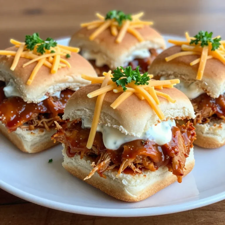 - 2 cups cooked chicken, shredded - 1/2 cup buffalo sauce - 1/4 cup cream cheese, softened - 1/4 cup ranch dressing - 1/2 cup shredded cheddar cheese - 12 slider buns - 1/2 cup celery, finely diced - Fresh parsley, chopped, for garnish - Sliced pickles - Calories: Approximately 200 per slider - Protein: About 15 grams per slider - Fat: Roughly 10 grams per slider - Carbohydrates: Approximately 18 grams per slider These sliders pack a flavorful punch! The shredded chicken mixed with buffalo sauce makes a tasty base. Cream cheese and ranch add creaminess, while cheddar cheese gives a nice melt. With the diced celery, you get a crunch that brightens up the rich flavors. If you like tang, consider adding sliced pickles. They bring a zesty kick! Each slider is around 200 calories, making them a fun choice for parties. With protein and flavor, they satisfy both hunger and taste buds. Feel free to mix and match toppings or dips to make these sliders your own! {{ingredient_image_2}} To start, gather your ingredients. In a big bowl, add 2 cups of shredded chicken. Pour in 1/2 cup of buffalo sauce. Stir well, so all the chicken gets coated in that spicy goodness. Next, add 1/4 cup of softened cream cheese and 1/4 cup of ranch dressing. Use a spatula to mix everything until it looks smooth. This step makes it creamy and delicious. Now, gently fold in 1/2 cup of shredded cheddar cheese and 1/2 cup of finely diced celery. This adds flavor and crunch to your sliders. Now, let’s build our sliders! Preheat your oven to 350°F (175°C) so it’s ready for baking. Take the slider buns and slice them in half. Place the bottom halves in a baking dish. This forms a nice base for the filling. Spoon the buffalo chicken mixture generously onto each bun. Make sure to put enough on each one so they are tasty. If you like, you can add sliced pickles on top for some zing. Finally, place the top halves of the buns over the filling. Cover your baking dish tightly with aluminum foil. Bake in the preheated oven for 15 minutes. This helps the sliders heat through and soak up all the flavors. After 15 minutes, carefully remove the foil. Put the dish back in the oven for an extra 5 minutes. This will crisp up the tops and make them golden brown. Once done, take them out and sprinkle fresh chopped parsley on top. This adds a nice pop of color and taste. You can easily adjust the heat of your buffalo chicken sliders. Start with less buffalo sauce if you want a milder taste. Add more sauce as you mix it in. You can also use a milder sauce or blend in some honey. This gives you sweetness and cuts the heat. For the best presentation, arrange your sliders on a nice platter. Keep them warm by covering them with a cloth. Serve them right after baking for that fresh taste. Let guests build their sliders by offering extra ranch and celery sticks. This adds fun and flavor to every bite. Pair your sliders with tasty sides. Crunchy celery and carrots work great for dipping. You can also serve extra ranch dressing in small bowls. For a tangy twist, add sliced pickles on the side. These choices make your party spread even more exciting! Pro Tips Adjust the Heat: If you prefer a milder flavor, reduce the amount of buffalo sauce or mix in a little honey to balance the heat. Make Ahead: Prepare the buffalo chicken mixture a day in advance and store it in the refrigerator. Just assemble and bake when you're ready to serve! Cheese Variations: Experiment with different cheeses like pepper jack for a spicy kick or mozzarella for a milder, gooey texture. Serving Suggestions: Serve with extra ranch dressing and celery sticks for dipping, or pair with carrot sticks for a crunchy contrast! {{image_4}} You can make Buffalo chicken sliders healthier. Swap the regular cream cheese for low-fat cream cheese. This change cuts calories and fat. You could also use Greek yogurt instead of ranch dressing. Greek yogurt adds creaminess while boosting protein. For a veggie twist, try using shredded jackfruit or cauliflower instead of chicken. These options are great for a lighter meal. Cheese can change the flavor of your sliders. While cheddar cheese is classic, you can try pepper jack for more spice. Monterey Jack adds a mild creaminess. For a tangy kick, use blue cheese crumbles. You can mix different cheeses to find your favorite combination. The bun you choose can change your sliders. Slider buns are great, but consider using whole grain or gluten-free buns for a healthier option. You can also use lettuce leaves for a low-carb version. It adds crunch and freshness. For a fun twist, try mini pretzel buns. They give a salty bite that pairs well with the spicy chicken. To keep your buffalo chicken sliders fresh, store them in an airtight container. Make sure to separate the sliders if they are stacked. This step helps prevent sogginess. Keep them in the fridge for up to three days. If you notice any strong smells or changes in texture, it’s best to discard them. When reheating leftover sliders, you want to keep them tasty. Preheat your oven to 350°F (175°C). Place the sliders on a baking sheet. Cover them with foil to avoid drying out. Heat for about 10-15 minutes. Check that they are warmed through. You can also microwave a single slider for 30-60 seconds if you're in a hurry. If you want to save the sliders for later, freezing is a great option. Wrap each slider tightly in plastic wrap. Then, place them in a freezer bag or container. This method helps keep them fresh. They can last up to three months in the freezer. When you are ready to eat, thaw them in the fridge overnight before reheating. Buffalo chicken sliders are small sandwiches filled with spicy shredded chicken. They mix cooked chicken with buffalo sauce, cream cheese, ranch dressing, and cheese. The sliders sit on soft buns, making them perfect for parties or game days. The taste is a spicy, tangy, and creamy delight that everyone loves. Yes, you can make buffalo chicken sliders ahead of time. Prepare the chicken mixture and store it in the fridge. You can also assemble the sliders and keep them covered in the fridge. Just bake them right before serving. This way, you'll save time and still enjoy warm, tasty sliders. If you need a cream cheese substitute, try sour cream or Greek yogurt. These options add creaminess and a tangy flavor. You can also use softened goat cheese for a unique taste. Just pick what you like best to keep the flavor rich and smooth. Buffalo chicken sliders are a tasty treat perfect for any gathering. We covered key ingredients, detailed a step-by-step guide, and explored helpful tips. You can mix and match flavors and customize them to your liking. Remember to store leftovers well to enjoy later. These sliders are easy to make and fun to share. With this knowledge, you can whip up a delicious dish that everyone will love. Enjoy your cooking adventure!
