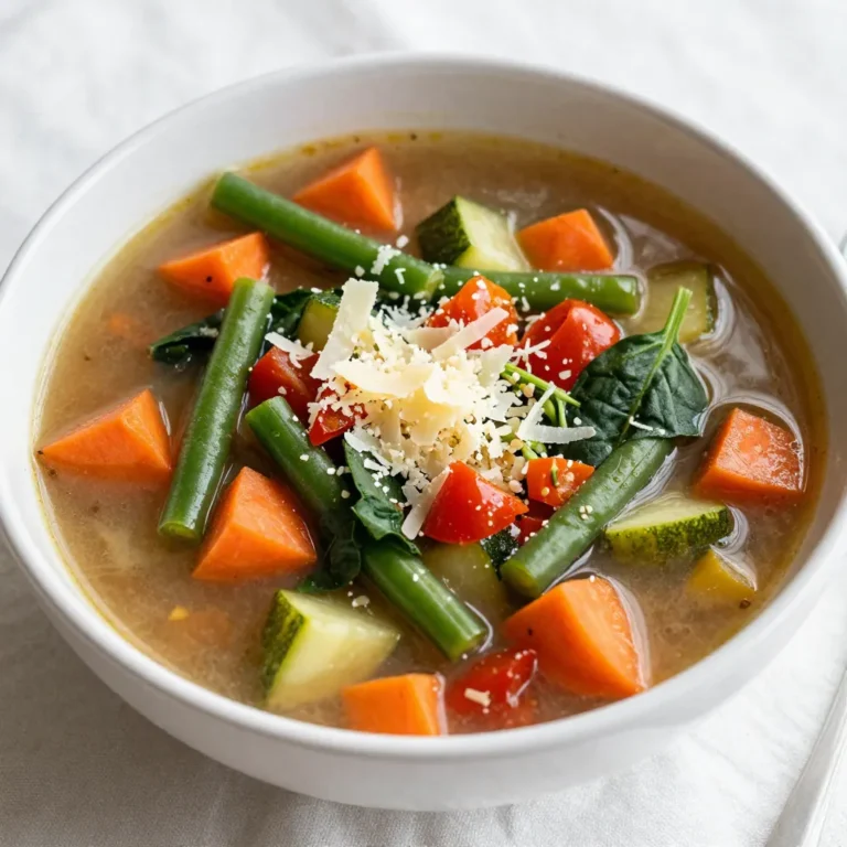 For a rich and hearty veggie packed minestrone soup, gather these key ingredients: - 1 tablespoon extra virgin olive oil - 1 medium onion, finely diced - 2 cloves garlic, minced - 2 medium carrots, diced into small cubes - 2 celery stalks, diced - 1 medium zucchini, diced - 1 cup fresh green beans, trimmed and chopped into bite-sized pieces - 1 cup fresh spinach, roughly chopped - 1 can (14 oz) diced tomatoes in juice - 4 cups low-sodium vegetable broth - 1 can (15 oz) cannellini beans, drained and rinsed thoroughly - 1 teaspoon dried oregano - 1 teaspoon dried basil - Sea salt and freshly cracked black pepper to taste - 1 cup small pasta (such as ditalini or elbow macaroni) - Grated Parmesan cheese for serving (optional) To elevate your soup, consider adding: - A splash of lemon juice for brightness - Fresh basil leaves for a fragrant touch - Red pepper flakes for a hint of spice - Chopped kale or Swiss chard for extra greens Let’s break down the health benefits of some key ingredients: - Spinach: Rich in vitamins A, C, and K, plus iron and calcium. - Carrots: Packed with beta-carotene, good for vision and skin health. - Cannellini beans: High in protein and fiber, they help keep you full. - Zucchini: Low in calories, it adds volume and nutrients without extra calories. This veggie packed minestrone soup not only warms you up but also fills you with nutrients! {{ingredient_image_2}} 1. Start by heating the olive oil in a large pot over medium heat. 2. Add the diced onion and sauté until soft, about three minutes. 3. Mix in the minced garlic and cook for one more minute. 4. Toss in the diced carrots and celery. Cook for two to three minutes. 5. Add the diced zucchini, green beans, and spinach. Stir and cook for four to five minutes. 6. Pour in the diced tomatoes and vegetable broth. Bring to a gentle boil. 7. Once boiling, add the rinsed cannellini beans, oregano, basil, salt, and pepper. 8. Reduce heat to low and let simmer for ten minutes. 9. Stir in the small pasta and continue to simmer for another ten to twelve minutes. 10. Taste and adjust seasoning as needed. If too thick, add broth or water. 11. Serve hot, garnished with Parmesan cheese if desired. - Chop vegetables first: This saves time during cooking. - Use canned beans: They are quick and easy. Just drain and rinse. - Measure spices ahead: Having everything ready helps you stay organized. - Prep in batches: Chop all your veggies at once to speed things up. - Sautéing: This brings out the flavors of your onions and garlic. - Simmering: Gently cooking allows the soup to blend flavors well. - Tasting often: This helps ensure your soup is well-seasoned. - Adjusting texture: You can add more broth if the soup gets too thick. To make the best minestrone soup, start with fresh veggies. Use seasonal produce for the best taste. Make sure to chop your ingredients into similar sizes. This helps them cook evenly. Sauté the onions and garlic well; this builds a rich flavor base. Always taste your soup as it cooks. Adjust the seasoning to your liking. Besides the classic oregano and basil, try adding a bay leaf for depth. A pinch of red pepper flakes gives a nice kick. For a richer flavor, add a splash of balsamic vinegar. Fresh herbs like parsley or thyme can brighten the dish. If you love cheese, sprinkle some grated Parmesan at the end for creaminess. One common mistake is overcooking the pasta. Cook it just until al dente, so it stays firm. Another mistake is not adding enough salt. Salt enhances the natural flavors of the veggies. Lastly, don't skip the broth; it adds essential flavor. If your soup is too thick, add more broth or water to reach your desired consistency. Pro Tips Use Fresh Vegetables: Fresh vegetables not only enhance the flavor of the soup but also provide the best texture and nutritional value. Customize Your Pasta: Feel free to experiment with different types of small pasta, such as farro or quinoa pasta, for a unique twist on the classic minestrone. Adjust Thickness: If you prefer a brothier soup, simply add more vegetable broth or water until you reach your desired consistency. Garnish for Flavor: A sprinkle of fresh herbs or a drizzle of high-quality olive oil before serving can elevate the dish and add an aromatic touch. {{image_4}} You can easily make this minestrone soup vegetarian or vegan. This recipe is already meat-free, making it a great choice. To keep it vegan, just skip the optional Parmesan cheese on top. You can add nutritional yeast for a cheesy flavor without dairy. If you have allergies or special diets, you can swap some ingredients. For gluten-free options, use gluten-free pasta. Instead of cannellini beans, you can use chickpeas or black beans. If you prefer a different veggie, try adding bell peppers, kale, or sweet potatoes. To give your minestrone a different taste, try adding spices. A pinch of red pepper flakes can add heat. You might like a splash of lemon juice for brightness. For an Italian twist, add fresh basil or parsley just before serving. Each change can make your soup special! To store leftover minestrone soup, let it cool first. Once cool, pour it into an airtight container. Make sure to leave some space at the top for expansion when freezing. Seal the container tightly to keep out air and moisture. Store it in the fridge for up to three days. If you want to keep it longer, follow the freezing tips below. Freezing is a great way to extend the life of your minestrone soup. Use a freezer-safe container or heavy-duty freezer bags. Divide the soup into smaller portions for easy use later. Label each container with the date. This way, you’ll know how long it has been in the freezer. Properly stored, your soup can last up to three months in the freezer. When you’re ready to enjoy your soup again, thaw it in the fridge overnight. For quick reheating, you can use the microwave or stovetop. If using the microwave, heat in 1-minute intervals, stirring in between. On the stovetop, pour the soup into a pot and heat over medium heat. Stir often until it’s hot all the way through. If the soup is too thick, add a splash of broth or water to reach your desired consistency. Enjoy your comforting bowl of minestrone! To make your minestrone soup thicker, you can mash some of the beans. Use a fork to mash a portion of the cannellini beans right in the pot. This adds creaminess without changing the flavor. Another way is to add more pasta. Just keep an eye on the cooking time, as pasta absorbs liquid. If you want a smooth texture, blend a cup of the soup and stir it back in. Yes, you can use many different vegetables in your minestrone soup. Some great options include bell peppers, kale, or peas. You can also use seasonal veggies like squash or pumpkin. Just remember to chop them small, so they cook evenly. The key is to keep the flavor balance, so mix and match based on what you love. Minestrone soup can last in the fridge for about 3 to 5 days. Make sure you store it in an airtight container. When you reheat, check that it heats all the way through. If it seems too thick, add a splash of broth or water to loosen it up. For a protein boost, you can add cooked chicken or turkey. If you want to keep it vegetarian, try adding tofu or chickpeas. Both options work well in soup and add great texture. You can also sprinkle in some nuts or seeds for crunch and extra nutrition. Minestrone soup is a great meal that anyone can make. We covered the must-have ingredients, the steps to cook, and tips to get it just right. You can try fun variations for different diets, and learn smart storage methods too. Remember, cooking is about experimenting and making it your own. Don’t hesitate to mix flavors or swap veggies. Enjoy your tasty, homemade minestrone soup, and share it with friends!
