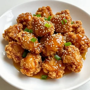 - 1 pound boneless, skinless chicken thighs, cut into bite-sized pieces - 1 cup all-purpose flour - 1/2 cup cornstarch - 2 large eggs, beaten - Vegetable oil, for frying - 1/2 teaspoon baking powder - 1/2 teaspoon salt - 1/4 teaspoon black pepper - 1/4 cup honey - 2 tablespoons soy sauce - 1 tablespoon rice vinegar - 2 tablespoons sesame seeds - 2 green onions, sliced (for garnish) These ingredients come together to create a dish that is both tasty and simple. You need chicken thighs for juiciness and flavor. The flour and cornstarch mix helps create that lovely crunch we crave. The eggs act like glue, helping the dry mix stick to the chicken. For spices, baking powder gives extra lift, while salt and black pepper enhance the taste. The glaze is a sweet and tangy mix of honey, soy sauce, and rice vinegar. Finally, sesame seeds add a nutty crunch, and green onions bring a fresh touch. Each ingredient plays a key role in making this dish stand out. Choosing fresh and high-quality items will make your meal even better. {{ingredient_image_2}} To start, you need to mix the dry ingredients. In a large bowl, whisk together: - 1 cup all-purpose flour - 1/2 cup cornstarch - 1/2 teaspoon baking powder - 1/2 teaspoon salt - 1/4 teaspoon black pepper Mix these well. This blend adds a great crunch to the chicken. Next, let's coat the chicken. You will dip each piece of chicken into: - 2 large eggs, beaten Let any extra egg drip off. Then, coat the chicken with your dry mixture. Make sure every piece is fully covered. This step is key for crispiness! Now, it&rsquo;s time to fry. Heat about 1-2 inches of vegetable oil in a deep skillet over medium-high heat. Aim for 350&deg;F (175&deg;C). Carefully add the chicken pieces in batches. Don't overcrowd the pan. Fry them for 5-7 minutes. Look for a golden brown color. Use a slotted spoon to remove the chicken. Place it on a paper towel-lined plate to drain excess oil. While the chicken is frying, prepare the honey glaze. In a saucepan, combine: - 1/4 cup honey - 2 tablespoons soy sauce - 1 tablespoon rice vinegar Cook over medium heat. Stir continuously and bring it to a gentle simmer for about 3 minutes. The glaze will thicken slightly. Once your glaze is ready, add the fried chicken to the saucepan. Toss the chicken well. Make sure every piece gets that sweet honey glaze. Finally, add some finishing touches. Sprinkle 2 tablespoons of sesame seeds over the glazed chicken. Toss gently to distribute the seeds. Let the chicken sit for a minute. This allows the glaze to set. Then, serve hot, garnished with sliced green onions. Enjoy your crispy honey sesame chicken! To get the best crispy honey sesame chicken, follow these tips. First, ensure your oil is hot enough. Heat the oil to about 350&deg;F. If it&rsquo;s too cool, the chicken will soak up oil and become soggy. Use a thermometer to check the oil temperature. Next, coat each piece of chicken well. Dip it in egg first, then cover it with the flour and cornstarch mix. This double coating helps create a great crunch. Fry the chicken in batches. Overcrowding the pan lowers the oil&rsquo;s temperature and makes it hard to fry evenly. For frying, vegetable oil is your best bet. It has a high smoke point, which is perfect for frying. You can also use canola or peanut oil. These oils have a light flavor that won&rsquo;t overpower your chicken. Always keep an eye on the oil temperature. If it gets too hot, it can burn the chicken. If it&rsquo;s too low, it can make the chicken greasy. The right balance is key for perfect frying. If you want a healthier option, try baking or air-frying the chicken. For baking, preheat your oven to 400&deg;F. Place the coated chicken on a baking sheet lined with parchment paper. Bake for about 20-25 minutes, flipping halfway through. For air-frying, set your air fryer to 375&deg;F. Cook the chicken in a single layer for about 12-15 minutes, shaking the basket halfway through. Both methods will give you crispy chicken without deep frying. Pro Tips Choose the Right Chicken: Using boneless, skinless chicken thighs instead of breasts ensures a juicier and more flavorful dish, as thighs have a higher fat content. Double Dredge for Extra Crispiness: For an even crunchier coating, consider dipping the chicken back into the egg and then into the flour-cornstarch mixture a second time before frying. Monitor Oil Temperature: Using a thermometer to keep the oil at 350&deg;F (175&deg;C) is crucial. If the oil is too hot, the chicken will burn; if it's too cool, the chicken will absorb excess oil. Let the Glaze Cool Slightly: Allow the glaze to cool for a minute after cooking before adding it to the chicken. This will help it adhere better and create a thicker coating. {{image_4}} You can add heat to your crispy honey sesame chicken in many ways. One option is to mix chili flakes into the dry mixture. This adds a nice kick to the coating. Another choice is to stir in Sriracha or chili paste into the honey glaze. This will give your dish a sweet and spicy twist. If you love heat, try using spicy honey instead of regular honey. To make a vegetarian version, use tofu or seitan. For tofu, press it to remove extra moisture, then cut it into bite-sized pieces. Coat and fry the tofu just like the chicken. If you choose seitan, slice it into pieces and follow the same steps. Both options will give you a tasty, meat-free meal. Pair your crispy honey sesame chicken with great sides. Steamed rice is a classic choice. You can also serve it with saut&eacute;ed vegetables for color and nutrition. A fresh salad can balance the meal, too. Try adding some pickled cucumbers for a crunchy contrast. This adds flavor and makes the dish pop on the plate. To keep your crispy honey sesame chicken fresh, let it cool first. Place the chicken in an airtight container. You can store it in the fridge for up to three days. If you want to keep it longer, freeze it instead. Use freezer bags or containers. Make sure to remove as much air as possible before sealing. To reheat the chicken and keep it crispy, use the oven. Preheat your oven to 375&deg;F (190&deg;C). Place the chicken on a baking sheet. Bake for about 10-15 minutes. This method helps to restore the crunch. You can also use an air fryer. Set it to 350&deg;F (175&deg;C) and heat for about 5-8 minutes. Crispy honey sesame chicken lasts about three days in the fridge. If you freeze it, it can last up to three months. Always label your containers with the date. This way, you know when it&rsquo;s time to eat or toss it. Enjoy your tasty leftovers! The best oil for frying chicken is vegetable oil. It has a high smoke point, which means it can get hot without burning. You can also use canola oil or peanut oil. These oils are good because they won&rsquo;t change the flavor of the chicken. Yes, you can make this dish gluten-free. Substitute all-purpose flour with gluten-free flour. Look for cornstarch that is labeled gluten-free as well. This will keep the dish tasty without any gluten. To keep the chicken crispy, you should drain it well after frying. Place it on a paper towel to absorb extra oil. Serve it right after coating with glaze. This way, it stays crunchy and delicious! Yes, you can use chicken breast instead of thighs. Just remember that chicken breasts can dry out quicker. Make sure you don&rsquo;t cook them too long. Thighs are juicier, but breasts work well too! This blog covered all steps for making honey sesame chicken. You learned about key ingredients and made a tasty glaze. We also shared tips for a perfect, crispy finish. Different cooking methods and fun variations could fit your taste. Good storage and reheating methods help keep it fresh. Now, you can make this dish confidently and impress your friends and family. Enjoy your cooking journey!