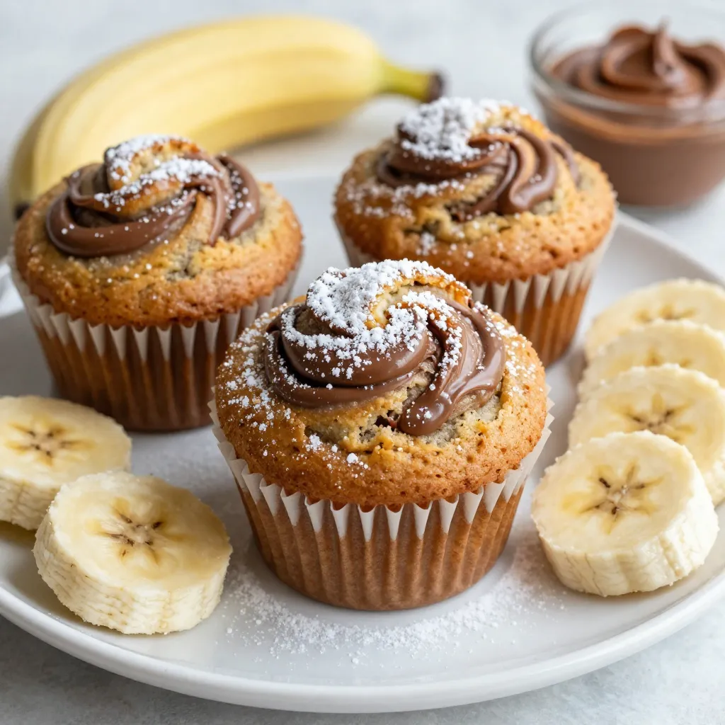 To make delicious banana Nutella swirl muffins, you need: - 3 ripe bananas, thoroughly mashed - 1/3 cup unsalted butter, melted - 1/2 cup granulated sugar - 1 large egg, lightly beaten - 1 teaspoon pure vanilla extract - 1 teaspoon baking soda - A pinch of salt - 1 cup all-purpose flour - 1/3 cup Nutella (chocolate-hazelnut spread) - Optional: 1/4 cup chopped walnuts or pecans for added crunch You can swap some ingredients based on what you have: - Use plant-based butter instead of unsalted butter for a dairy-free option. - Substitute brown sugar for granulated sugar for a richer flavor. - If you need an egg-free option, try 1/4 cup of unsweetened applesauce instead of the egg. - For gluten-free muffins, use a 1:1 gluten-free flour blend. To enhance your muffins, consider these add-ins: - Add 1/4 cup of chocolate chips for extra sweetness. - Mix in 1/2 teaspoon of cinnamon for a warm spice flavor. - You can even throw in some dried fruit, like raisins or cranberries, for a fruity twist. These ingredients and substitutions give you room to create your perfect banana Nutella swirl muffin! {{ingredient_image_2}} Start by preheating your oven to 350°F (175°C). Grease your muffin tin or line it with paper liners. This helps keep the muffins from sticking. In a large bowl, mash the ripe bananas. Add melted butter and mix until smooth. Next, stir in granulated sugar, the beaten egg, and vanilla extract. Mix until all ingredients are well combined. Now, sprinkle baking soda and a pinch of salt over the mixture. Stir well to mix everything together. Gradually fold in the all-purpose flour using a spatula. Mix gently until you no longer see dry flour. It’s okay if there are some lumps. If you want to add nuts, fold in the chopped walnuts or pecans now. Now comes the fun part: swirling in the Nutella. Use a spoon to divide the batter into the muffin cups, filling each about two-thirds full. Next, take a teaspoon and drop dollops of Nutella onto the batter. Use a toothpick or a skewer to swirl the Nutella into the batter. Make sure to create a beautiful marbled effect. Place the muffin tin in your preheated oven. Bake for 18 to 20 minutes. To check if they are done, insert a toothpick into the center. If it comes out clean, they are ready. Once baked, let the muffins cool in the tin for about 5 minutes. Then, transfer them to a wire rack to cool completely. Enjoy the delightful aroma filling your kitchen! Mixing is key to great muffins. First, mash your bananas well. This helps create a smooth batter. When you add butter, stir until it blends in. Next, add sugar and the beaten egg. Mix until smooth. Sprinkle in baking soda and salt afterward. Then, fold in the flour gently. Avoid overmixing; lumps are okay. If you add nuts, fold them in last. Baking times matter. Preheat your oven to 350°F (175°C). Use a greased muffin tin or paper liners to prevent sticking. Fill each cup about two-thirds full for the best rise. Keep an eye on your muffins as they bake. Check them at 18 minutes with a toothpick. If it comes out clean, they are ready! Serve your muffins warm for the best taste. Dust them lightly with powdered sugar. Pair them with a small bowl of Nutella for extra fun. You can also add fresh banana slices for a lovely touch. Arrange the muffins on a nice plate for a great look. Enjoy every sweet, chocolatey bite! Pro Tips Use Overripe Bananas: The riper the bananas, the sweeter your muffins will be. Look for bananas with brown spots for the best flavor. Don't Overmix: Mix the batter until just combined to keep your muffins light and fluffy. A few lumps are okay! Swirl Technique: For a beautiful swirl, use a toothpick to gently create a marbled effect with the Nutella. Don’t overdo it, or it will blend completely! Storage Tips: Store the muffins in an airtight container at room temperature for up to 3 days, or freeze them for longer storage. Reheat before serving for a fresh taste! {{image_4}} You can make these muffins gluten-free with simple swaps. Use gluten-free all-purpose flour instead of regular flour. Ensure the flour blend contains xanthan gum for the right texture. This swap keeps the muffins soft and moist. Mix in different flavors to change things up. Instead of Nutella, try creamy peanut butter or almond butter. You can also add chocolate chips or dried fruit for extra sweetness. Experimenting will give your muffins a unique twist that you'll love. For a nut-free option, skip the nuts entirely. You can replace chopped walnuts or pecans with seeds like pumpkin or sunflower seeds. These seeds add crunch without the allergens. Enjoy delicious muffins without the worry of nut allergies! To keep your muffins fresh, store them in an airtight container. This helps keep them moist. Place the container on the counter for up to three days. If you want to store them for longer, consider freezing them. To freeze, wrap each muffin in plastic wrap. Then, place them in a freezer-safe bag. Be sure to remove as much air as possible before sealing. You can freeze the muffins for up to three months. Label the bag with the date for easy reference. When you're ready to enjoy a muffin, you can reheat it easily. For the microwave, heat for about 15-20 seconds. Check to make sure it’s warm but not too hot to touch. For the oven, preheat to 350°F (175°C) and warm for about 5-10 minutes. This keeps the muffin soft and delicious! Yes, you can use frozen bananas. Just thaw them first. They should be soft and mushy. This helps you mix them easily. Frozen bananas also taste sweet and rich, perfect for muffins. To check if the muffins are done, use a toothpick. Insert it into the center of a muffin. If it comes out clean, they are ready. If it has batter on it, bake a few more minutes. Keep a close watch at the end of baking time. Absolutely! You can double the recipe. Just make sure you have a bigger mixing bowl. You may also need more muffin tins. This way, you can enjoy more muffins or share them with friends! We explored muffin making from start to finish. First, we covered all ingredients and substitutions, making it easy for you to customize. Next, I shared step-by-step instructions that guide you through mixing, swirling in Nutella, and baking. Tips to ensure your muffins turn out perfect followed. We discussed variations for different diets, plus how to store and reheat leftover muffins. In the kitchen, you have the tools to create delicious muffins. Enjoy the process and make it your own!