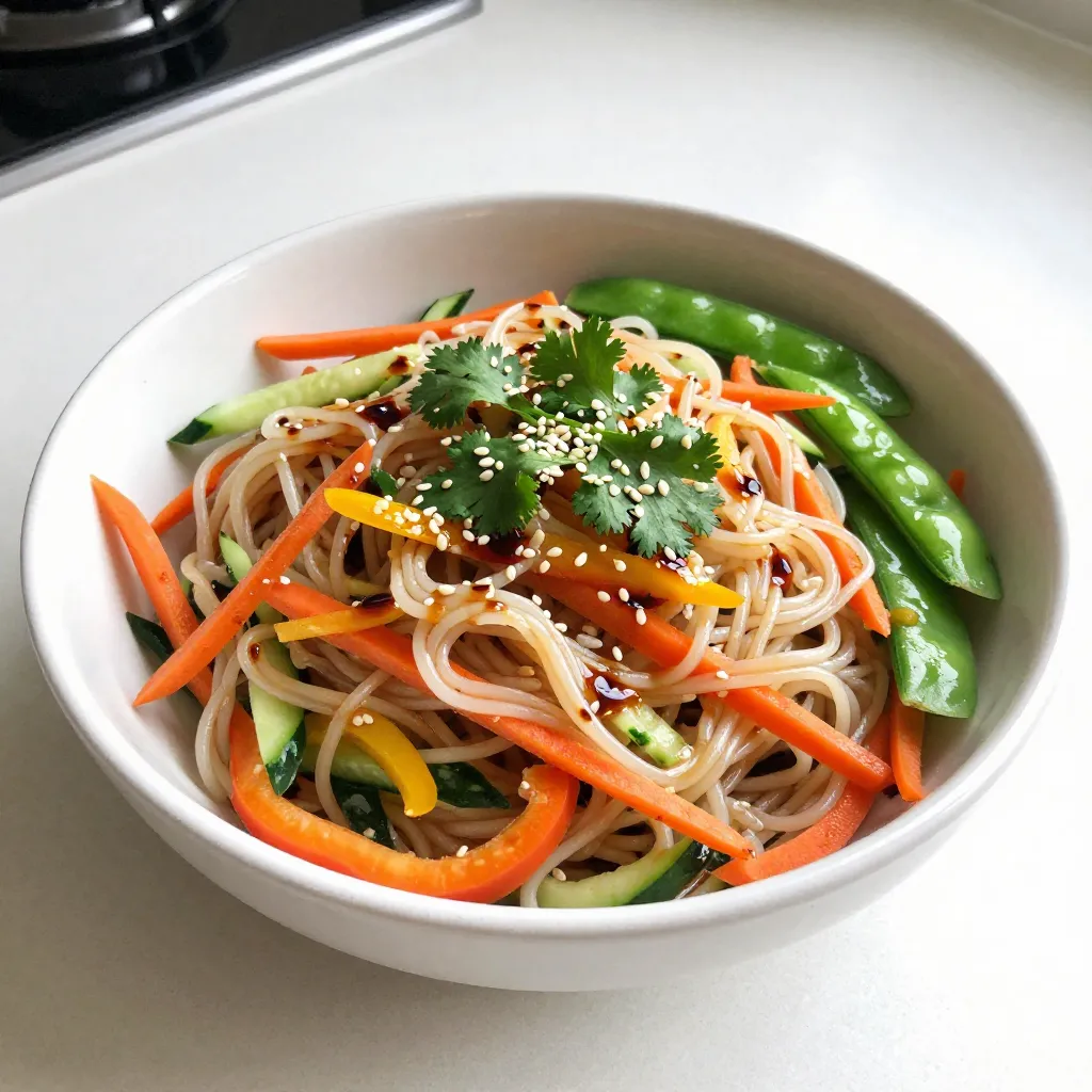 - 8 oz rice noodles - 1 cup shredded carrots - 1 bell pepper (choose red, yellow, or orange) - 1 cucumber - 1 cup snap peas - 3 tablespoons sesame oil - 2 tablespoons soy sauce (or tamari) - 2 tablespoons rice vinegar - 1 tablespoon fresh ginger - 1 tablespoon honey or agave syrup - 1/4 cup sesame seeds - 1/4 cup fresh cilantro - Chopped peanuts or cashews for added texture The main ingredients in this dish create a bright and crunchy salad. The rice noodles serve as the base. They soak up all the flavors well. The carrots add a sweet crunch, while the bell pepper brings a nice color. You can choose any color you like. Cucumbers add a refreshing bite, and snap peas give a sweet crunch. For the dressing, sesame oil is rich and fragrant. It pairs well with soy sauce or tamari for a salty kick. Rice vinegar adds tanginess, while fresh ginger gives a spicy warmth. Honey or agave syrup balances the sharp flavors. For extra fun, you can add garnishes. Sesame seeds add a lovely crunch. Fresh cilantro gives a bright flavor. If you want more texture, sprinkle on some chopped peanuts or cashews. These ingredients make your salad not just tasty but also interesting to eat. {{ingredient_image_2}} To start, fill a large pot with water and bring it to a boil. Once the water is bubbling, add the rice noodles. Cook them according to the package instructions, usually around 4 to 6 minutes. When they are tender, drain the noodles in a colander. Rinse them under cold water to stop the cooking. This helps keep them from getting mushy. Set the noodles aside to drain completely. While the noodles cook, it’s time to prep the veggies. First, shred the carrots using a grater. Then, take the bell pepper and slice it into thin strips. For the cucumber, julienne it into matchstick shapes. Finally, trim the ends of the snap peas for that perfect crunch. This colorful mix adds great flavor and texture to your salad. In a small mixing bowl, combine the dressing ingredients. Add 3 tablespoons of sesame oil, 2 tablespoons of soy sauce, and 2 tablespoons of rice vinegar. Next, grate 1 tablespoon of fresh ginger and add that too. For a hint of sweetness, mix in 1 tablespoon of honey or agave syrup. Whisk it all together until well blended. Taste the dressing and adjust it with salt and pepper to suit your liking. Grab a large mixing bowl for this step. Gently mix the cooked noodles with the shredded carrots, sliced bell pepper, julienned cucumber, trimmed snap peas, and sliced green onions. Make sure everything is evenly incorporated. This step builds the base of your salad. Now, it’s time to make your salad look amazing! Sprinkle 1/4 cup of sesame seeds and 1/4 cup of chopped cilantro over the top. Give the salad one last gentle toss to spread the garnishes evenly. For serving, use a wide, shallow bowl. This lets the colorful ingredients shine. If you want more crunch, you can add chopped peanuts or cashews on top. Enjoy your fresh and flavorful dish! Rinsing your noodles is key. It stops cooking and keeps them from sticking. This creates a perfect base for your salad. After cooking, drain the noodles and rinse them under cold water. Mix your fresh veggies just before serving. This keeps them crunchy and bright. If you add them too early, they can get soggy. A fresh crunch enhances the overall taste. You can add many veggies to this salad. Try bell peppers, radishes, or even broccoli. They add great color and flavor. For protein, toss in grilled chicken or shrimp. If you want a vegan option, use tofu or chickpeas. If you're gluten-free, use tamari instead of soy sauce. Rice noodles are already gluten-free, making this dish easy for everyone. You can also use spiralized veggies as a fun twist. Pair this salad with proteins like chicken or tofu. They add heartiness and make it a full meal. You can grill or sauté the protein for extra flavor. For side dishes, consider spring rolls or edamame. They complement the salad well. These options keep your meal light and fresh, perfect for warm days. Pro Tips Fresh Ingredients: Use fresh vegetables for the best flavor and texture. The crunchier the vegetables, the better the salad will taste! Customize Your Noodles: Rice noodles can be substituted with soba or whole wheat noodles for a different flavor and texture. Make Ahead: This salad can be made a few hours in advance. However, wait to add the dressing until just before serving to keep the vegetables crisp. Spice It Up: For an extra kick, add sliced jalapeños or a dash of chili oil to the dressing for a spicy twist! {{image_4}} You can switch rice noodles for other types. Try whole grain noodles for a nutty taste. Vegetable noodles add color and flavor. Zucchini or sweet potato noodles work great. They keep your dish fresh and light. Change the dressing for extra zing. Use sesame paste for a rich taste. Peanut butter gives a creamy twist. If you enjoy spice, add chili oil or sriracha. This will kick up the heat and flavor. Use fresh veggies based on the season. Spring brings tender asparagus and snap peas. In summer, add ripe tomatoes or bell peppers. Autumn calls for roasted squash or carrots. Choose what’s fresh and tasty in your area! This keeps the salad exciting and full of flavor. To keep your Sesame Ginger Noodle Salad fresh, store it in an airtight container. Make sure to refrigerate the salad right after serving. This helps prevent any spoilage. If you used fresh veggies like cucumber or snap peas, eat them within a couple of days. Their crunch is best when fresh. You should serve this salad cold or at room temperature. If you want to eat it warm, add a little hot water to the dressing. This will help revive the flavors. Try not to heat the noodles, as they can become mushy. Toss everything gently to mix the dressing back in. In the fridge, this salad lasts about three days. Look for any signs of spoilage, like a funky smell or slimy veggies. If you notice either of these, it’s best to toss it out. Always trust your senses when checking for freshness! Yes, you can make this salad ahead of time. To keep it fresh, store the noodles, vegetables, and dressing separately. Mix them just before serving. This helps keep the noodles from getting soggy. When stored this way, the salad stays crisp and tasty for up to three days. If you need a soy sauce substitute, try tamari. Tamari is gluten-free and has a similar taste. You can also use coconut aminos for a lighter flavor. For lower sodium, look for low-sodium soy sauce or tamari options. These swaps keep your salad flavorful without the extra salt. Yes, this salad is great for meal prep. Portion it into containers for easy grab-and-go meals. Keep the dressing in a small jar to add later. This way, the salad stays fresh all week. You can prepare enough for lunch or dinner for several days. Absolutely! Adding protein makes the salad more filling. You can use grilled chicken, shrimp, or tofu. Cook the protein ahead and slice it up. Mix in the protein with the noodles and veggies for a balanced meal. It’s a tasty way to add nutrition to your dish. This article covered the essentials of making a delicious Sesame Ginger Noodle Salad. You learned about the main ingredients, how to prepare them, and tips for the best texture. Remember to customize your salad with seasonal veggies and proteins. Enjoy experimenting with flavors and garnishes. This salad is healthy, quick, and perfect for meal prep. Keep leftovers fresh in the fridge and enjoy them throughout the week. Now, get cooking and delight in every bite of your new favorite salad!