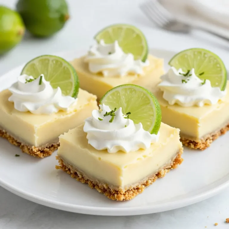 - 1 cup graham cracker crumbs - 1/4 cup granulated sugar - 1/2 cup unsalted butter, melted - 2 cups sweetened condensed milk - 3/4 cup fresh key lime juice (approximately 12-15 limes) - 1 tablespoon finely grated lime zest - 3 large egg yolks - Whipped cream, for topping - Thin lime slices, for garnish For key lime pie bars, you need simple yet key ingredients. First, the crust needs graham cracker crumbs. The crumbs give a nice crunch and flavor. You mix them with sugar and melted butter. This mix makes a tasty base. Next comes the filling. Sweetened condensed milk brings sweetness and creaminess. Fresh key lime juice adds that zesty kick. You will need about 12-15 limes for the juice. Grated lime zest adds more lime flavor. The egg yolks help bind everything together. Finally, for serving, whipped cream is a must. It balances the tartness of the pie. Thin lime slices make the bars look pretty and fresh. Each ingredient plays a big part in making these bars special. {{ingredient_image_2}} First, preheat your oven to 350°F (175°C). This step ensures your bars bake evenly. Next, grab an 8x8 inch baking dish. Line it with parchment paper. Let the edges hang over the sides. This makes it easy to lift out the bars later. In a medium bowl, combine 1 cup of graham cracker crumbs and 1/4 cup of granulated sugar. Stir well to mix them. Then, pour in 1/2 cup of melted unsalted butter. Mix until the mixture looks like wet sand. Pack this graham cracker mixture firmly into the bottom of your baking dish. Make sure it is even and well-pressed. Bake the crust for 10 minutes. It should look lightly golden when done. In a large mixing bowl, whisk together 2 cups of sweetened condensed milk, 3/4 cup of fresh key lime juice, and 1 tablespoon of finely grated lime zest. Add 3 large egg yolks to the bowl. Mix until everything is smooth and fully blended. This filling is where the magic happens! Once your crust has cooled, pour the key lime filling over it. Spread the mixture evenly with a spatula. Place the baking dish back in the oven. Bake for 15 to 18 minutes. The filling should be set but still have a slight jiggle in the center. When the baking time is up, take the dish out. Let the bars cool to room temperature. After that, refrigerate them for at least 2 hours. This ensures they set properly and chill nicely. To make a great crust, pack it evenly in the dish. Use your hands or the back of a measuring cup to press it down firmly. Bake the crust until it is lightly golden, about 10 minutes. This step gives it a nice crunch and stops it from being soggy. For the best texture, mix the sweetened condensed milk, lime juice, zest, and egg yolks until smooth. This ensures a creamy filling. If you like it sweeter, add a bit more sugar. Taste the filling before baking to make sure it’s just right. For a fun presentation, cut the bars into squares and place them on a pretty platter. Top each bar with a dollop of whipped cream. Add a thin lime slice on top for a bright look. You could also sprinkle extra lime zest around the bars for a pop of color. Pro Tips Use Fresh Limes: For the best flavor, always use fresh key limes instead of bottled juice. The freshness makes a significant difference in taste. Chill Thoroughly: Allow the bars to chill for at least 2 hours after baking. This ensures they set properly and makes cutting easier. Adjust Sweetness: If you prefer a tangier flavor, feel free to reduce the amount of sweetened condensed milk slightly to balance the tartness of the key limes. Garnish Creatively: Besides whipped cream, consider adding toasted coconut or crushed graham crackers as an alternative garnish for added texture. {{image_4}} To make vegan key lime pie bars, I switch out the dairy and eggs. For the crust, use coconut oil instead of butter. This gives a nice flavor and texture. For the filling, replace sweetened condensed milk with coconut cream. Use flax eggs as a substitute for regular eggs. Mix one tablespoon of ground flaxseed with three tablespoons of water. Let it sit for five minutes until it thickens. This works well in many recipes. For gluten-free key lime pie bars, I use gluten-free graham crackers. Many brands offer these tasty options. Just make sure to check the label. The rest of the recipe stays the same. You can still enjoy that zesty flavor without any gluten. This makes it perfect for those with gluten sensitivities. I love making mini key lime pie bars for parties. To do this, simply use a mini muffin tin instead of an 8x8 inch dish. Press the crust into the bottom of each cup. Fill them with the key lime mixture just like the larger bars. Bake them for about 12-15 minutes. Once they cool, you can pop them out easily. These bite-sized treats are fun and great for sharing! To keep your Key Lime Pie Bars fresh, store them in the fridge. Place the bars in an airtight container. This helps maintain their zesty flavor and creamy texture. If you need to freeze them, wrap each bar tightly in plastic wrap. Then, put them in a freezer-safe bag. This will help them last longer and keep them tasty. These bars can stay fresh in the fridge for about a week. After that, you might notice a change in flavor or texture. Signs of spoilage include a sour smell, discoloration, or a watery appearance. If you see any of these signs, it’s best to toss the bars. Always trust your senses when it comes to food safety! Yes, you can use regular limes. However, key limes have a unique taste. They are more tart and fragrant. This makes your bars taste fresh and zesty. Regular limes are less tart and can taste a bit bitter. You may need to adjust the sugar if you use them. Key limes are the star of this dish, so try to use them if you can. Key Lime Pie Bars need at least 2 hours to chill. This time helps them set up well. If you want them extra firm, chill them longer. Chilling helps the flavors blend nicely and gives them the right texture. Be patient! The wait is worth it when you take that first bite. Absolutely! You can make these bars a day ahead. Just follow the recipe and chill them. They store well in the fridge. If you want to freeze them, wrap them tightly. When you are ready to serve, let them thaw in the fridge. This makes it easy for parties or gatherings. Enjoy the convenience of a great dessert ready to go! Key lime pie bars combine a tasty crust, a creamy filling, and fresh lime zest. You learned how to make the crust, fill it, and bake it just right. I shared tips for perfect bars and fun variations, like vegan and gluten-free options. Remember to store your bars well for the freshest taste. Enjoy this bright, zesty treat anytime! You’ll impress your friends and family with these simple steps. Happy baking!