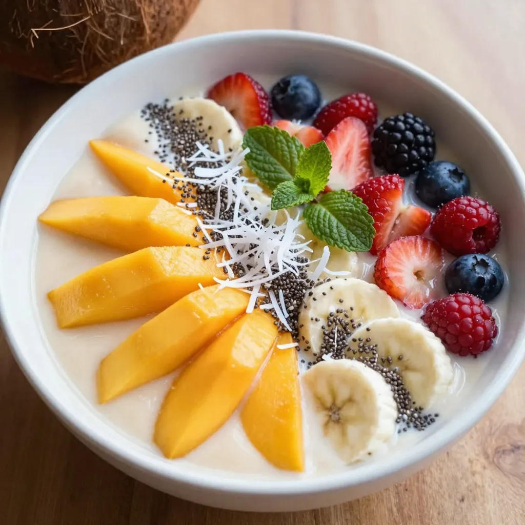 - 1 ripe mango, peeled and diced - 1 cup coconut milk (preferably canned for a creamier texture) - 1 medium frozen banana - 1/2 cup Greek yogurt (substitute with dairy-free yogurt if preferred) - 2 tablespoons honey or maple syrup (optional, for added sweetness) - 1/4 cup unsweetened shredded coconut - 1 tablespoon chia seeds - Fresh mango slices and mixed berries (such as strawberries and blueberries) for topping - Fresh mint leaves for a fragrant garnish To make this bowl, I use a ripe mango. If you can't find one, try using frozen mango chunks. They work well and keep the smoothie cold. For coconut milk, canned gives the best creaminess. If you're dairy-free, use dairy-free yogurt instead of Greek yogurt. You can swap honey for maple syrup if needed. Chia seeds add fiber, but if you don't have them, you can skip them. - Mango: Rich in vitamins A and C, mango helps boost your immune system. - Coconut milk: This creamy milk provides healthy fats that keep you full longer. - Frozen banana: Adds natural sweetness and potassium, good for your heart. - Greek yogurt: Packed with protein, it supports muscle health and digestion. - Honey or maple syrup: These natural sweeteners give you energy without refined sugars. - Shredded coconut: Contains fiber and healthy fats, which support gut health. - Chia seeds: Full of omega-3 fatty acids, these seeds help with brain function. - Mixed berries: These fruits are high in antioxidants, which fight free radicals. - Mint leaves: They add fresh flavor and can help with digestion. {{ingredient_image_2}} Start with a high-speed blender. Add the diced mango, coconut milk, frozen banana, and Greek yogurt. Blend on high until creamy and smooth. Make sure there are no lumps. Taste the mix. If you want it sweeter, add honey or maple syrup. Blend again to mix in the sweetener. Take a bowl and pour in the smoothie. Make sure it looks bright and colorful. Use a spoon to create a nice swirl if you like. This will make it look even better. Next, sprinkle the shredded coconut and chia seeds evenly on top. This adds texture and flavor. You can add extra toppings for more flavor. Try fresh mango slices or mixed berries like strawberries and blueberries. These add color and taste. For a fresh twist, add mint leaves either on top or to one side. This gives your bowl a nice look and aroma. Enjoy your smoothie bowl right away! To make a smooth and creamy bowl, use frozen fruit. Frozen bananas work well. They add creaminess and chill your smoothie. Use a high-speed blender for the best results. Blend until no lumps remain. If it’s too thick, add a bit more coconut milk. If it's too thin, add more frozen fruit. Taste your smoothie base before adding sweetener. Ripe mangoes are naturally sweet. You may not need extra sweeteners. If you like it sweeter, add honey or maple syrup. Start with one tablespoon, then blend and taste again. Adjust until it’s just right for you. Pour your smoothie into a bowl for a nice look. Top it with fresh mango slices and mixed berries. Add shredded coconut and chia seeds for texture. Mint leaves add a pop of color and flavor. Serve with a spoon and enjoy right away! Pro Tips Choose a Ripe Mango: A ripe mango will provide the best flavor and sweetness. Look for one that is slightly soft to the touch and has a fragrant aroma. Freeze Your Banana: Using a frozen banana adds creaminess and chill to your smoothie bowl. Peel and slice bananas before freezing for easy blending. Experiment with Toppings: Feel free to customize your toppings! Try adding granola, nuts, or seeds for extra crunch and nutrition. Blend in a High-Speed Blender: A high-speed blender will ensure your smoothie is perfectly smooth and creamy. If you don’t have one, blend in smaller batches to avoid lumps. {{image_4}} You can change the mango to many other fruits. Try using ripe bananas or juicy peaches. Pineapple adds a nice tropical twist too. For toppings, consider adding nuts like almonds or walnuts. Sliced kiwi and pomegranate seeds also look great. Mix and match to find your favorite combo! To make this smoothie bowl dairy-free, swap Greek yogurt for a plant-based yogurt. Coconut yogurt works well, giving a rich flavor. You can also skip honey and use agave syrup instead. This keeps your bowl vegan and just as tasty. Use seasonal fruits for a fresh taste. In spring, add strawberries or raspberries. Summer is perfect for peaches or cherries. In fall, consider using apples or pumpkin puree for a warm flavor. Each season brings new options, so get creative! If you have any smoothie bowl left, store it in an airtight container. This keeps it fresh. It’s best to eat it within one day. The longer it sits, the less tasty it becomes. If you see any separation, just stir it well before eating. You can freeze any leftover smoothie for later. Pour it into ice cube trays for easy use. Once frozen, pop out the cubes and store them in a bag. This way, you can blend them again for a quick treat. Just add a little coconut milk or water to your blender when you’re ready. I don’t recommend reheating smoothie bowls. They taste best when cold and fresh. If your smoothie is too thick after freezing, add more coconut milk or yogurt. Blend it until it’s smooth again. You’ll have a refreshing treat ready to enjoy! To make your smoothie bowl vegan, swap Greek yogurt for dairy-free yogurt. Use almond, soy, or coconut yogurt. Also, replace honey with maple syrup or agave syrup. This keeps the bowl sweet and plant-based. Yes, you can use fresh fruit! However, using frozen bananas helps give a creamier texture. If you choose fresh, add ice to keep the bowl cold. The bowl will still taste great and be refreshing. You can replace Greek yogurt with any dairy-free yogurt. Almond, coconut, or cashew yogurt works well. If you want a thicker texture, use a nut-based yogurt. This adds creaminess and keeps the flavor bright. This blog post covered all you need for the perfect smoothie bowl. I shared ingredient details, tips for blending, and ideas to enhance your drink. You learned about variations and how to store leftovers, too. Smoothie bowls are fun and healthy. Use this guide to enjoy your own creations. Experiment with flavors and textures. Soon, you’ll make the best smoothie bowl. Remember, the right ingredients and techniques make a big difference!