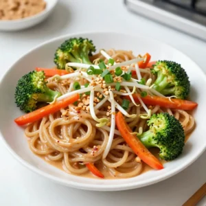 - 8 oz rice noodles - 1 cup broccoli florets - 1 bell pepper, thinly sliced (red or yellow) - 1 carrot, julienned - 1/4 cup creamy peanut butter - 3 tablespoons soy sauce - 2 tablespoons freshly squeezed lime juice - 1 tablespoon sriracha - 1 tablespoon sesame oil - 1 teaspoon sugar - 1 cup fresh bean sprouts - 3 green onions, chopped - 1/2 cup peanuts, crushed (plus additional for garnish) - Fresh cilantro The ingredients in this dish are simple yet vibrant. You start with the rice noodles, which serve as the base. They soak up all the flavors from the sauce and veggies. Broccoli florets add a nice crunch and color. The bell pepper brings sweetness, while the carrot gives a pop of color and texture. The sauce is where the magic happens. Creamy peanut butter forms the heart of the sauce. It combines with soy sauce for saltiness, lime juice for a tangy kick, and sriracha for heat. Sesame oil adds a nutty flavor, and a touch of sugar balances everything out. Don&rsquo;t forget the garnishes! Fresh bean sprouts add crispness, while green onions give a mild onion flavor. Crushed peanuts provide extra crunch, and cilantro adds a fresh finish. Each ingredient plays a role in making this dish flavorful and fun. {{ingredient_image_2}} - Boil salted water and cook 8 oz of rice noodles until al dente. - Drain and rinse under cold water. This stops the cooking and keeps them firm. - Boil fresh water and blanch 1 cup of broccoli florets for 2 minutes. - Transfer to ice water, then drain. This keeps the broccoli bright and crisp. - In a bowl, combine 1/4 cup of creamy peanut butter, 3 tablespoons of soy sauce, 2 tablespoons of lime juice, 1 tablespoon of sriracha, 1 tablespoon of sesame oil, and 1 teaspoon of sugar. - Whisk until smooth. If the sauce is thick, add a bit of water to adjust. - Heat a skillet over medium heat. Add the cooked noodles and the blanched vegetables. - Drizzle the peanut sauce over everything and toss gently to coat. - Fold in 3 chopped green onions and 1/2 cup of crushed peanuts. - Taste the dish and adjust seasoning with more sriracha or soy sauce as needed. - Plate the spicy Thai peanut noodles and garnish with fresh cilantro and extra crushed peanuts for crunch. To avoid overcooking noodles, follow these steps: - Boil salted water first. - Cook rice noodles for just 4 to 6 minutes. - Drain and rinse under cold water right away. This quick rinse stops the cooking process and keeps the noodles firm. For blanching vegetables, here's what to do: - Bring fresh water to a boil. - Add broccoli and blanch for 2 minutes. - Use a slotted spoon to place it in ice water. This method keeps vegetables bright and crisp. If you need alternatives to peanut butter, consider these options: - Almond butter works well. - Sunflower seed butter is a great nut-free choice. - Cashew butter adds a unique flavor. To adjust spice levels with sriracha, try these tips: - Start with a small amount and taste. - Add more sriracha if you want it spicier. - Mix in a little honey to balance heat. For serving suggestions, consider these tips for visual appeal: - Use deep, colorful bowls to make your dish pop. - Create height with the vegetables for a fancy look. - Drizzle extra peanut sauce on top for flair. For garnishing options, try these ideas: - Add fresh cilantro for color and flavor. - Sprinkle extra crushed peanuts for crunch. - Top with sesame seeds for an added touch. These tips make your Spicy Thai Peanut Noodles not only tasty but also beautiful! Pro Tips Vegetable Crunch: To maintain the vibrant colors and crunchiness of your vegetables, avoid overcooking them during blanching. A quick plunge into ice water after blanching halts the cooking process effectively. Peanut Sauce Consistency: If you find your peanut sauce too thick, add a small amount of warm water or vegetable broth to thin it out. This will help it coat the noodles perfectly without being overwhelming. Spice Control: Adjust the sriracha according to your heat preference. Start with less if you're unsure, as you can always add more later for an extra kick. Garnish for Flavor: Don&rsquo;t skip the fresh cilantro and additional crushed peanuts on top. They add not only flavor but also texture and a pop of color to the dish. {{image_4}} You can add protein to your spicy Thai peanut noodles in many ways. Here are some great options: - Chicken: Cooked, shredded chicken adds a nice texture. Use grilled or rotisserie chicken for ease. - Shrimp: Saut&eacute;ed shrimp cook quickly and pair well with the sauce. Just add them in during the last few minutes of cooking. - Tofu: Firm tofu is a great choice for a vegetarian option. Cube it and pan-fry until golden brown before mixing it in. Feel free to swap in different veggies to make this dish your own. Here are some tasty ideas: - Snap Peas: These add a nice crunch and sweet flavor. - Zucchini: Thinly slice or spiralize zucchini for a fresh twist. - Mushrooms: Saut&eacute;ed mushrooms bring umami depth to the dish. If you need a gluten-free meal, it&rsquo;s easy to adapt this recipe. Just follow these tips: - Noodles: Use gluten-free rice noodles. They work just like regular noodles and taste great. - Soy Sauce: Opt for gluten-free soy sauce or tamari. This keeps the flavor intact while being safe for those with gluten sensitivities. To keep your Spicy Thai Peanut Noodles fresh, place them in an airtight container. Make sure to cool the noodles to room temperature first. This helps prevent moisture buildup. You can store them in the fridge for 3 to 5 days. Always check for any signs of spoilage before eating. When reheating, you want to keep the noodles from getting soggy. Use a skillet over medium heat. Add a splash of water or more peanut sauce to help steam them. Stir often to heat evenly. This keeps the texture nice and firm. Yes, you can freeze Spicy Thai Peanut Noodles! To do this, let them cool completely. Then, place them in a freezer-safe bag. Squeeze out as much air as you can before sealing. They can last for about 2 to 3 months in the freezer. When you&rsquo;re ready to eat, thaw them in the fridge overnight. Reheat gently in a skillet with a bit of water or sauce. If you don&rsquo;t have rice noodles, you can use other types. Try using: - Thin spaghetti: It has a similar texture. - Soba noodles: These are made from buckwheat and add a nice flavor. - Udon noodles: They are thicker but work well with the sauce. - Zucchini noodles: For a low-carb option, these are great. These substitutes can enhance your dish while keeping it tasty. Yes, this dish can be vegan-friendly. Check the following ingredients: - Peanut butter: Make sure it&rsquo;s pure and contains no added oils. - Soy sauce: Use a vegan version, as some may contain fish. - Sriracha: Verify it&rsquo;s vegan, as some brands may add non-vegan ingredients. With these checks, you can enjoy a delicious vegan meal. You can adjust the spice to fit your taste. Here are some tips: - Start with sriracha: Add one tablespoon and mix well. - Taste and test: If you want more heat, add more. - Add chili flakes: For extra spice, sprinkle in red chili flakes. - Use fresh chilis: Chop up fresh chilies and mix them in. This way, you can make your noodles as spicy as you love them. Yes, you can make this dish ahead. Here&rsquo;s how: - Prep the noodles: Cook and store them in the fridge. - Make the sauce: Prepare the peanut sauce and keep it in a jar. - Chill the veggies: Blanch and store your veggies in an airtight container. When you&rsquo;re ready to eat, just heat everything up and mix! This saves time and keeps your meal fresh. In this post, we explored the simple joy of Spicy Thai Peanut Noodles. We covered the key ingredients, step-by-step cooking methods, and some useful tips. Whether you're craving a satisfying meal or looking for quick leftovers, this dish fits the bill. Feel free to adapt the recipe with your favorite proteins or veggies. Embrace your creativity and enjoy every bite! With these ideas, you can make a delicious meal that you'll want to share again and again.