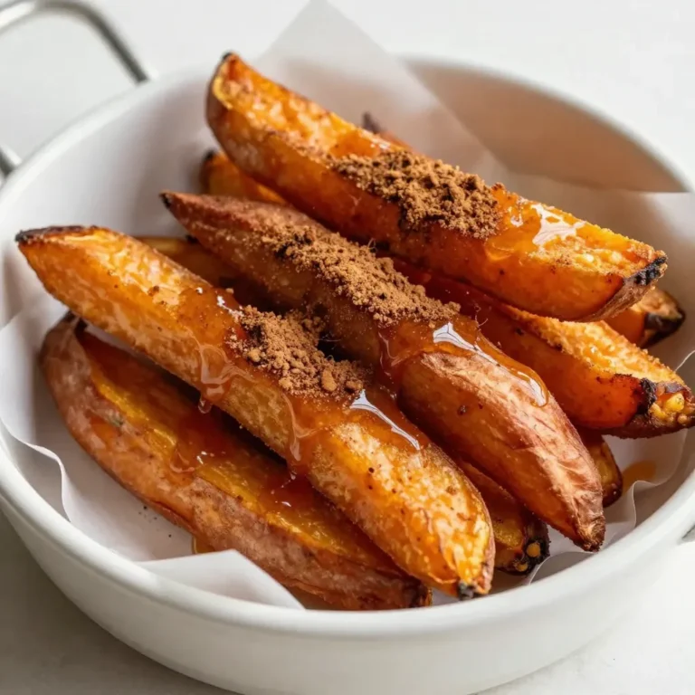 - Sweet potatoes and their preparation - Use 2 large sweet potatoes. Peel and cut them into thin fry shapes. Sweet potatoes provide a natural sweetness. They also add color and nutrition. - Olive oil and its role - You need 2 tablespoons of extra virgin olive oil. This oil helps the fries crisp up nicely. It also adds a rich flavor that pairs well with sweet potatoes. - Flavoring agents: maple syrup, cinnamon, salt, and pepper - For sweetness, add 2 tablespoons of pure maple syrup. It enhances the fries and gives them a lovely glaze. - Use 1 teaspoon of ground cinnamon. This spice adds warmth and a cozy scent. - Include ½ teaspoon of fine sea salt. Salt balances the sweetness and boosts flavor. - Add ¼ teaspoon of freshly ground black pepper for a hint of spice. - Optionally, sprinkle in ½ teaspoon of smoked paprika. This adds a touch of smokiness to the fries. These ingredients mix together to create a sweet and savory flavor profile. You will love how they come together in this dish! {{ingredient_image_2}} Start by preheating your oven to 425°F (220°C). This temperature ensures the fries cook well. While the oven heats, grab a baking sheet. Line it with parchment paper. This helps with cleanup later and keeps the fries from sticking. Next, take your sweet potatoes and place them in a large mixing bowl. It’s time to add the olive oil. Pour in 2 tablespoons of extra virgin olive oil. Toss the sweet potatoes well. You want each fry to be coated in oil. This step is key for getting that nice texture when you bake them. Now comes the fun part—flavors! Drizzle 2 tablespoons of pure maple syrup over the sweet potatoes. Then, sprinkle in 1 teaspoon of ground cinnamon, ½ teaspoon of fine sea salt, and a ¼ teaspoon of freshly ground black pepper. If you like a hint of smokiness, add ½ teaspoon of smoked paprika. Toss everything again. Make sure the fries are evenly covered in the mixture. Time to bake! Spread the fries in a single layer on your prepared baking sheet. Give them space to breathe; this helps them crisp up. Bake them in the oven for 25-30 minutes. Don’t forget to flip them halfway through! This step ensures they cook evenly and get golden brown. Once they are out of the oven, let them cool for a few minutes before serving. Enjoy your tasty treat! To get fries that are crispy, start with the right cut. Cut your sweet potatoes thin, about 1/4 inch thick. This size helps them cook evenly and crisp up nicely. Use a baking sheet lined with parchment paper. It helps prevent sticking and makes cleanup easy. Make sure not to crowd the fries on the sheet. Leave space between each fry, so they can breathe and crisp up. Even coating is key to great flavor. After you cut the sweet potatoes, place them in a large bowl. Add olive oil first, and toss well. This step ensures each fry gets some oil. Then add the maple syrup and spices. Toss again until every fry is well coated. This keeps the flavors balanced and tasty in every bite. Presentation makes food more inviting. For serving, use a rustic basket lined with parchment paper. It gives a homey feel. Drizzle some extra maple syrup on top before serving. Sprinkle more cinnamon for a festive look. You can also serve them with a dip, like yogurt or a spicy sauce, for extra fun. Pro Tips Cut Evenly: Ensure all sweet potato pieces are cut to the same thickness for even cooking and crispiness. Soak for Crispiness: Soak the cut fries in cold water for 30 minutes before baking to remove excess starch for a crispier texture. Use Parchment Paper: Lining your baking sheet with parchment paper prevents sticking and makes cleanup a breeze. Store Leftovers Properly: Store any leftover fries in an airtight container in the fridge and reheat in the oven for best results. {{image_4}} If you want some heat, add cayenne pepper. Just sprinkle a little into your mix. This will give your fries a spicy kick. The sweet maple syrup balances the spice well. You can adjust the heat to your liking. Try starting with 1/4 teaspoon and add more if you dare! For a tasty crunch, add nuts or seeds. Chopped walnuts or pecans work great. You can also try sesame seeds or pumpkin seeds. Just toss them in before baking. This will add texture and flavor to your fries. It makes them more fun to eat, too! If you want to switch it up, use honey or agave. Both sweeteners add a lovely flavor. Honey gives a floral note, while agave is mild and sweet. Just use the same amount as maple syrup. This way, you can enjoy different tastes while keeping the fries delicious. To keep your maple cinnamon sweet potato fries fresh, store them in an airtight container. Let them cool completely before sealing. This helps avoid moisture buildup, which can make fries soggy. Place a paper towel in the container to absorb extra moisture. Store them in the fridge for up to three days. When it’s time to enjoy leftovers, reheating them right is key. Preheat your oven to 400°F (200°C). Spread the fries on a baking sheet in a single layer. Bake for about 10-15 minutes until they are hot and crispy. You could also use an air fryer for a quicker option. Just heat them at 350°F (175°C) for about 5-7 minutes. If you want to save some fries for later, freezing is a great option. First, let the fries cool completely. Spread them in a single layer on a baking sheet and freeze until solid. This prevents them from sticking together. Once frozen, transfer the fries to a freezer-safe bag. They can last for up to three months. When you're ready to eat them, bake directly from frozen, adding a few extra minutes to the cooking time. Yes, you can use regular potatoes. They will change the flavor and texture. Sweet potatoes are sweeter and softer. Regular potatoes are more starchy and crispier. If you use them, keep an eye on the baking time. They may cook faster than sweet potatoes. To make these fries healthier, try these tips: - Use less olive oil. You can reduce it to 1 tablespoon. - Skip the maple syrup or use a small amount. - Add spices like garlic powder or paprika for flavor without extra calories. - Serve with a yogurt dip instead of a creamy sauce. Yes, you can prep the fries ahead. Cut the sweet potatoes and store them in water. This keeps them fresh for a few hours. You can also bake them, then store in the fridge. Reheat them in the oven for a few minutes to regain crispiness. Enjoy these fries fresh for the best taste! You learned how to make tasty sweet potato fries. We covered the ingredients, steps, and tips for crispiness. You saw different ways to change the recipe and how to store leftovers. Now, you can enjoy sweet potato fries that are healthy and fun. Try these methods and impress your friends and family. Enjoy the flavors and make them yours!