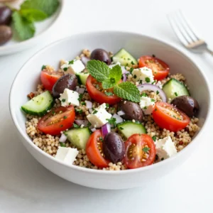 - 1 cup quinoa, thoroughly rinsed - 2 cups vegetable broth (or water) You start with quinoa. Rinse it well to remove any bitterness. Then, cook it in vegetable broth or water. I like using broth for more flavor. Bring it to a boil, then simmer until fluffy and the liquid is gone, about 15-20 minutes. - 1 cup cherry tomatoes, halved - 1 cucumber, diced into small pieces - 1/2 red onion, finely chopped - 1/2 cup Kalamata olives, pitted and sliced - 1/2 cup feta cheese, crumbled - 1/4 cup fresh parsley, coarsely chopped - 1/4 cup fresh mint, coarsely chopped Next, gather your veggies and herbs. Cherry tomatoes add sweetness. Diced cucumber gives a nice crunch. Finely chopped red onion adds sharpness. Kalamata olives bring a salty bite. Crumbled feta cheese adds creaminess. Fresh parsley and mint provide bright flavors. Mix them all in a big bowl. - 3 tablespoons extra virgin olive oil - 2 tablespoons freshly squeezed lemon juice - Salt and freshly ground black pepper to taste Now, let's make the dressing. Combine olive oil and lemon juice in a small bowl. Whisk until blended well. Season with salt and black pepper. This dressing ties everything together and brings out the flavors of the salad. {{ingredient_image_2}} First, rinse one cup of quinoa under cold water. This removes any bitter taste. Next, bring two cups of vegetable broth or water to a boil in a medium saucepan. Once boiling, add the rinsed quinoa. Lower the heat to a simmer and cover the pan. Cook for 15 to 20 minutes. The quinoa should be fluffy and all the liquid absorbed. After cooking, take it off the heat and let it cool completely. In a large mixing bowl, gather all your chopped vegetables. Start with one cup of halved cherry tomatoes. Then, add one diced cucumber and half of a finely chopped red onion. Next, toss in half a cup of sliced Kalamata olives and half a cup of crumbled feta cheese. Finally, add one-fourth cup each of coarsely chopped parsley and mint. Gently mix everything together. This ensures a nice blend of flavors. Take a small bowl and add three tablespoons of extra virgin olive oil. Squeeze in two tablespoons of fresh lemon juice. Add salt and freshly ground black pepper to taste. Use a whisk to mix these ingredients until they blend well. This dressing will add a fresh zing to your salad. Once the quinoa cools, it&rsquo;s time to mix everything. Gently fold the quinoa into the bowl with the vegetables and herbs. Make sure to incorporate all the ingredients evenly. Drizzle the dressing over the salad and toss everything together. Taste it and adjust the seasoning if needed. Enjoy your fresh and vibrant Mediterranean quinoa salad! To get the best quinoa texture, rinse it well before cooking. This step removes bitter saponins. Use a fine mesh strainer for best results. When cooking, use vegetable broth for flavor. Bring the broth to a boil, then reduce to a simmer. Cover the pot and cook for 15 to 20 minutes. The quinoa should be fluffy and all the liquid must absorb. Let it cool completely before mixing with other ingredients. To boost flavor, add fresh herbs like parsley and mint. These herbs add brightness and freshness. A pinch of salt and black pepper enhances all the flavors, too. You can also try lemon zest for an extra zing. If you like a bit of heat, consider adding crushed red pepper flakes. Mix the dressing well to blend the oil and lemon juice. This ensures every bite bursts with flavor. Serve the salad in a large bowl for family-style meals. Garnish with extra feta and fresh herbs for a colorful touch. For a fun twist, layer the salad in mason jars. Start with quinoa, then veggies and herbs, creating a pretty portable dish. This makes it perfect for lunch or picnics. Enjoy it cold or at room temperature for the best taste. Pro Tips Rinse the Quinoa: Always rinse quinoa thoroughly under cold water before cooking to remove its natural coating, called saponin, which can taste bitter. Cooling the Quinoa: Let the cooked quinoa cool completely before adding it to the salad to prevent wilting the fresh vegetables and herbs. Fresh Herbs: For the best flavor, use fresh parsley and mint. If you don't have fresh herbs, dried herbs can be used, but the flavor will be different. Make it Ahead: This salad can be made a day in advance and stored in the refrigerator. The flavors develop and improve as it sits! {{image_4}} You can easily make this salad vegetarian or vegan. Simply skip the feta cheese. Instead, try adding avocado for creaminess. You could also mix in some nutritional yeast for a cheesy flavor. This keeps the dish rich and satisfying without dairy. If you want extra protein, consider adding chickpeas or black beans. These legumes blend well with the salad. You can also include grilled chicken or shrimp if you prefer meat. Just remember to cook them first and let them cool before mixing. Feel free to swap out ingredients based on what you have. If you don&rsquo;t have cherry tomatoes, try bell peppers instead. You can also use any type of olives you like. For herbs, basil or cilantro can add a fun twist. Just make sure to keep the core flavors intact for a delicious meal. To keep your Mediterranean quinoa salad fresh, store it in an airtight container. This helps lock in flavors and moisture. Place the salad in the fridge right after preparing it. If you have leftovers, try to eat them within three days for the best taste. Always mix the salad again before serving to revive its look. You can eat this salad cold or warm. If you prefer it warm, heat quinoa separately. Use a microwave or stovetop. Avoid heating the veggies, herbs, or feta cheese, as they taste best fresh. Simply warm the quinoa, then mix it back with the salad. - Quinoa: When cooked, quinoa lasts about 3 to 5 days in the fridge. - Vegetables: Fresh veggies like cucumbers and tomatoes can last 2 to 3 days once mixed. - Feta Cheese: Crumbled feta stays fresh for up to a week if stored well. Always check for any signs of spoilage before eating leftovers. Keeping an eye on freshness ensures a tasty meal every time! Yes, you can make this salad ahead of time. Prepare it a day before serving. Store it in the fridge. The flavors will blend well overnight. Just remember to add the dressing right before you serve it. This keeps the salad fresh and crunchy. If you want a substitute for feta cheese, try using goat cheese or ricotta. Both have a creamy texture and nice flavor. You could also use tofu for a vegan option. It will change the taste, but it still works well. Yes, quinoa is gluten-free. It comes from a seed, not a grain. This makes it a great option for those with gluten allergies. Quinoa is also high in protein, making it a healthy choice. To add spice to your salad, consider using crushed red pepper flakes. They add heat without overwhelming the flavors. You can also try adding diced jalape&ntilde;os or a sprinkle of cayenne pepper. Just start with a little, and adjust to your taste. Yes, you can use frozen vegetables in this recipe. They are convenient and save time. Just thaw and drain them before adding to the salad. This way, you keep the texture and flavor balanced. This blog post covered making a tasty Mediterranean quinoa salad. We explored key ingredients, step-by-step instructions, and helpful tips. Variations let you customize the dish, while storage info keeps leftovers fresh. Mediterranean quinoa salad is easy to make and full of flavor. You can enjoy it as a side or main dish. I hope you feel inspired to create your version today!