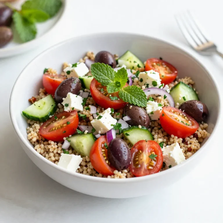- 1 cup quinoa, thoroughly rinsed - 2 cups vegetable broth (or water) You start with quinoa. Rinse it well to remove any bitterness. Then, cook it in vegetable broth or water. I like using broth for more flavor. Bring it to a boil, then simmer until fluffy and the liquid is gone, about 15-20 minutes. - 1 cup cherry tomatoes, halved - 1 cucumber, diced into small pieces - 1/2 red onion, finely chopped - 1/2 cup Kalamata olives, pitted and sliced - 1/2 cup feta cheese, crumbled - 1/4 cup fresh parsley, coarsely chopped - 1/4 cup fresh mint, coarsely chopped Next, gather your veggies and herbs. Cherry tomatoes add sweetness. Diced cucumber gives a nice crunch. Finely chopped red onion adds sharpness. Kalamata olives bring a salty bite. Crumbled feta cheese adds creaminess. Fresh parsley and mint provide bright flavors. Mix them all in a big bowl. - 3 tablespoons extra virgin olive oil - 2 tablespoons freshly squeezed lemon juice - Salt and freshly ground black pepper to taste Now, let's make the dressing. Combine olive oil and lemon juice in a small bowl. Whisk until blended well. Season with salt and black pepper. This dressing ties everything together and brings out the flavors of the salad. {{ingredient_image_2}} First, rinse one cup of quinoa under cold water. This removes any bitter taste. Next, bring two cups of vegetable broth or water to a boil in a medium saucepan. Once boiling, add the rinsed quinoa. Lower the heat to a simmer and cover the pan. Cook for 15 to 20 minutes. The quinoa should be fluffy and all the liquid absorbed. After cooking, take it off the heat and let it cool completely. In a large mixing bowl, gather all your chopped vegetables. Start with one cup of halved cherry tomatoes. Then, add one diced cucumber and half of a finely chopped red onion. Next, toss in half a cup of sliced Kalamata olives and half a cup of crumbled feta cheese. Finally, add one-fourth cup each of coarsely chopped parsley and mint. Gently mix everything together. This ensures a nice blend of flavors. Take a small bowl and add three tablespoons of extra virgin olive oil. Squeeze in two tablespoons of fresh lemon juice. Add salt and freshly ground black pepper to taste. Use a whisk to mix these ingredients until they blend well. This dressing will add a fresh zing to your salad. Once the quinoa cools, it’s time to mix everything. Gently fold the quinoa into the bowl with the vegetables and herbs. Make sure to incorporate all the ingredients evenly. Drizzle the dressing over the salad and toss everything together. Taste it and adjust the seasoning if needed. Enjoy your fresh and vibrant Mediterranean quinoa salad! To get the best quinoa texture, rinse it well before cooking. This step removes bitter saponins. Use a fine mesh strainer for best results. When cooking, use vegetable broth for flavor. Bring the broth to a boil, then reduce to a simmer. Cover the pot and cook for 15 to 20 minutes. The quinoa should be fluffy and all the liquid must absorb. Let it cool completely before mixing with other ingredients. To boost flavor, add fresh herbs like parsley and mint. These herbs add brightness and freshness. A pinch of salt and black pepper enhances all the flavors, too. You can also try lemon zest for an extra zing. If you like a bit of heat, consider adding crushed red pepper flakes. Mix the dressing well to blend the oil and lemon juice. This ensures every bite bursts with flavor. Serve the salad in a large bowl for family-style meals. Garnish with extra feta and fresh herbs for a colorful touch. For a fun twist, layer the salad in mason jars. Start with quinoa, then veggies and herbs, creating a pretty portable dish. This makes it perfect for lunch or picnics. Enjoy it cold or at room temperature for the best taste. Pro Tips Rinse the Quinoa: Always rinse quinoa thoroughly under cold water before cooking to remove its natural coating, called saponin, which can taste bitter. Cooling the Quinoa: Let the cooked quinoa cool completely before adding it to the salad to prevent wilting the fresh vegetables and herbs. Fresh Herbs: For the best flavor, use fresh parsley and mint. If you don't have fresh herbs, dried herbs can be used, but the flavor will be different. Make it Ahead: This salad can be made a day in advance and stored in the refrigerator. The flavors develop and improve as it sits! {{image_4}} You can easily make this salad vegetarian or vegan. Simply skip the feta cheese. Instead, try adding avocado for creaminess. You could also mix in some nutritional yeast for a cheesy flavor. This keeps the dish rich and satisfying without dairy. If you want extra protein, consider adding chickpeas or black beans. These legumes blend well with the salad. You can also include grilled chicken or shrimp if you prefer meat. Just remember to cook them first and let them cool before mixing. Feel free to swap out ingredients based on what you have. If you don’t have cherry tomatoes, try bell peppers instead. You can also use any type of olives you like. For herbs, basil or cilantro can add a fun twist. Just make sure to keep the core flavors intact for a delicious meal. To keep your Mediterranean quinoa salad fresh, store it in an airtight container. This helps lock in flavors and moisture. Place the salad in the fridge right after preparing it. If you have leftovers, try to eat them within three days for the best taste. Always mix the salad again before serving to revive its look. You can eat this salad cold or warm. If you prefer it warm, heat quinoa separately. Use a microwave or stovetop. Avoid heating the veggies, herbs, or feta cheese, as they taste best fresh. Simply warm the quinoa, then mix it back with the salad. - Quinoa: When cooked, quinoa lasts about 3 to 5 days in the fridge. - Vegetables: Fresh veggies like cucumbers and tomatoes can last 2 to 3 days once mixed. - Feta Cheese: Crumbled feta stays fresh for up to a week if stored well. Always check for any signs of spoilage before eating leftovers. Keeping an eye on freshness ensures a tasty meal every time! Yes, you can make this salad ahead of time. Prepare it a day before serving. Store it in the fridge. The flavors will blend well overnight. Just remember to add the dressing right before you serve it. This keeps the salad fresh and crunchy. If you want a substitute for feta cheese, try using goat cheese or ricotta. Both have a creamy texture and nice flavor. You could also use tofu for a vegan option. It will change the taste, but it still works well. Yes, quinoa is gluten-free. It comes from a seed, not a grain. This makes it a great option for those with gluten allergies. Quinoa is also high in protein, making it a healthy choice. To add spice to your salad, consider using crushed red pepper flakes. They add heat without overwhelming the flavors. You can also try adding diced jalapeños or a sprinkle of cayenne pepper. Just start with a little, and adjust to your taste. Yes, you can use frozen vegetables in this recipe. They are convenient and save time. Just thaw and drain them before adding to the salad. This way, you keep the texture and flavor balanced. This blog post covered making a tasty Mediterranean quinoa salad. We explored key ingredients, step-by-step instructions, and helpful tips. Variations let you customize the dish, while storage info keeps leftovers fresh. Mediterranean quinoa salad is easy to make and full of flavor. You can enjoy it as a side or main dish. I hope you feel inspired to create your version today!
