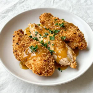 - 4 boneless, skinless chicken breasts - 1 cup pretzels, finely crushed - 1/2 cup seasoned breadcrumbs - 1/2 cup honey - 1/4 cup Dijon mustard - 2 tablespoons extra virgin olive oil - 1 teaspoon garlic powder - Salt and freshly ground black pepper to taste - Fresh parsley, finely chopped (for garnish) To make this dish, use a cup for the pretzels and honey. Measure the Dijon mustard with a quarter cup. Use two tablespoons for olive oil and one teaspoon for garlic powder. A pinch of salt and pepper to taste will help enhance the flavor. For the chicken, I suggest using boneless and skinless breasts for a tender bite. When crushing pretzels, I find that a food processor works best. If you don&rsquo;t have one, place the pretzels in a plastic bag and crush them with a rolling pin. This creates a fine crumb, perfect for coating. You can add a touch of spice to the mix. A pinch of cayenne pepper can give it a nice kick. If you like herbs, try adding dried thyme or oregano to the breadcrumbs. For a sweet twist, mix in some brown sugar with the honey. These add-ins can elevate the flavor and make this dish even more exciting! {{ingredient_image_2}} 1. First, preheat your oven to 375&deg;F (190&deg;C). This helps the chicken cook evenly. 2. Line a baking sheet with parchment paper. It makes cleanup easy and quick. 3. In a mixing bowl, whisk together honey, Dijon mustard, olive oil, garlic powder, salt, and pepper. You want a smooth marinade. 4. Place the chicken breasts in a shallow dish or resealable bag. Pour the marinade over the chicken, making sure each piece gets coated. 5. Let the chicken marinate in the fridge for at least 30 minutes. This step makes the chicken super flavorful. 1. While the chicken marinates, crush your pretzels until they are fine crumbs. This will give the chicken a crunchy coating. 2. In a separate bowl, mix the crushed pretzels with seasoned breadcrumbs. Stir until well combined. 3. After marinating, take the chicken out of the fridge. Let any extra marinade drip off. 4. Dredge each chicken breast in the pretzel mixture. Press gently to make sure it sticks well. 5. Place the coated chicken on your prepared baking sheet. Leave space between each piece for even cooking. 6. Bake for 25-30 minutes, or until the chicken is cooked through. It should reach 165&deg;F (75&deg;C) inside. 1. Once baked, take the chicken out and let it rest for 5 minutes. This helps keep it juicy. 2. Just before serving, sprinkle freshly chopped parsley on top for a nice touch. 3. For a fun presentation, serve the chicken on a rustic board. You can add a small bowl of extra honey mustard for dipping. 4. Pair it with roasted seasonal veggies or a crisp salad for a complete meal. To get that crunchy crust, use finely crushed pretzels. This helps them stick well. Mix the pretzels with seasoned breadcrumbs for extra flavor. Press the chicken into this mix firmly. This ensures every bite has that tasty crunch. If you find the crust isn&rsquo;t sticking, try adding a bit more marinade. Marinating the chicken is key for great taste. Use a mix of honey, Dijon mustard, olive oil, garlic powder, salt, and pepper. Make sure each piece of chicken is covered in the marinade. Let it sit in the fridge for at least 30 minutes. This time helps the chicken soak up the flavors. For best results, marinate for a few hours or overnight. Avoid these mistakes to get the best chicken. First, don&rsquo;t skip the marinating step; it adds flavor. Second, watch your oven temperature. If it&rsquo;s too high, the crust may burn before the chicken cooks. Lastly, don&rsquo;t rush the resting time. Letting the chicken rest for five minutes keeps it juicy and tender. These tips will help you make the best Honey Mustard Pretzel Chicken! Pro Tips Marinate Longer for More Flavor: For an even richer taste, consider marinating the chicken for a few hours or overnight. This allows the flavors to penetrate deeper into the meat. Use Fresh Pretzels: If possible, use fresh, soft pretzels instead of store-bought pretzel crumbs. Fresh pretzels will yield a better texture and flavor in the crust. Check Chicken Temperature: Always use a meat thermometer to ensure the chicken is cooked to the proper internal temperature of 165&deg;F (75&deg;C) for safety and juiciness. Add Heat: If you enjoy a bit of spice, consider adding a pinch of cayenne pepper or a splash of hot sauce to the marinade for an extra kick! {{image_4}} You can swap the pretzel coating for crushed cornflakes or panko crumbs. Cornflakes give a nice crunch and add a sweet flavor. Panko offers a lighter texture and helps the chicken stay crispy. For a spicy kick, try adding crushed red pepper to your coating mix. This small change can elevate your dish with a fun twist. While honey mustard is a star, try a barbecue sauce for zest. You can mix honey with maple syrup for a sweeter taste. Adding soy sauce and ginger creates a tasty Asian flair. For a tangy option, consider using balsamic vinegar instead of mustard. Each marinade change lets you explore new flavors and mood in your cooking. Serve this chicken with mashed potatoes for comfort. Roasted veggies pair well and bring color to your plate. A fresh green salad adds crunch and lightness. Try sweet potato fries for a fun twist on the classic. Every side dish choice enhances the meal and creates a balanced plate. To keep your Honey Mustard Pretzel Chicken fresh, place it in an airtight container. Make sure it cools down first. Store it in the fridge for up to three days. If you have a lot left, you can slice the chicken for easy meals later. When it's time to eat leftovers, preheat your oven to 350&deg;F (175&deg;C). Place the chicken on a baking sheet. Cover it with foil to keep it moist. Heat for about 15-20 minutes or until it's warm all the way through. You can also use a microwave, but that may make the crust less crispy. If you want to save some for later, freeze the chicken. Wrap each piece tightly in plastic wrap, then place it in a freezer bag. This helps prevent freezer burn. It can stay good for up to three months. When you're ready to eat, thaw it in the fridge overnight before reheating. You can use yellow mustard if you need a quick swap. It has a milder taste. Honey mustard also works well for added sweetness. If you like heat, try spicy brown mustard. Each option gives a unique twist to your dish. Yes, you can use boneless thighs instead of breasts. Thighs are juicier and have more flavor. They may take a bit longer to cook, so check the temperature. Aim for an internal temperature of 165&deg;F (75&deg;C) to ensure they are fully done. The best way to know if chicken is fully cooked is using a meat thermometer. Insert it into the thickest part of the chicken. When it reaches 165&deg;F (75&deg;C), it's safe to eat. If you don&rsquo;t have a thermometer, cut into the chicken. The juices should run clear, not pink. This article covered key ingredients and their measurements, along with useful techniques. You learned step-by-step instructions for preparing and cooking your dish. Tips helped enhance flavor and avoid mistakes. I shared variations to keep meals fresh and exciting. Lastly, you now know how to store, reheat, and freeze your leftovers. With these insights, you can create delicious meals every time. Enjoy cooking and experimenting with your recipes!