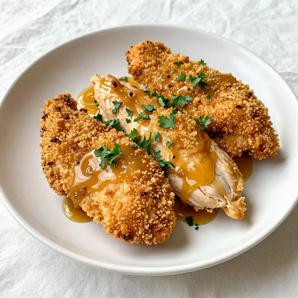 - 4 boneless, skinless chicken breasts - 1 cup pretzels, finely crushed - 1/2 cup seasoned breadcrumbs - 1/2 cup honey - 1/4 cup Dijon mustard - 2 tablespoons extra virgin olive oil - 1 teaspoon garlic powder - Salt and freshly ground black pepper to taste - Fresh parsley, finely chopped (for garnish) To make this dish, use a cup for the pretzels and honey. Measure the Dijon mustard with a quarter cup. Use two tablespoons for olive oil and one teaspoon for garlic powder. A pinch of salt and pepper to taste will help enhance the flavor. For the chicken, I suggest using boneless and skinless breasts for a tender bite. When crushing pretzels, I find that a food processor works best. If you don’t have one, place the pretzels in a plastic bag and crush them with a rolling pin. This creates a fine crumb, perfect for coating. You can add a touch of spice to the mix. A pinch of cayenne pepper can give it a nice kick. If you like herbs, try adding dried thyme or oregano to the breadcrumbs. For a sweet twist, mix in some brown sugar with the honey. These add-ins can elevate the flavor and make this dish even more exciting! {{ingredient_image_2}} 1. First, preheat your oven to 375°F (190°C). This helps the chicken cook evenly. 2. Line a baking sheet with parchment paper. It makes cleanup easy and quick. 3. In a mixing bowl, whisk together honey, Dijon mustard, olive oil, garlic powder, salt, and pepper. You want a smooth marinade. 4. Place the chicken breasts in a shallow dish or resealable bag. Pour the marinade over the chicken, making sure each piece gets coated. 5. Let the chicken marinate in the fridge for at least 30 minutes. This step makes the chicken super flavorful. 1. While the chicken marinates, crush your pretzels until they are fine crumbs. This will give the chicken a crunchy coating. 2. In a separate bowl, mix the crushed pretzels with seasoned breadcrumbs. Stir until well combined. 3. After marinating, take the chicken out of the fridge. Let any extra marinade drip off. 4. Dredge each chicken breast in the pretzel mixture. Press gently to make sure it sticks well. 5. Place the coated chicken on your prepared baking sheet. Leave space between each piece for even cooking. 6. Bake for 25-30 minutes, or until the chicken is cooked through. It should reach 165°F (75°C) inside. 1. Once baked, take the chicken out and let it rest for 5 minutes. This helps keep it juicy. 2. Just before serving, sprinkle freshly chopped parsley on top for a nice touch. 3. For a fun presentation, serve the chicken on a rustic board. You can add a small bowl of extra honey mustard for dipping. 4. Pair it with roasted seasonal veggies or a crisp salad for a complete meal. To get that crunchy crust, use finely crushed pretzels. This helps them stick well. Mix the pretzels with seasoned breadcrumbs for extra flavor. Press the chicken into this mix firmly. This ensures every bite has that tasty crunch. If you find the crust isn’t sticking, try adding a bit more marinade. Marinating the chicken is key for great taste. Use a mix of honey, Dijon mustard, olive oil, garlic powder, salt, and pepper. Make sure each piece of chicken is covered in the marinade. Let it sit in the fridge for at least 30 minutes. This time helps the chicken soak up the flavors. For best results, marinate for a few hours or overnight. Avoid these mistakes to get the best chicken. First, don’t skip the marinating step; it adds flavor. Second, watch your oven temperature. If it’s too high, the crust may burn before the chicken cooks. Lastly, don’t rush the resting time. Letting the chicken rest for five minutes keeps it juicy and tender. These tips will help you make the best Honey Mustard Pretzel Chicken! Pro Tips Marinate Longer for More Flavor: For an even richer taste, consider marinating the chicken for a few hours or overnight. This allows the flavors to penetrate deeper into the meat. Use Fresh Pretzels: If possible, use fresh, soft pretzels instead of store-bought pretzel crumbs. Fresh pretzels will yield a better texture and flavor in the crust. Check Chicken Temperature: Always use a meat thermometer to ensure the chicken is cooked to the proper internal temperature of 165°F (75°C) for safety and juiciness. Add Heat: If you enjoy a bit of spice, consider adding a pinch of cayenne pepper or a splash of hot sauce to the marinade for an extra kick! {{image_4}} You can swap the pretzel coating for crushed cornflakes or panko crumbs. Cornflakes give a nice crunch and add a sweet flavor. Panko offers a lighter texture and helps the chicken stay crispy. For a spicy kick, try adding crushed red pepper to your coating mix. This small change can elevate your dish with a fun twist. While honey mustard is a star, try a barbecue sauce for zest. You can mix honey with maple syrup for a sweeter taste. Adding soy sauce and ginger creates a tasty Asian flair. For a tangy option, consider using balsamic vinegar instead of mustard. Each marinade change lets you explore new flavors and mood in your cooking. Serve this chicken with mashed potatoes for comfort. Roasted veggies pair well and bring color to your plate. A fresh green salad adds crunch and lightness. Try sweet potato fries for a fun twist on the classic. Every side dish choice enhances the meal and creates a balanced plate. To keep your Honey Mustard Pretzel Chicken fresh, place it in an airtight container. Make sure it cools down first. Store it in the fridge for up to three days. If you have a lot left, you can slice the chicken for easy meals later. When it's time to eat leftovers, preheat your oven to 350°F (175°C). Place the chicken on a baking sheet. Cover it with foil to keep it moist. Heat for about 15-20 minutes or until it's warm all the way through. You can also use a microwave, but that may make the crust less crispy. If you want to save some for later, freeze the chicken. Wrap each piece tightly in plastic wrap, then place it in a freezer bag. This helps prevent freezer burn. It can stay good for up to three months. When you're ready to eat, thaw it in the fridge overnight before reheating. You can use yellow mustard if you need a quick swap. It has a milder taste. Honey mustard also works well for added sweetness. If you like heat, try spicy brown mustard. Each option gives a unique twist to your dish. Yes, you can use boneless thighs instead of breasts. Thighs are juicier and have more flavor. They may take a bit longer to cook, so check the temperature. Aim for an internal temperature of 165°F (75°C) to ensure they are fully done. The best way to know if chicken is fully cooked is using a meat thermometer. Insert it into the thickest part of the chicken. When it reaches 165°F (75°C), it's safe to eat. If you don’t have a thermometer, cut into the chicken. The juices should run clear, not pink. This article covered key ingredients and their measurements, along with useful techniques. You learned step-by-step instructions for preparing and cooking your dish. Tips helped enhance flavor and avoid mistakes. I shared variations to keep meals fresh and exciting. Lastly, you now know how to store, reheat, and freeze your leftovers. With these insights, you can create delicious meals every time. Enjoy cooking and experimenting with your recipes!