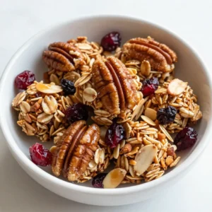 - 2 cups rolled oats - 1 cup pecans, roughly chopped - 1/2 cup almond slices - 1/2 cup pure maple syrup - 1/4 cup coconut oil, melted - 1 teaspoon pure vanilla extract - 1/2 teaspoon ground cinnamon - 1/4 teaspoon sea salt - 1 cup dried cranberries or raisins I love using rolled oats for this recipe. They give the granola a hearty texture. Chopped pecans add a nice crunch and rich flavor. Almond slices bring a bit of sweetness and chew. The maple syrup acts as the main sweetener and binds everything together. Coconut oil makes it all crisp and tasty. I use pure vanilla extract for a warm note. Ground cinnamon gives warmth and depth, while sea salt balances the sweetness. Dried cranberries or raisins add chewy bits that pop in your mouth. If you want to switch nuts, try walnuts or hazelnuts. You can also skip nuts for a nut-free version. For sweeteners, honey or agave syrup work well. You can use canola oil or olive oil instead of coconut oil if you prefer. Just remember that each change can alter the taste a bit, so choose what you love! One serving of granola has about 200 calories. It contains healthy fats from nuts and oil. You'll get fiber from oats and dried fruit, which helps your digestion. The pecans offer protein, which keeps you full longer. Maple syrup provides quick energy without refined sugar. This granola is not just tasty but also good for you! {{ingredient_image_2}} First, you need to preheat your oven to 325&deg;F (160&deg;C). This step is key for even baking. Next, line a large baking sheet with parchment paper. This will help prevent sticking and make cleanup easy. In a large bowl, combine the rolled oats, chopped pecans, almond slices, ground cinnamon, and sea salt. Mix these dry ingredients well. Make sure they are evenly distributed. In a separate bowl, whisk together the pure maple syrup, melted coconut oil, and vanilla extract. This creates a smooth liquid mixture. Now, it's time to mix the wet and dry ingredients. Gradually pour the wet mixture over the dry ingredients. Use a spatula to fold everything together. Make sure all the oats and nuts get coated. To form the clusters, use clean hands or the spatula. Pack the mixture tightly into clusters on the baking sheet. This helps them stick together during baking. Bake for 20-25 minutes. They should turn a lovely golden brown. Halfway through, gently stir the clusters. This step keeps them baking evenly while still keeping their shape. Once the granola is baked, remove the sheet from the oven. Let the granola cool completely on the sheet. Cooling is important because it helps the clusters firm up. After cooling, carefully break the mixture into large clusters. You want them crunchy and tasty. Finally, fold in the dried cranberries or raisins. This adds sweetness and a nice chewy texture. Store your granola clusters in an airtight container to keep them fresh and crunchy. To get those crunchy clusters, pack the mixture tightly. Use your hands or a spatula to form clumps. When they bake, they stick together better. Bake at 325&deg;F (160&deg;C) for 20-25 minutes. Stir the clusters halfway through to help them brown evenly. Watch them closely to avoid burning. You can boost flavor by adding spices. Try nutmeg or ginger for warmth. These spices add depth to the taste. You can also experiment with extracts like almond or orange. A touch of almond extract can brighten the flavor profile. Granola clusters pair perfectly with yogurt or milk. Serve them in bowls, topped with a drizzle of maple syrup. You can also sprinkle them on salads for crunch. Use clusters in trail mixes for a snack on the go. They add sweetness and texture to many dishes. Pro Tips Use Fresh Ingredients: Always opt for fresh nuts and spices for the best flavor and crunch. Stale ingredients can dull the taste of your granola. Customize Your Mix-ins: Feel free to swap out nuts or dried fruits based on your preference. Try adding chocolate chips or coconut flakes for a different twist. Cluster Formation: When forming clusters, ensure they are tightly packed. This helps them hold together better while baking and results in chunkier granola. Storage Tips: Store your granola in an airtight container at room temperature. This will keep them fresh for up to two weeks! {{image_4}} You can switch up the nuts in this recipe. Try walnuts, cashews, or hazelnuts for new flavors. Each nut adds its unique taste and crunch. If you want a nut-free version, use seeds like sunflower or hemp. They still give you that satisfying crunch without the nuts. Dried fruits can change the taste of your granola. Consider using dried apricots, figs, or mango. Each fruit adds a sweet touch. You can mix different fruits to keep things exciting. Dried cranberries pair well with the maple flavor. Raisins add a nice chewy texture too. If you love chocolate, add dark chocolate chunks to the mix. They melt slightly and create a decadent treat. You can also add seeds like chia or pumpkin. These seeds boost nutrition and add fun textures. Mix and match these options to create your perfect granola clusters. Store your maple pecan granola clusters in an airtight container. This keeps them fresh and crunchy. Before you store them, let the clusters cool completely. If they are warm, moisture can form inside the container, leading to sogginess. These granola clusters stay fresh for about two weeks at room temperature. After that, they may lose their crunch. Watch for signs of spoilage, like an off smell or changes in texture. If they feel soft or stale, it&rsquo;s best to discard them. You can freeze your granola clusters to keep them longer. Place them in a freezer-safe bag or container. Be sure to remove as much air as possible to prevent freezer burn. When ready to eat, thaw them in the fridge overnight. This keeps them nice and crunchy for your next snack! You can enjoy granola clusters in many ways. They make a tasty breakfast or snack. Try them with yogurt and fresh fruit for a healthy start. You can also use them in smoothies. Just blend a handful into your favorite smoothie for added crunch and nutrition. They add a nice texture and flavor. Yes, you can make this recipe vegan. Use maple syrup as your sweetener. Replace the coconut oil with a vegan butter or another oil. For the almond slices, you can use pumpkin seeds or sunflower seeds instead. This way, you keep the crunch while making it plant-based. To make this recipe nut-free, skip the pecans and almond slices. Instead, use seeds like pumpkin or sunflower seeds. For a gluten-free version, choose certified gluten-free rolled oats. This way, you can enjoy the clusters without worrying about allergens. Always check labels to ensure safety. In this blog post, we covered how to make delicious granola clusters. We explored the ingredients needed, options for substitutions, and the health benefits of key components. You learned step-by-step instructions for preparing, baking, and storing your granola. Tips for perfecting clusters and enhancing flavor can help you customize your recipe. Finally, we discussed variations, storage tips, and answered some common questions. Enjoy making your granola clusters and share them with friends for fun and healthy snacks!