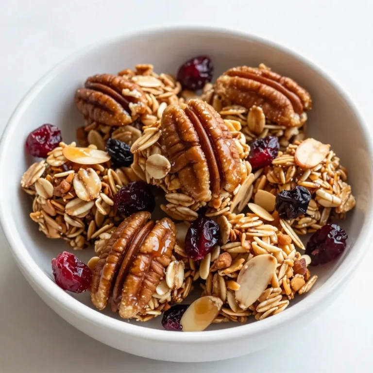 - 2 cups rolled oats - 1 cup pecans, roughly chopped - 1/2 cup almond slices - 1/2 cup pure maple syrup - 1/4 cup coconut oil, melted - 1 teaspoon pure vanilla extract - 1/2 teaspoon ground cinnamon - 1/4 teaspoon sea salt - 1 cup dried cranberries or raisins I love using rolled oats for this recipe. They give the granola a hearty texture. Chopped pecans add a nice crunch and rich flavor. Almond slices bring a bit of sweetness and chew. The maple syrup acts as the main sweetener and binds everything together. Coconut oil makes it all crisp and tasty. I use pure vanilla extract for a warm note. Ground cinnamon gives warmth and depth, while sea salt balances the sweetness. Dried cranberries or raisins add chewy bits that pop in your mouth. If you want to switch nuts, try walnuts or hazelnuts. You can also skip nuts for a nut-free version. For sweeteners, honey or agave syrup work well. You can use canola oil or olive oil instead of coconut oil if you prefer. Just remember that each change can alter the taste a bit, so choose what you love! One serving of granola has about 200 calories. It contains healthy fats from nuts and oil. You'll get fiber from oats and dried fruit, which helps your digestion. The pecans offer protein, which keeps you full longer. Maple syrup provides quick energy without refined sugar. This granola is not just tasty but also good for you! {{ingredient_image_2}} First, you need to preheat your oven to 325°F (160°C). This step is key for even baking. Next, line a large baking sheet with parchment paper. This will help prevent sticking and make cleanup easy. In a large bowl, combine the rolled oats, chopped pecans, almond slices, ground cinnamon, and sea salt. Mix these dry ingredients well. Make sure they are evenly distributed. In a separate bowl, whisk together the pure maple syrup, melted coconut oil, and vanilla extract. This creates a smooth liquid mixture. Now, it's time to mix the wet and dry ingredients. Gradually pour the wet mixture over the dry ingredients. Use a spatula to fold everything together. Make sure all the oats and nuts get coated. To form the clusters, use clean hands or the spatula. Pack the mixture tightly into clusters on the baking sheet. This helps them stick together during baking. Bake for 20-25 minutes. They should turn a lovely golden brown. Halfway through, gently stir the clusters. This step keeps them baking evenly while still keeping their shape. Once the granola is baked, remove the sheet from the oven. Let the granola cool completely on the sheet. Cooling is important because it helps the clusters firm up. After cooling, carefully break the mixture into large clusters. You want them crunchy and tasty. Finally, fold in the dried cranberries or raisins. This adds sweetness and a nice chewy texture. Store your granola clusters in an airtight container to keep them fresh and crunchy. To get those crunchy clusters, pack the mixture tightly. Use your hands or a spatula to form clumps. When they bake, they stick together better. Bake at 325°F (160°C) for 20-25 minutes. Stir the clusters halfway through to help them brown evenly. Watch them closely to avoid burning. You can boost flavor by adding spices. Try nutmeg or ginger for warmth. These spices add depth to the taste. You can also experiment with extracts like almond or orange. A touch of almond extract can brighten the flavor profile. Granola clusters pair perfectly with yogurt or milk. Serve them in bowls, topped with a drizzle of maple syrup. You can also sprinkle them on salads for crunch. Use clusters in trail mixes for a snack on the go. They add sweetness and texture to many dishes. Pro Tips Use Fresh Ingredients: Always opt for fresh nuts and spices for the best flavor and crunch. Stale ingredients can dull the taste of your granola. Customize Your Mix-ins: Feel free to swap out nuts or dried fruits based on your preference. Try adding chocolate chips or coconut flakes for a different twist. Cluster Formation: When forming clusters, ensure they are tightly packed. This helps them hold together better while baking and results in chunkier granola. Storage Tips: Store your granola in an airtight container at room temperature. This will keep them fresh for up to two weeks! {{image_4}} You can switch up the nuts in this recipe. Try walnuts, cashews, or hazelnuts for new flavors. Each nut adds its unique taste and crunch. If you want a nut-free version, use seeds like sunflower or hemp. They still give you that satisfying crunch without the nuts. Dried fruits can change the taste of your granola. Consider using dried apricots, figs, or mango. Each fruit adds a sweet touch. You can mix different fruits to keep things exciting. Dried cranberries pair well with the maple flavor. Raisins add a nice chewy texture too. If you love chocolate, add dark chocolate chunks to the mix. They melt slightly and create a decadent treat. You can also add seeds like chia or pumpkin. These seeds boost nutrition and add fun textures. Mix and match these options to create your perfect granola clusters. Store your maple pecan granola clusters in an airtight container. This keeps them fresh and crunchy. Before you store them, let the clusters cool completely. If they are warm, moisture can form inside the container, leading to sogginess. These granola clusters stay fresh for about two weeks at room temperature. After that, they may lose their crunch. Watch for signs of spoilage, like an off smell or changes in texture. If they feel soft or stale, it’s best to discard them. You can freeze your granola clusters to keep them longer. Place them in a freezer-safe bag or container. Be sure to remove as much air as possible to prevent freezer burn. When ready to eat, thaw them in the fridge overnight. This keeps them nice and crunchy for your next snack! You can enjoy granola clusters in many ways. They make a tasty breakfast or snack. Try them with yogurt and fresh fruit for a healthy start. You can also use them in smoothies. Just blend a handful into your favorite smoothie for added crunch and nutrition. They add a nice texture and flavor. Yes, you can make this recipe vegan. Use maple syrup as your sweetener. Replace the coconut oil with a vegan butter or another oil. For the almond slices, you can use pumpkin seeds or sunflower seeds instead. This way, you keep the crunch while making it plant-based. To make this recipe nut-free, skip the pecans and almond slices. Instead, use seeds like pumpkin or sunflower seeds. For a gluten-free version, choose certified gluten-free rolled oats. This way, you can enjoy the clusters without worrying about allergens. Always check labels to ensure safety. In this blog post, we covered how to make delicious granola clusters. We explored the ingredients needed, options for substitutions, and the health benefits of key components. You learned step-by-step instructions for preparing, baking, and storing your granola. Tips for perfecting clusters and enhancing flavor can help you customize your recipe. Finally, we discussed variations, storage tips, and answered some common questions. Enjoy making your granola clusters and share them with friends for fun and healthy snacks!