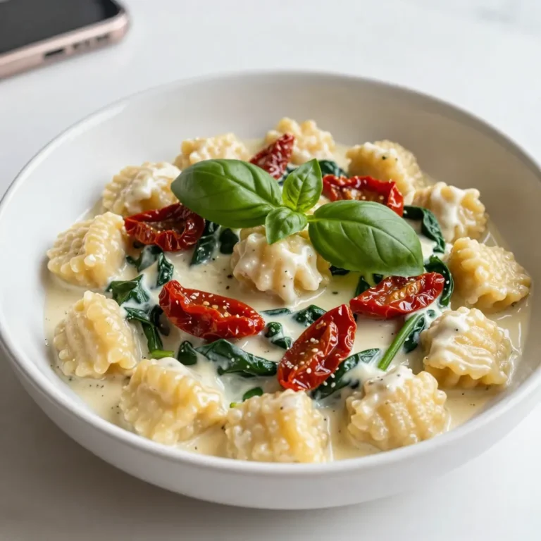 This dish needs a few key ingredients to shine. Here’s what you need: - 1 package (16 oz) gnocchi - 1 cup sun-dried tomatoes, chopped (packed in oil) - 1 cup heavy cream - 1 cup fresh spinach, roughly chopped - 2 cloves garlic, finely minced - 1 tablespoon olive oil - ½ cup freshly grated Parmesan cheese - Salt and freshly ground black pepper to taste - Fresh basil leaves, for garnish These ingredients create a rich, creamy sauce that perfectly coats the gnocchi. While the main ingredients are fantastic, you can add more for extra flavor. Consider using: - Crushed red pepper for heat - Lemon zest for brightness - Artichoke hearts for a unique twist These options can take your dish to the next level! Sometimes, you may need to swap ingredients. Here are some easy substitutions: - For gnocchi, you can use pasta if needed. - Use coconut cream instead of heavy cream for a dairy-free version. - If you don’t have sun-dried tomatoes, try cherry tomatoes or roasted red peppers. Always taste as you go! Adjust seasonings to fit your taste and make the dish your own. {{ingredient_image_2}} Start by boiling salted water in a large pot. Once the water is boiling, add the gnocchi. Cook them according to the package instructions. They are done when they float to the top, which takes about 2-3 minutes. Drain the gnocchi and set them aside for later. In a large skillet, heat the olive oil over medium heat. Add the minced garlic and sauté it for about 1 minute. Watch closely so the garlic doesn’t burn. Next, add the chopped sun-dried tomatoes to the skillet. Cook them for another 2-3 minutes. This allows the tomatoes to soak up the garlic flavor. Now, pour in the heavy cream while stirring. Keep stirring until the mixture simmers gently. This helps the flavors to develop. Add the chopped spinach and let it wilt for 1-2 minutes. Stir in the freshly grated Parmesan cheese. Mix until the cheese melts completely into the sauce. Taste and adjust the seasoning with salt and freshly ground black pepper. Finally, add the drained gnocchi to the skillet. Toss them gently to coat each piece in the creamy sauce. Let everything cook for an additional 2 minutes. Remove from heat and serve hot. Garnish with fresh basil leaves for a burst of flavor. Enjoy your delicious creamy sun-dried tomato gnocchi! To make the sauce creamy, use heavy cream. It adds richness that blends well. Heat the cream slowly. This helps it mix with the sun-dried tomatoes. Stir constantly while cooking. This way, you avoid lumps and get a smooth sauce. If you want extra flavor, add a pinch of nutmeg. It complements the cream and tomatoes perfectly. Cooking gnocchi is simple but key to great texture. Start with salted boiling water. This enhances the flavor of the gnocchi. When you add them, wait for them to float. That means they are ready! Drain them gently, so they stay intact. Avoid overcooking, as they can become mushy. Toss them with a little olive oil to keep them from sticking. For a stunning look, serve the gnocchi in shallow bowls. This allows the sauce to shine. Garnish with fresh basil leaves for color and aroma. You can drizzle a bit of olive oil on top for extra richness. Serve with crusty bread to soak up the sauce. This makes the meal feel special and inviting. Pro Tips Use Quality Sun-Dried Tomatoes: For the best flavor, opt for sun-dried tomatoes packed in oil rather than dry ones. The oil enhances the creaminess of the sauce. Don’t Overcook the Spinach: Add the spinach just before serving to retain its vibrant color and nutrients. This also prevents it from becoming mushy in the sauce. Adjust the Creaminess: If you prefer a lighter sauce, consider using half-and-half instead of heavy cream. This will still provide a creamy consistency while reducing calories. Experiment with Cheese: While Parmesan is traditional, try adding a mix of cheeses like mozzarella or goat cheese for different flavor profiles and textures in your dish. {{image_4}} This dish is already vegetarian, thanks to gnocchi and fresh veggies. You can add more vegetables to make it even better. Consider adding: - Bell peppers - Mushrooms - Zucchini - Peas These veggies complement the sun-dried tomatoes and spinach. You can sauté them with garlic for extra flavor. If you need a gluten-free option, use gluten-free gnocchi. Many brands offer tasty alternatives made from potato or rice flour. Check the package for cooking times, as they may vary from regular gnocchi. To change the flavor profile, try these additions: - Protein: Add grilled chicken, shrimp, or chickpeas for extra protein. - Herbs: Fresh herbs like thyme or oregano can brighten the dish. - Cheese: Swap Parmesan for feta or goat cheese for a tangy twist. - Spices: A pinch of red pepper flakes can add heat. These adjustments keep the dish fun and exciting. You can easily make it your own! To store leftovers, place the creamy gnocchi in an airtight container. Make sure the container is sealed tightly. Store it in the fridge for up to three days. Label the container with the date to keep track. To reheat, place the gnocchi in a skillet over medium heat. Add a splash of water or cream to help it heat evenly. Stir often until warmed through. You can also use the microwave. Heat in short bursts, stirring in between to avoid uneven heating. You can freeze this dish for later use. First, let the gnocchi cool to room temperature. Then, transfer it to a freezer-safe container. Make sure to leave some space at the top for expansion. It will stay good for up to two months. When ready to eat, thaw in the fridge overnight before reheating. The best way to cook gnocchi is to boil it. Start with salted water in a large pot. Bring the water to a boil. Add the gnocchi and watch them closely. They cook fast! When they float, they are ready. This usually takes about 2-3 minutes. Drain them gently and set them aside. This method gives you light and fluffy gnocchi. Yes, you can use homemade gnocchi for this recipe. In fact, homemade gnocchi can add a special touch. Just make sure to cook it the same way. Boil it until it floats, just like store-bought gnocchi. Homemade gnocchi may have a different texture but will work well with the creamy sauce. To make this dish dairy-free, swap out the heavy cream and cheese. Use a plant-based cream instead, like coconut or almond cream. Nutritional yeast can replace Parmesan cheese. It adds a cheesy flavor without dairy. You can also add more sun-dried tomatoes for extra flavor. This way, you still get a creamy and tasty dish! This blog post covered everything you need to make creamy sun-dried tomato gnocchi. We explored key ingredients, cooking steps, and expert tips. You learned about delicious variations, storage methods, and common questions. With this guide, you can create a tasty meal that impresses others. Enjoy the process and have fun. Cooking should be simple and enjoyable! Now, go ahead and make your own version.