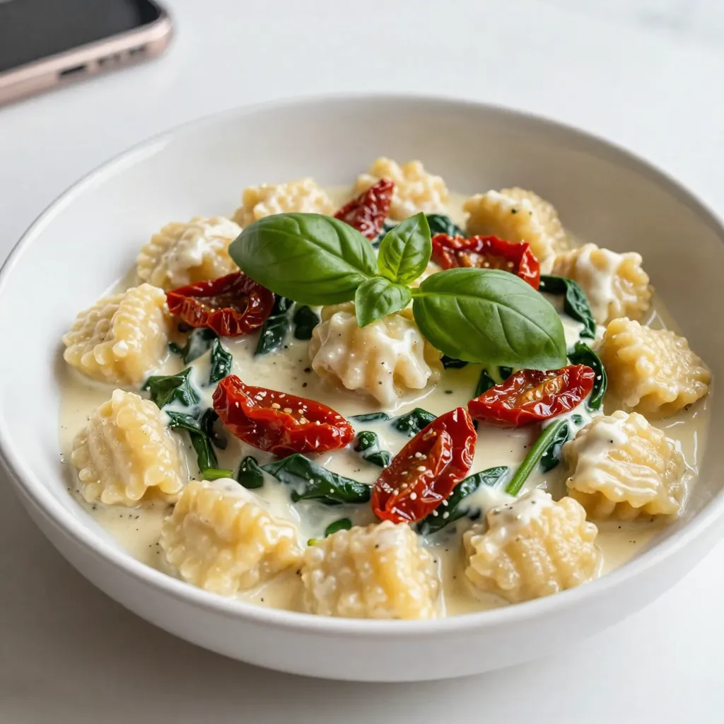 This dish needs a few key ingredients to shine. Here’s what you need: - 1 package (16 oz) gnocchi - 1 cup sun-dried tomatoes, chopped (packed in oil) - 1 cup heavy cream - 1 cup fresh spinach, roughly chopped - 2 cloves garlic, finely minced - 1 tablespoon olive oil - ½ cup freshly grated Parmesan cheese - Salt and freshly ground black pepper to taste - Fresh basil leaves, for garnish These ingredients create a rich, creamy sauce that perfectly coats the gnocchi. While the main ingredients are fantastic, you can add more for extra flavor. Consider using: - Crushed red pepper for heat - Lemon zest for brightness - Artichoke hearts for a unique twist These options can take your dish to the next level! Sometimes, you may need to swap ingredients. Here are some easy substitutions: - For gnocchi, you can use pasta if needed. - Use coconut cream instead of heavy cream for a dairy-free version. - If you don’t have sun-dried tomatoes, try cherry tomatoes or roasted red peppers. Always taste as you go! Adjust seasonings to fit your taste and make the dish your own. {{ingredient_image_2}} Start by boiling salted water in a large pot. Once the water is boiling, add the gnocchi. Cook them according to the package instructions. They are done when they float to the top, which takes about 2-3 minutes. Drain the gnocchi and set them aside for later. In a large skillet, heat the olive oil over medium heat. Add the minced garlic and sauté it for about 1 minute. Watch closely so the garlic doesn’t burn. Next, add the chopped sun-dried tomatoes to the skillet. Cook them for another 2-3 minutes. This allows the tomatoes to soak up the garlic flavor. Now, pour in the heavy cream while stirring. Keep stirring until the mixture simmers gently. This helps the flavors to develop. Add the chopped spinach and let it wilt for 1-2 minutes. Stir in the freshly grated Parmesan cheese. Mix until the cheese melts completely into the sauce. Taste and adjust the seasoning with salt and freshly ground black pepper. Finally, add the drained gnocchi to the skillet. Toss them gently to coat each piece in the creamy sauce. Let everything cook for an additional 2 minutes. Remove from heat and serve hot. Garnish with fresh basil leaves for a burst of flavor. Enjoy your delicious creamy sun-dried tomato gnocchi! To make the sauce creamy, use heavy cream. It adds richness that blends well. Heat the cream slowly. This helps it mix with the sun-dried tomatoes. Stir constantly while cooking. This way, you avoid lumps and get a smooth sauce. If you want extra flavor, add a pinch of nutmeg. It complements the cream and tomatoes perfectly. Cooking gnocchi is simple but key to great texture. Start with salted boiling water. This enhances the flavor of the gnocchi. When you add them, wait for them to float. That means they are ready! Drain them gently, so they stay intact. Avoid overcooking, as they can become mushy. Toss them with a little olive oil to keep them from sticking. For a stunning look, serve the gnocchi in shallow bowls. This allows the sauce to shine. Garnish with fresh basil leaves for color and aroma. You can drizzle a bit of olive oil on top for extra richness. Serve with crusty bread to soak up the sauce. This makes the meal feel special and inviting. Pro Tips Use Quality Sun-Dried Tomatoes: For the best flavor, opt for sun-dried tomatoes packed in oil rather than dry ones. The oil enhances the creaminess of the sauce. Don’t Overcook the Spinach: Add the spinach just before serving to retain its vibrant color and nutrients. This also prevents it from becoming mushy in the sauce. Adjust the Creaminess: If you prefer a lighter sauce, consider using half-and-half instead of heavy cream. This will still provide a creamy consistency while reducing calories. Experiment with Cheese: While Parmesan is traditional, try adding a mix of cheeses like mozzarella or goat cheese for different flavor profiles and textures in your dish. {{image_4}} This dish is already vegetarian, thanks to gnocchi and fresh veggies. You can add more vegetables to make it even better. Consider adding: - Bell peppers - Mushrooms - Zucchini - Peas These veggies complement the sun-dried tomatoes and spinach. You can sauté them with garlic for extra flavor. If you need a gluten-free option, use gluten-free gnocchi. Many brands offer tasty alternatives made from potato or rice flour. Check the package for cooking times, as they may vary from regular gnocchi. To change the flavor profile, try these additions: - Protein: Add grilled chicken, shrimp, or chickpeas for extra protein. - Herbs: Fresh herbs like thyme or oregano can brighten the dish. - Cheese: Swap Parmesan for feta or goat cheese for a tangy twist. - Spices: A pinch of red pepper flakes can add heat. These adjustments keep the dish fun and exciting. You can easily make it your own! To store leftovers, place the creamy gnocchi in an airtight container. Make sure the container is sealed tightly. Store it in the fridge for up to three days. Label the container with the date to keep track. To reheat, place the gnocchi in a skillet over medium heat. Add a splash of water or cream to help it heat evenly. Stir often until warmed through. You can also use the microwave. Heat in short bursts, stirring in between to avoid uneven heating. You can freeze this dish for later use. First, let the gnocchi cool to room temperature. Then, transfer it to a freezer-safe container. Make sure to leave some space at the top for expansion. It will stay good for up to two months. When ready to eat, thaw in the fridge overnight before reheating. The best way to cook gnocchi is to boil it. Start with salted water in a large pot. Bring the water to a boil. Add the gnocchi and watch them closely. They cook fast! When they float, they are ready. This usually takes about 2-3 minutes. Drain them gently and set them aside. This method gives you light and fluffy gnocchi. Yes, you can use homemade gnocchi for this recipe. In fact, homemade gnocchi can add a special touch. Just make sure to cook it the same way. Boil it until it floats, just like store-bought gnocchi. Homemade gnocchi may have a different texture but will work well with the creamy sauce. To make this dish dairy-free, swap out the heavy cream and cheese. Use a plant-based cream instead, like coconut or almond cream. Nutritional yeast can replace Parmesan cheese. It adds a cheesy flavor without dairy. You can also add more sun-dried tomatoes for extra flavor. This way, you still get a creamy and tasty dish! This blog post covered everything you need to make creamy sun-dried tomato gnocchi. We explored key ingredients, cooking steps, and expert tips. You learned about delicious variations, storage methods, and common questions. With this guide, you can create a tasty meal that impresses others. Enjoy the process and have fun. Cooking should be simple and enjoyable! Now, go ahead and make your own version.