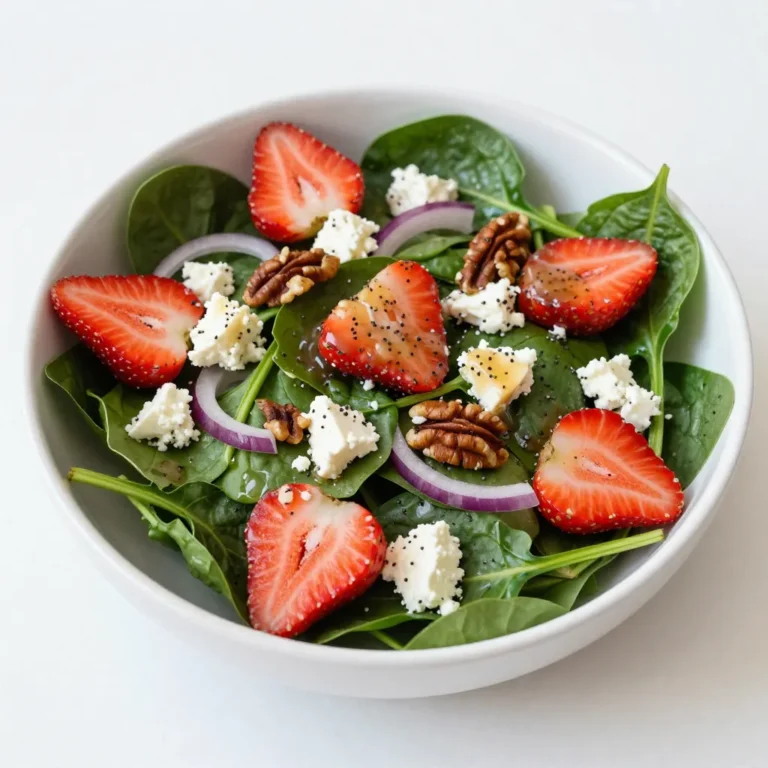 - 4 cups fresh baby spinach, washed and thoroughly dried - 2 cups fresh strawberries, hulled and sliced - 1/2 cup feta cheese, crumbled into small pieces - 1/4 cup red onion, very thinly sliced I love using fresh baby spinach for this salad. It adds a nice crunch and a light taste. Fresh strawberries bring sweetness and color. They brighten up the whole dish. I suggest using ripe strawberries for the best flavor. Feta cheese adds a salty and creamy touch. I prefer crumbling it by hand for texture. Thin slices of red onion give a mild sharpness without overpowering the salad. - 1/4 cup pecans, roughly chopped and toasted - 1/4 cup poppy seeds Pecans add a rich, nutty flavor. Toasting them brings out their natural oils and enhances their taste. I like to use a dry skillet for toasting. Just a few minutes is all you need. Poppy seeds add a unique crunch and a hint of nuttiness. They also make the salad look beautiful with their speckled appearance. - 1/3 cup extra virgin olive oil - 1/4 cup apple cider vinegar - 2 tablespoons honey or maple syrup for a vegan alternative - Freshly ground salt and pepper to taste The dressing is key to this salad. I use extra virgin olive oil for its rich flavor. Apple cider vinegar adds a tangy kick that balances the sweetness. You can use honey or maple syrup, depending on your taste. Both work well to sweeten the dressing. I always add salt and pepper to enhance all the flavors. Adjust the seasoning based on your preference for a perfect finish. {{ingredient_image_2}} First, rinse 4 cups of fresh baby spinach under cold water. Make sure to wash it well to remove any dirt. Next, dry the spinach thoroughly. You can use a clean kitchen towel or a salad spinner for this. After drying, place the spinach in a large salad bowl. Now, let’s prepare the strawberries. Take 2 cups of fresh strawberries. Remove the green tops, a process called hulling. Then, slice the strawberries into quarters or halves, depending on their size. Place these beautiful strawberry pieces into the bowl with the spinach. The bright red strawberries add a lovely color and sweetness. Toasting pecans brings out their rich flavor. Grab 1/4 cup of roughly chopped pecans. Place them in a dry skillet over medium heat. Toast them for about 3 to 5 minutes. Stir them frequently. You want them golden brown and fragrant. Keep a close eye, as nuts can burn quickly. After toasting, remove them from heat and let them cool for a few minutes. Now, it’s time to make the dressing. In a small mixing bowl, add 1/3 cup of extra virgin olive oil, 1/4 cup of apple cider vinegar, and 2 tablespoons of honey or maple syrup. You can choose maple syrup for a vegan option. Next, sprinkle in 1/4 cup of poppy seeds. Whisk these ingredients together until they blend well and thicken slightly. Taste your dressing and add salt and pepper to your liking. Once your dressing is ready, drizzle it over the salad. Use your hands or tongs to gently toss everything together. Make sure each piece is coated with that tasty dressing. Enjoy your fresh and healthy Strawberry Spinach Poppyseed Salad! How to choose the best strawberries Look for strawberries that are bright red and firm. They should have a sweet smell. Avoid any that are dull or have green spots. Fresh strawberries should be plump and have shiny skin. Tips for fresh spinach Choose baby spinach that is bright green and crisp. Avoid any leaves that look wilted or yellow. Fresh spinach should feel smooth and not slimy. Always wash and dry it well to keep it crunchy. Making a thicker dressing For a thicker poppyseed dressing, add more honey or maple syrup. You can also whisk in a bit of Greek yogurt. This will give the dressing a creamy texture. Adjusting sweetness and tanginess Taste the dressing as you mix. If it is too sweet, add more apple cider vinegar. If it is too tangy, add a bit more honey. Adjust until it tastes just right for you. Serving style Serve your salad in a large, shallow bowl. This makes it easy for everyone to serve themselves. A wide bowl lets the colors show beautifully. Garnishing ideas For a pretty touch, sprinkle extra poppy seeds on top. You can also add whole strawberries for color. This simple garnish makes the salad look fresh and inviting. Pro Tips Freshness is Key: Always use fresh, crisp baby spinach and ripe strawberries for the best flavor and texture in your salad. Customizable Ingredients: Feel free to swap out feta cheese for goat cheese or omit it entirely for a dairy-free option. Toast Your Nuts: Toasting pecans enhances their flavor and adds a delightful crunch to the salad. Make Ahead Dressing: Prepare the poppyseed dressing in advance and store it in the refrigerator; just shake it well before using. {{image_4}} To make this salad vegan, you can swap out honey. Use maple syrup instead. It adds sweetness without animal products. For cheese, try using a dairy-free feta. Look for brands made from nuts or soy. They melt well and taste great in salads. You can add proteins to make the salad heartier. Grilled chicken or tofu works well. They both soak up flavors nicely. Nuts can also add crunch. Consider using walnuts or almonds for a different taste. You can mix in other fruits too. Blueberries, raspberries, or sliced peaches provide a fun twist. Change the berries based on the season. In summer, use blackberries or raspberries. In fall, try diced apples or pears. You can also add seasonal veggies. Chopped cucumbers or bell peppers add color and crunch. This keeps your salad fresh and exciting all year long! To keep your salad fresh, store it in an airtight container. This prevents air from wilting your spinach. Place the spinach and strawberries in a separate container from the dressing. This way, the salad stays crunchy. If you combine it all, the leaves may get soggy. Always refrigerate leftovers right away to keep them safe to eat. You can prepare your salad in advance by washing and drying the spinach. Slice your strawberries and toast your pecans ahead of time. However, keep the dressing separate until you are ready to serve. This keeps everything fresh and tasty. Store each component in its own container for easy access. The salad will last for about three days in the fridge. After that, the spinach may start to wilt. Check for signs of freshness, like bright green leaves and firm strawberries. If the spinach turns brown or slimy, it’s time to toss it out. Always trust your senses; if it smells off, don’t eat it! Yes, you can prepare the salad ahead of time. I suggest making the salad base and dressing separately. This keeps the salad fresh. You can mix the spinach and strawberries in a bowl. Store them in the fridge for up to 2 hours before serving. Just add the dressing right before you eat. This will keep everything crisp. If you want a dairy-free option, try tofu or cashew cheese. Both options taste great and add creaminess. You can also use a vegan feta, which is tasty and fits well in this salad. These substitutes keep the dish flavorful while meeting dietary needs. To thicken the poppyseed dressing, try adding more honey or maple syrup. This adds sweetness and makes it thicker. You can also blend in a little more olive oil. If you want a creamier texture, mix in some Greek yogurt. This keeps the taste rich and satisfying. You can create a delicious Strawberry Spinach Poppyseed Salad using fresh ingredients and simple steps. Start with baby spinach, strawberries, and feta cheese for a tasty base. Toast pecans and whip up a quick dressing to finish it off. Remember to choose fresh ingredients for the best flavor. You can also adapt the salad for vegan diets or seasonal changes. With the right storage tips, your salad stays fresh. This easy recipe brings vibrant flavors to your table. Enjoy experimenting with variations to suit your taste!