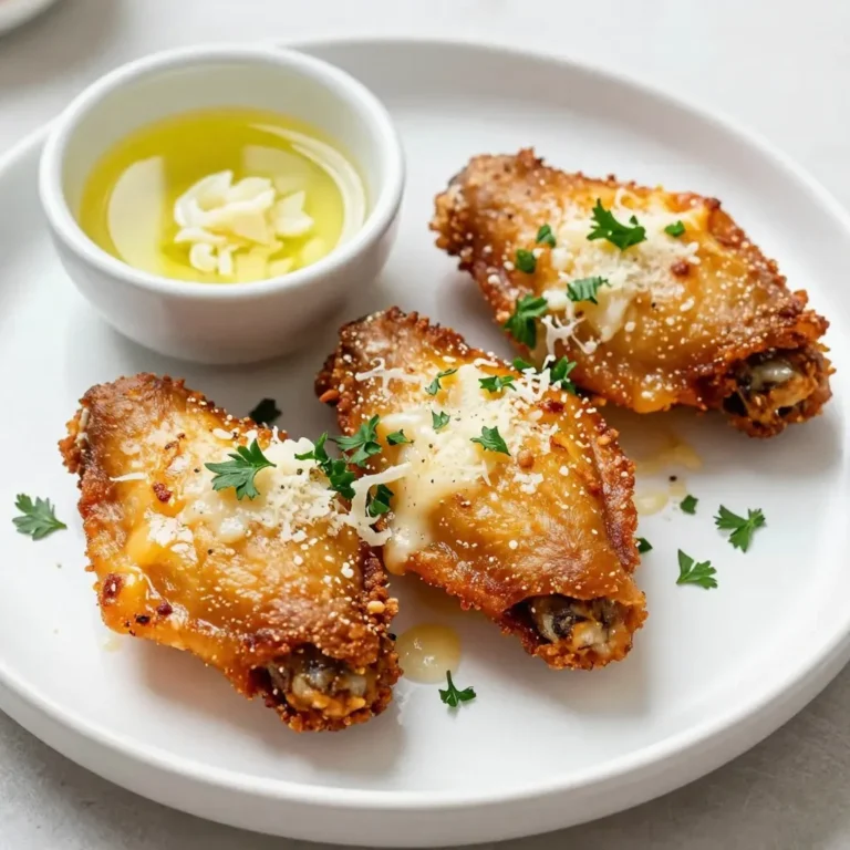- 2 pounds of chicken wings - 4 tablespoons of extra virgin olive oil - 5 cloves of garlic, finely minced - 1/2 cup of freshly grated Parmesan cheese - 1 teaspoon of smoked paprika - 1 teaspoon of dried oregano - 1 teaspoon of sea salt - 1/2 teaspoon of freshly ground black pepper - Fresh parsley, finely chopped (for garnish) When cooking, exact measurements matter. Use a kitchen scale for the chicken wings. A scale gives you precise weight. For liquids, use measuring cups or spoons. This ensures each bite tastes great. Fresh garlic should be minced finely. This helps release its strong flavor. Grate your Parmesan just before use. Fresh cheese melts better and tastes richer. Fresh ingredients make all the difference. They enhance flavor and texture. Fresh wings have better taste and hold moisture well. Fresh garlic packs more punch, while aged garlic loses its zest. The same goes for Parmesan cheese. Freshly grated cheese melts and sticks better. Using fresh herbs, like parsley, adds bright flavor. Always choose fresh over stale for the best dish. {{ingredient_image_2}} To start, you need to make a tasty marinade. Grab a large bowl and add 4 tablespoons of extra virgin olive oil. This oil helps the flavors stick to the wings. Next, finely mince 5 cloves of garlic and toss them into the bowl. Garlic gives a strong and savory taste. Then, add 1 teaspoon of smoked paprika for some warmth. Sprinkle in 1 teaspoon of dried oregano for an earthy note. Finally, add 1 teaspoon of sea salt and 1/2 teaspoon of freshly ground black pepper. Stir everything well to mix the flavors. Now it’s time to add the chicken wings. Place 2 pounds of chicken wings in the bowl with the marinade. Toss the wings around until they are fully coated. Make sure each wing gets a good amount of that yummy mix. For the best flavor, let them marinate for at least 30 minutes. If you have more time, placing them in the fridge for a few hours makes them even better. While the wings are marinating, preheat your air fryer to 400°F (200°C). Let it heat up for about 5 minutes. This step is important for crispiness. Once hot, arrange the marinated wings in the air fryer basket in a single layer. Avoid overcrowding, as this can make them less crispy. Depending on your air fryer size, you might need to cook them in batches. Cook the wings for 25-30 minutes. Remember to shake the basket halfway through to ensure they cook evenly. When done, the wings should look golden brown and crispy. Carefully take the wings out of the air fryer and place them in a serving bowl. While they are still warm, sprinkle 1/2 cup of freshly grated Parmesan cheese over them. Toss the wings gently so the cheese melts and sticks nicely to each piece. For a final touch, chop some fresh parsley and sprinkle it on top. This adds a nice pop of color and fresh flavor. Serve the wings on a platter lined with parchment paper and add lemon wedges for extra zest. Enjoy your delicious Garlic Parmesan Air Fryer Wings! To get crispy wings, start with dry chicken. Pat them with paper towels. The less moisture, the better. Use a good amount of olive oil in your marinade. This helps the skin crisp up nicely. Cook the wings in a single layer. Overcrowding leads to steaming, not crisping. Shake the basket halfway through cooking. This ensures even cooking and browning. Marinating is key for flavor. I recommend marinating for at least 30 minutes. If you can, let them sit in the fridge for a few hours. This lets the garlic and spices soak in. Use a large bowl so the wings get coated well. Make sure each wing is covered in the marinade. For extra flavor, try adding a splash of lemon juice. Want to boost flavor? Consider adding crushed red pepper flakes for heat. A touch of honey adds sweetness and balances the garlic. You can also mix in some lemon zest for brightness. If you love herbs, try adding thyme or rosemary. These simple tweaks bring your wings to another level. Enjoy experimenting with flavors! Pro Tips Marinate for Maximum Flavor: Let the wings marinate for at least 30 minutes, or up to a few hours for deeper flavor penetration. Don’t Overcrowd the Basket: Arrange the wings in a single layer in the air fryer to ensure they cook evenly and get crispy all around. Check for Doneness: Use a meat thermometer to ensure the wings reach an internal temperature of 165°F (74°C) for safe consumption. Customize Your Seasoning: Feel free to experiment with additional spices or herbs to customize the flavor profile to your liking. {{image_4}} You can change up the flavors of your wings. Try adding cayenne pepper for heat. If you like a smoky taste, use chipotle powder. You can also mix in some Italian seasoning for a herb-rich flavor. Another option is to use lemon pepper. It adds a bright, zesty kick. Experiment with flavors to find your favorite. While Parmesan is delicious, other cheeses work too. Grated Pecorino Romano gives a sharper taste. If you want a creamy twist, try using crumbled feta. You could even use a blend of cheeses for depth. Just remember, the cheese should melt well to coat the wings nicely. If chicken wings are not your thing, try other proteins. Chicken thighs are juicy and flavorful. You can also use turkey wings for a leaner option. For a vegetarian twist, try cauliflower wings. The same marinade works great on these. Just adjust the cooking time as needed. Each option brings its own unique taste and texture. To keep your leftover wings fresh, place them in an airtight container. Make sure they cool to room temperature first. Seal the container tightly. Store it in the fridge. The wings will stay good for up to three days. If you want to keep them longer, freezing is a great option. When it's time to enjoy your wings again, reheating is key. The best way to reheat them is in the air fryer. Set the air fryer to 350°F (175°C). Heat the wings for about 5 to 10 minutes. This method keeps them crispy. You can also use an oven, but it may take longer. Just avoid the microwave, as it can make them soggy. If you have extra wings, freezing them is simple. Place them in a freezer-safe bag. Remove as much air as possible before sealing. Write the date on the bag. Frozen wings can last up to three months. When you're ready to eat them, thaw in the fridge overnight before reheating. This method keeps their flavor and texture. To make your wings crispier, try these tips: - Pat dry: Before marinating, dry the wings with paper towels. - Use baking powder: Mix a teaspoon of baking powder into your dry seasonings. - Air fryer spacing: Arrange wings in a single layer, with space between each one. - Cook longer: Increase cooking time by a few minutes for extra crunch. These steps help create that perfect crispy texture you crave. Yes, you can use frozen wings! However, follow these steps: - Thaw first: Defrost the wings in the fridge overnight or use the microwave. - Adjust cooking time: Increase the cooking time by about 5-10 minutes. - Check for doneness: Use a meat thermometer to ensure they reach 165°F (75°C). Using frozen wings is convenient, just remember to thaw them first for best results. Here are some tasty dipping sauces to enjoy with your wings: - Ranch dressing: Creamy and cool, it complements the garlic flavor. - Blue cheese dressing: A classic choice for a bold flavor contrast. - Buffalo sauce: For a spicy kick, drizzle this tangy sauce on your wings. - Honey mustard: The sweetness balances the savory garlic and cheese. These sauces will elevate your Garlic Parmesan Wings to a whole new level! In this post, I shared how to make crispy air fryer wings. We covered the best ingredients and how to measure them. Fresh ingredients matter for the best taste. I provided easy steps for marinating and cooking your wings. Plus, I included tips for crunch and flavor. You can explore variations and storage methods for your leftovers. Lastly, I answered common questions to help you succeed. Enjoy your cooking journey and serve up delicious wings!