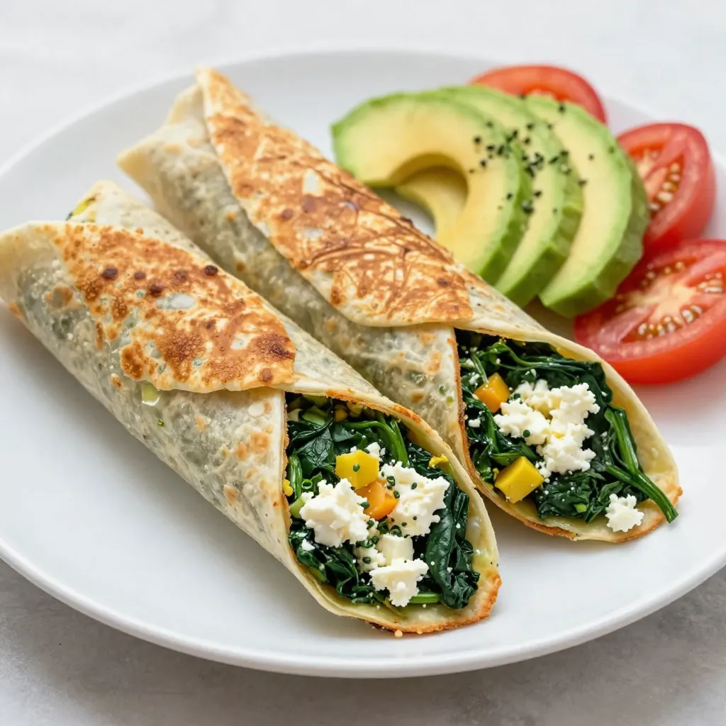 To make Spinach Feta Breakfast Wraps, you will need: - 4 large whole wheat tortillas - 2 cups fresh spinach, chopped - 1 cup crumbled feta cheese - 4 large eggs - 1/4 cup milk - 1/2 teaspoon garlic powder - Salt and pepper, to taste - 2 tablespoons olive oil For added taste, consider these options: - Sliced tomatoes - Sliced avocado These wraps provide a balanced meal. Each serving contains: - Calories: Approximately 350 - Protein: 18 grams - Carbs: 30 grams - Fat: 20 grams - Fiber: 6 grams The spinach and feta offer vitamins and minerals, while the eggs add protein. Whole wheat tortillas give you healthy carbs and fiber. Enjoying these wraps can fuel your morning with energy and nutrients. {{ingredient_image_2}} First, grab a medium bowl. Add four large eggs, 1/4 cup of milk, and 1/2 teaspoon of garlic powder. Sprinkle in some salt and pepper. Use a whisk to mix everything. Keep whisking until the mixture is smooth and frothy. This step is key for fluffy eggs. Now, heat a non-stick skillet on medium heat. Pour in 1 tablespoon of olive oil. Let it warm for one minute. When the oil is shimmering, add 2 cups of chopped spinach. Sauté the spinach for 2-3 minutes. You want it to wilt and release moisture. This adds a great flavor. Next, pour your egg mixture over the wilted spinach in the skillet. Stir gently as it cooks. You want to let the eggs set evenly. This should take about 3-4 minutes. The eggs should be soft but fully cooked. Once done, remove the skillet from heat. Fold in 1 cup of crumbled feta cheese gently. This adds a creamy texture. Take a large whole wheat tortilla and lay it flat. Spoon a generous amount of the spinach and feta mixture into the center. If you like, add slices of tomatoes and avocado on top. These add fresh flavors and textures. Now, fold in the sides of the tortilla. Roll it tightly from the bottom up. Make sure the filling stays inside. Wipe the skillet clean to remove bits. Add the remaining tablespoon of olive oil and heat it again on medium. Place the wraps seam side down in the skillet. Grill each wrap for about 1-2 minutes per side. You want them golden brown and crispy. Enjoy the crunch! For Spinach Feta Breakfast Wraps, I recommend using whole wheat tortillas. They add a nice nutty flavor. Look for large tortillas to hold all the filling. If you want a gluten-free option, use corn tortillas. Just make sure they are sturdy enough to wrap. To boost the flavor, add herbs like dill or parsley to the egg mix. You can also sprinkle some chili flakes for heat. Fresh tomatoes and avocado give a tasty twist. Try using roasted red peppers or olives for a Mediterranean flair. To get crispy wraps, make sure your skillet is hot before adding the wraps. Use enough olive oil to coat the pan. Flip the wraps only once to get a nice golden color. If you like, press down gently with a spatula while they cook. This helps them crisp up nicely. Pro Tips Use Fresh Spinach: Fresh spinach will provide a vibrant flavor and texture compared to frozen spinach. Make sure to wash and dry it thoroughly before use. Perfectly Scrambled Eggs: Cook the eggs on low to medium heat, stirring gently to ensure they stay soft and fluffy without becoming rubbery. Customize Your Fillings: Feel free to add other ingredients like bell peppers, onions, or even cooked bacon for added flavor and variety in your wraps. Grill for Extra Crispiness: Grilling the wraps after assembling them gives a satisfying crispy texture and enhances the flavors of the fillings. {{image_4}} You can make these wraps even more veggie-packed. Add roasted red peppers, artichokes, or mushrooms. These add great taste and texture. You can also include fresh herbs like basil or cilantro for extra flavor. To boost protein, try adding cooked chicken or turkey. Tofu or tempeh work well for a plant-based option. If you love seafood, shrimp or smoked salmon can add a unique twist. Adjust the amount to fit your taste and needs. Spices can change the whole dish. Try adding a pinch of chili powder or cumin for warmth. A dash of paprika gives a nice color and flavor. You can also sprinkle some red pepper flakes for heat. Experiment with different spices to find your favorite mix! To keep your Spinach Feta Breakfast Wraps fresh, store them in an airtight container. This will help maintain their flavor and texture. Place a paper towel inside the container to absorb moisture. Store in the fridge for up to 3 days. If you notice any sogginess, eat them sooner. When you are ready to enjoy the leftovers, reheating them is easy. Use a skillet over medium heat. Place the wraps seam side down and cook for about 2-3 minutes on each side. This will make them crispy again. You can also use a microwave. Heat on a plate for 30 seconds, then check if they are warm. If not, heat in 15-second increments until warm. If you want to freeze your wraps, it’s best to do this before grilling them. Wrap each one tightly in plastic wrap, then place them in a freezer bag. They can last up to 2 months in the freezer. To cook from frozen, thaw in the fridge overnight. Then grill as usual for a quick and tasty meal. To make these wraps gluten-free, choose gluten-free tortillas. Many brands offer tasty options now. Always check labels for hidden gluten ingredients. You can also use lettuce leaves instead of tortillas for a lighter wrap. Yes, you can use goat cheese or ricotta if you want a different flavor. Both cheeses melt well and add creaminess. You can even try mozzarella for a milder taste. Just remember that this will change the flavor of your wrap. These wraps go great with fresh fruit, like berries or sliced apples. You can also serve them with yogurt or a light salad. A cup of herbal tea or fresh juice complements the meal perfectly. To prep ahead, cook the filling and let it cool. Store it in an airtight container for up to three days. When ready to eat, reheat the filling and assemble your wrap. You can also freeze the wraps before grilling them for later meals. This blog post covered everything you need for Spinach Feta Breakfast Wraps. We went over the ingredients, step-by-step instructions, and helpful tips for great wraps. You learned about tasty variations and storage tips, too. Now, you can enjoy making these wraps at home. With some practice, you’ll become a wrap-making pro. Enjoy your delicious meals and have fun experimenting!