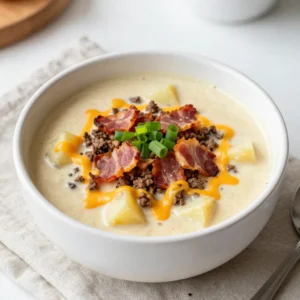 To make Loaded Cheeseburger Soup, gather these key items: - 1 lb ground beef - 1 medium onion, diced - 2 cloves garlic, minced - 3 medium potatoes, peeled and diced - 4 cups beef broth - 1 cup milk These ingredients form the base of the soup. The ground beef gives it that rich, meaty flavor. The onion and garlic add depth and aroma, while the potatoes create a hearty texture. Beef broth brings everything together and enhances the taste. Finally, milk makes the soup creamy and smooth. Next, you&rsquo;ll need these dairy items and toppings: - 1 cup shredded cheddar cheese - 1 cup sour cream - Optional: 1 cup cooked and crumbled bacon - Chopped green onions for garnish Cheddar cheese is the star here. It melts beautifully and adds a cheesy goodness. Sour cream adds a tangy note that balances the flavors. If you like, crumbled bacon gives extra crunch and richness. Chopped green onions add freshness and color to your bowl. Don&rsquo;t forget these seasonings to boost the flavor: - 1 tablespoon Worcestershire sauce - 1 teaspoon onion powder - 1 teaspoon garlic powder - Salt and pepper to taste Worcestershire sauce brings a savory kick. Onion powder and garlic powder enhance the flavor without needing fresh ingredients. Salt and pepper are key to making all the flavors pop. Adjust these seasonings to your taste for the best result. {{ingredient_image_2}} - First, heat a large pot over medium heat. - Add 1 lb of ground beef to the pot. - Cook until the beef turns brown. - Use a wooden spoon to break it apart as it cooks. - Once browned, drain any extra fat. This helps keep the soup light. - Now, throw in 1 diced onion and 2 minced garlic cloves. - Saut&eacute; these for 2-3 minutes until the onion is clear. - Next, add 3 diced potatoes to the pot. - Pour in 4 cups of beef broth. - Increase heat to high and bring this to a boil. - Once boiling, lower heat and let it simmer for about 15 minutes. - Check the potatoes with a fork; they should be tender. - Slowly stir in 1 cup of milk. - Be careful not to let it boil, or the milk will curdle. - Gradually add 1 cup of shredded cheddar cheese and 1 cup of sour cream. - Keep stirring until both are mixed in well and the cheese melts. - Mix in 1 tablespoon of Worcestershire sauce, 1 teaspoon of onion powder, and 1 teaspoon of garlic powder. - Season with salt and pepper to fit your taste. - If you want, add 1 cup of crumbled bacon for extra flavor. - Serve hot, garnished with chopped green onions for a fresh touch. - Avoiding curdled milk: When adding milk, lower the heat first. Heating it too fast can cause curdling. Stir gently and let it warm up slowly. This keeps your soup creamy and smooth. - Ensuring tender potatoes: Cut potatoes into small, even pieces. This helps them cook faster and evenly. Boil them until soft, about 15 minutes. Check with a fork; they should pierce easily. - Best ways to serve: Ladle the soup into bowls while it&rsquo;s hot. Top each bowl with chopped green onions for a fresh touch. You can also add crumbled bacon for extra flavor. - Pairing ideas with sides: This soup pairs well with crusty bread or a fresh salad. A side of garlic bread also works great for dipping. Enjoy a complete meal with these sides. - Overcooking ingredients: Keep an eye on the potatoes. Overcooked potatoes can turn mushy. Cook them just until tender. This keeps the texture nice in your soup. - Not seasoning properly: Taste as you cook. Add salt and pepper in small amounts. You can always add more, but you can&rsquo;t take it out. Proper seasoning makes a big difference in flavor. Pro Tips Brown the Beef Well: Ensure the ground beef is browned nicely to develop a rich flavor base for your soup. Don't rush this step; it adds depth to the overall taste. Control the Heat: When adding milk, keep the heat low to prevent curdling. A gentle heat ensures a smooth and creamy soup without any lumps. Customize Your Cheeses: Feel free to mix different types of cheese for added complexity. A blend of cheddar and gouda can create a unique flavor profile. Enhance with Toppings: Consider adding extra toppings like jalape&ntilde;os or crispy onions for an exciting texture contrast and flavor boost! {{image_4}} You can swap ground beef for ground turkey or chicken. These options are leaner and still tasty. If you want a non-meat choice, use lentils or mushrooms for a hearty base. For a dairy-free version, try coconut milk or almond milk instead of regular milk. To spice things up, add jalape&ntilde;os or a dash of hot sauce. This adds a nice kick to the soup. Fresh herbs like parsley or thyme can brighten the flavor. You can mix these in right before serving for the best taste. Different cheeses can change your soup game. Try pepper jack for spice or gouda for a smoky flavor. Unique garnishes, like crispy fried onions or diced tomatoes, can add texture and freshness. Each topping can make your bowl special and personal. To keep your Loaded Cheeseburger Soup fresh, cool it quickly. Place it in a shallow container for faster cooling. This way, it chills evenly. Use airtight containers to avoid spills and keep out air. Glass or plastic containers work well. Label them with the date to track freshness. You can freeze Loaded Cheeseburger Soup too! First, let it cool completely. Then, pour it into freezer-safe containers. Leave some space at the top for expansion. Seal them tightly to prevent freezer burn. When ready to eat, thaw it overnight in the fridge. For reheating, warm it gently on the stove. Stir often to keep it smooth and creamy. In the fridge, Loaded Cheeseburger Soup lasts about three to four days. In the freezer, it stays good for about three months. Always check for any off smells or changes in texture before eating. Proper storage helps maintain its rich and tasty goodness. You can use ground turkey or chicken. These options are leaner. You can also try plant-based meat for a vegetarian version. Each choice offers a different taste and texture. Yes, you can! This soup tastes even better the next day. Store it in the fridge in an airtight container. Reheat it on the stove or in the microwave when ready to eat. Yes, this soup is gluten-free. The ingredients like beef broth and Worcestershire sauce are usually gluten-free. Always check labels to be sure. Add diced jalape&ntilde;os or a dash of hot sauce. You can also use spicy cheese for an extra kick. Experiment with the level of heat that you enjoy! Absolutely! Brown the beef first, then add it to the slow cooker with other ingredients. Cook on low for 6-8 hours or high for 3-4 hours. Enjoy a warm, hearty meal without much fuss! In this blog post, we explored the ingredients needed for Loaded Cheeseburger Soup, like ground beef and potatoes. I shared a step-by-step guide for cooking the dish, followed by essential tips to enhance your soup experience. We also covered variations, storage tips, and frequently asked questions. You now have everything needed to create a tasty meal. Enjoy making it your own! This soup is simple, versatile, and sure to please everyone at the table.