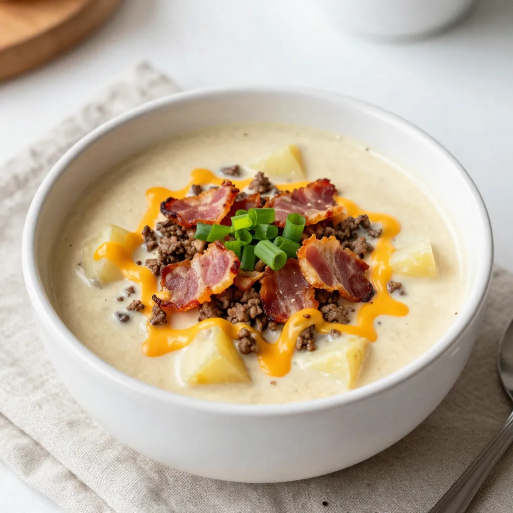 To make Loaded Cheeseburger Soup, gather these key items: - 1 lb ground beef - 1 medium onion, diced - 2 cloves garlic, minced - 3 medium potatoes, peeled and diced - 4 cups beef broth - 1 cup milk These ingredients form the base of the soup. The ground beef gives it that rich, meaty flavor. The onion and garlic add depth and aroma, while the potatoes create a hearty texture. Beef broth brings everything together and enhances the taste. Finally, milk makes the soup creamy and smooth. Next, you’ll need these dairy items and toppings: - 1 cup shredded cheddar cheese - 1 cup sour cream - Optional: 1 cup cooked and crumbled bacon - Chopped green onions for garnish Cheddar cheese is the star here. It melts beautifully and adds a cheesy goodness. Sour cream adds a tangy note that balances the flavors. If you like, crumbled bacon gives extra crunch and richness. Chopped green onions add freshness and color to your bowl. Don’t forget these seasonings to boost the flavor: - 1 tablespoon Worcestershire sauce - 1 teaspoon onion powder - 1 teaspoon garlic powder - Salt and pepper to taste Worcestershire sauce brings a savory kick. Onion powder and garlic powder enhance the flavor without needing fresh ingredients. Salt and pepper are key to making all the flavors pop. Adjust these seasonings to your taste for the best result. {{ingredient_image_2}} - First, heat a large pot over medium heat. - Add 1 lb of ground beef to the pot. - Cook until the beef turns brown. - Use a wooden spoon to break it apart as it cooks. - Once browned, drain any extra fat. This helps keep the soup light. - Now, throw in 1 diced onion and 2 minced garlic cloves. - Sauté these for 2-3 minutes until the onion is clear. - Next, add 3 diced potatoes to the pot. - Pour in 4 cups of beef broth. - Increase heat to high and bring this to a boil. - Once boiling, lower heat and let it simmer for about 15 minutes. - Check the potatoes with a fork; they should be tender. - Slowly stir in 1 cup of milk. - Be careful not to let it boil, or the milk will curdle. - Gradually add 1 cup of shredded cheddar cheese and 1 cup of sour cream. - Keep stirring until both are mixed in well and the cheese melts. - Mix in 1 tablespoon of Worcestershire sauce, 1 teaspoon of onion powder, and 1 teaspoon of garlic powder. - Season with salt and pepper to fit your taste. - If you want, add 1 cup of crumbled bacon for extra flavor. - Serve hot, garnished with chopped green onions for a fresh touch. - Avoiding curdled milk: When adding milk, lower the heat first. Heating it too fast can cause curdling. Stir gently and let it warm up slowly. This keeps your soup creamy and smooth. - Ensuring tender potatoes: Cut potatoes into small, even pieces. This helps them cook faster and evenly. Boil them until soft, about 15 minutes. Check with a fork; they should pierce easily. - Best ways to serve: Ladle the soup into bowls while it’s hot. Top each bowl with chopped green onions for a fresh touch. You can also add crumbled bacon for extra flavor. - Pairing ideas with sides: This soup pairs well with crusty bread or a fresh salad. A side of garlic bread also works great for dipping. Enjoy a complete meal with these sides. - Overcooking ingredients: Keep an eye on the potatoes. Overcooked potatoes can turn mushy. Cook them just until tender. This keeps the texture nice in your soup. - Not seasoning properly: Taste as you cook. Add salt and pepper in small amounts. You can always add more, but you can’t take it out. Proper seasoning makes a big difference in flavor. Pro Tips Brown the Beef Well: Ensure the ground beef is browned nicely to develop a rich flavor base for your soup. Don't rush this step; it adds depth to the overall taste. Control the Heat: When adding milk, keep the heat low to prevent curdling. A gentle heat ensures a smooth and creamy soup without any lumps. Customize Your Cheeses: Feel free to mix different types of cheese for added complexity. A blend of cheddar and gouda can create a unique flavor profile. Enhance with Toppings: Consider adding extra toppings like jalapeños or crispy onions for an exciting texture contrast and flavor boost! {{image_4}} You can swap ground beef for ground turkey or chicken. These options are leaner and still tasty. If you want a non-meat choice, use lentils or mushrooms for a hearty base. For a dairy-free version, try coconut milk or almond milk instead of regular milk. To spice things up, add jalapeños or a dash of hot sauce. This adds a nice kick to the soup. Fresh herbs like parsley or thyme can brighten the flavor. You can mix these in right before serving for the best taste. Different cheeses can change your soup game. Try pepper jack for spice or gouda for a smoky flavor. Unique garnishes, like crispy fried onions or diced tomatoes, can add texture and freshness. Each topping can make your bowl special and personal. To keep your Loaded Cheeseburger Soup fresh, cool it quickly. Place it in a shallow container for faster cooling. This way, it chills evenly. Use airtight containers to avoid spills and keep out air. Glass or plastic containers work well. Label them with the date to track freshness. You can freeze Loaded Cheeseburger Soup too! First, let it cool completely. Then, pour it into freezer-safe containers. Leave some space at the top for expansion. Seal them tightly to prevent freezer burn. When ready to eat, thaw it overnight in the fridge. For reheating, warm it gently on the stove. Stir often to keep it smooth and creamy. In the fridge, Loaded Cheeseburger Soup lasts about three to four days. In the freezer, it stays good for about three months. Always check for any off smells or changes in texture before eating. Proper storage helps maintain its rich and tasty goodness. You can use ground turkey or chicken. These options are leaner. You can also try plant-based meat for a vegetarian version. Each choice offers a different taste and texture. Yes, you can! This soup tastes even better the next day. Store it in the fridge in an airtight container. Reheat it on the stove or in the microwave when ready to eat. Yes, this soup is gluten-free. The ingredients like beef broth and Worcestershire sauce are usually gluten-free. Always check labels to be sure. Add diced jalapeños or a dash of hot sauce. You can also use spicy cheese for an extra kick. Experiment with the level of heat that you enjoy! Absolutely! Brown the beef first, then add it to the slow cooker with other ingredients. Cook on low for 6-8 hours or high for 3-4 hours. Enjoy a warm, hearty meal without much fuss! In this blog post, we explored the ingredients needed for Loaded Cheeseburger Soup, like ground beef and potatoes. I shared a step-by-step guide for cooking the dish, followed by essential tips to enhance your soup experience. We also covered variations, storage tips, and frequently asked questions. You now have everything needed to create a tasty meal. Enjoy making it your own! This soup is simple, versatile, and sure to please everyone at the table.