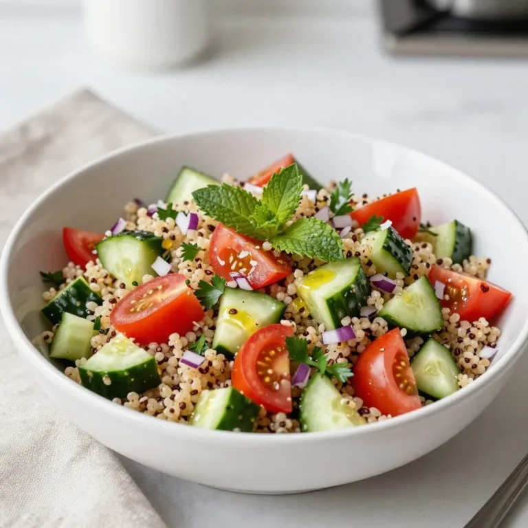 To create a tasty Quinoa Tabouli Salad, you need these key ingredients: - 1 cup quinoa, thoroughly rinsed - 2 cups water - 1 large cucumber, diced into small cubes - 2 large tomatoes, diced into bite-sized pieces - 1 red onion, finely chopped - 1 cup fresh parsley leaves, finely chopped - 1/2 cup fresh mint leaves, finely chopped - 1/4 cup extra virgin olive oil - 1/4 cup freshly squeezed lemon juice (about 2-3 lemons) - Salt and freshly ground black pepper to taste Each ingredient plays a role in the dish. The quinoa adds protein and fiber. Fresh veggies provide crunch and flavor. Olive oil and lemon juice give a bright finish. Using fresh ingredients is key for flavor and health. Fresh parsley and mint bring bright notes. They make the salad taste lively. Fresh tomatoes and cucumbers add juiciness. They also provide vital vitamins. Freshness ensures your salad is vibrant and appealing. You can easily customize your salad. Here are some ideas: - Use farro or bulgur instead of quinoa for a different texture. - Add bell peppers for extra crunch and color. - Mix in chickpeas for added protein and heartiness. - Swap lemon juice for lime juice for a zesty twist. - Use different herbs like cilantro or basil for unique flavors. Feel free to experiment and make this salad your own! {{ingredient_image_2}} To start, bring 2 cups of water to a rolling boil in a medium saucepan. This step is crucial for cooking the quinoa just right. Once the water is boiling, add 1 cup of rinsed quinoa. Lower the heat to a gentle simmer. Cover the pan and cook for about 15 minutes. The quinoa should be fluffy, and all the water should be absorbed. After cooking, remove the pan from heat. Allow the quinoa to cool to room temperature. You can speed up cooling by exposing it to air. While the quinoa cools, it’s time to prepare the fresh veggies. Take 1 large cucumber and dice it into small cubes. Then, dice 2 large tomatoes into bite-sized pieces. Next, finely chop 1 red onion. In a large mixing bowl, combine the diced cucumber, tomatoes, and chopped onion. Mix gently to blend the flavors. This will give your salad a fresh and vibrant base. Once the quinoa has cooled, add it to the bowl with the veggies. Mix everything thoroughly to ensure even distribution. Now, fold in 1 cup of finely chopped fresh parsley and 1/2 cup of finely chopped fresh mint. These herbs add a burst of flavor. Next, in a separate small bowl, whisk together 1/4 cup of extra virgin olive oil and 1/4 cup of freshly squeezed lemon juice. Add a pinch of salt and pepper to taste. Drizzle this dressing over the quinoa salad mixture. Toss gently to coat all ingredients evenly. Taste the salad and adjust seasoning if needed. Finally, cover it and refrigerate for at least 30 minutes. This resting time allows the flavors to meld beautifully. To make fluffy quinoa, first rinse it well. Rinsing removes the bitter coating called saponin. Next, use the right water-to-quinoa ratio. I find that two cups of water for one cup of quinoa works best. Bring the water to a boil before adding the quinoa. Once you add it, lower the heat and cover the pot. Cook for about 15 minutes until the water is gone. After cooking, let it sit for a few minutes. This lets the steam finish cooking it. Fluff it with a fork for that perfect texture. When chopping veggies for your salad, keep your knife sharp. A sharp knife works better and is safer to use. Start with a clean cutting board to avoid cross-contamination. For cucumbers and tomatoes, cut them into small, even pieces. This helps them mix well in the salad. For the onion, chop it finely. This lets its flavor spread throughout the dish. Lastly, wash your herbs well. Dry them before chopping to keep them fresh and crisp. To improve the flavor of your salad, taste as you go. Start with basic salt and pepper. After mixing in the dressing, add more if needed. A squeeze of extra lemon juice can brighten the taste. You can also try adding garlic powder for a kick. If you love spice, a pinch of cayenne pepper can be nice. Remember, fresh herbs like parsley and mint pack a lot of flavor. Use them generously to make your salad pop! Pro Tips Rinse Your Quinoa: Always rinse quinoa under cold water before cooking to remove its natural coating, called saponin, which can impart a bitter taste. Chill Before Serving: Allowing the salad to chill for at least 30 minutes before serving helps the flavors to meld and enhances the overall taste. Fresh Herbs Matter: Use fresh herbs for the best flavor; dried herbs will not give the same vibrant taste and aroma to your tabouli salad. Customize Your Veggies: Feel free to add or substitute vegetables like bell peppers or radishes to suit your taste and make the salad even more colorful. {{image_4}} Quinoa Tabouli is naturally gluten-free. This makes it a great choice for many diets. You can enjoy it without worry. To keep it vegan, ensure your dressing does not have any animal products. The salad is packed with plant-based goodness. Want to make your salad heartier? You can add proteins like chickpeas or black beans. About one cup of chickpeas will boost its nutrition. You can also toss in diced grilled chicken or shrimp. These options will make the dish a full meal. Feel free to mix in different herbs and veggies. Basil and cilantro can add a nice twist. You can also try bell peppers or avocados. Each addition brings a new flavor. This salad is fun because you can change it every time! To keep your quinoa tabouli salad fresh, store it in an airtight container. This helps prevent air from spoiling the flavors. If you have a large batch, divide it into smaller portions. This way, you only open what you need, keeping the rest fresh longer. Place the container in the fridge right after serving. This salad tastes best cold, so there’s no need to reheat it. When stored properly, the salad lasts about 3 to 5 days in the fridge. Always check for any off smells or changes in texture before eating. If the salad looks good, it’s likely still safe to eat. Making quinoa tabouli salad ahead of time is easy and smart. You can prepare it up to 2 days before you plan to eat it. Just mix all your ingredients and let them sit in the fridge. This gives the flavors time to blend, making the salad even tastier. Just remember to keep the dressing separate if you want your salad to stay crisp. Mix it in right before serving for the best taste. Quinoa is a tiny seed that cooks like a grain. It has lots of protein, fiber, and vitamins. Quinoa is gluten-free, making it great for those with allergies. It also has antioxidants that help fight disease. Eating quinoa can boost your energy and keep you full longer. This makes it a smart choice for meals. Yes, you can use other grains. Some good choices are bulgur, farro, or couscous. Each grain gives a different taste and texture. Bulgur cooks quickly and has a nutty flavor. Farro is chewy and adds heartiness. Couscous is light and fluffy. Just remember to adjust cooking times based on the grain you choose. You can store Quinoa Tabouli Salad in the fridge for about 3 to 5 days. Make sure to keep it in an airtight container. The flavors will get better as it sits. However, the veggies may lose some crunch over time. If you want the salad to last longer, don’t add the dressing until you’re ready to eat. Quinoa Tabouli Salad combines fresh ingredients, easy steps, and personal touches. You learned how to cook quinoa perfectly and prepare crisp veggies. I shared tips for fluffy quinoa and seasoning to boost flavor. Don't forget to try different grains and variations to suit your taste. Proper storage keeps leftovers fresh. Enjoy this dish as a healthy meal or snack. Embrace the fun of making it your own!