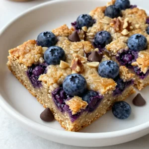 - 2 cups rolled oats - 1 cup mashed ripe bananas - 1 cup fresh or frozen blueberries - 1/4 cup honey or pure maple syrup - 1/4 cup coconut oil - 1/2 teaspoon pure vanilla extract - 1/2 teaspoon ground cinnamon - 1/4 teaspoon fine sea salt - 1/4 cup finely chopped nuts - 1/4 cup mini chocolate chips (optional) For these blueberry oatmeal breakfast bars, you need simple and healthy ingredients. Rolled oats are the base, giving texture and fiber. Bananas add natural sweetness and moisture. Blueberries bring a burst of flavor and antioxidants. You can choose honey or maple syrup for sweetness. Coconut oil helps bind everything together and adds healthy fats. Vanilla extract enhances the flavors. Cinnamon adds warmth, while a bit of sea salt balances the sweetness. Chopped nuts add crunch and healthy fats. If you like, sprinkle in some mini chocolate chips for a fun twist. - Calories per serving: About 150 - Key vitamins and minerals: Blueberries are high in vitamin C and fiber. Oats provide iron and magnesium. - Comparison with store-bought breakfast bars: These bars are often lower in sugar and free from preservatives. They are fresher and healthier. These ingredients create a nutritious treat that fits well in your morning routine or as a snack. Enjoy knowing you made something delicious and good for you! {{ingredient_image_2}} 1. Preheat your oven to 350&deg;F (175&deg;C). 2. Line an 8x8 inch baking dish with parchment paper. 3. In a large bowl, mix 2 cups of rolled oats, 1/4 teaspoon fine sea salt, and 1/2 teaspoon ground cinnamon. Set it aside. 4. In another bowl, mash 2 ripe bananas until smooth. 5. Add 1/4 cup melted coconut oil, 1/4 cup honey or maple syrup, and 1/2 teaspoon pure vanilla extract to the bananas. Mix well. 1. Pour the banana mixture over the dry oat mixture. Stir until combined. 2. Gently fold in 1 cup of blueberries and 1/4 cup of chopped nuts. 3. If you like, add 1/4 cup of mini chocolate chips. Make sure everything is evenly mixed. 4. Transfer the mixture to your baking dish. Use a spatula to spread it out evenly and press it down. 1. Place the dish in the oven. Bake for 25-30 minutes. 2. The edges will turn golden brown. A toothpick should come out clean from the center. 3. After baking, let the dish cool for 10-15 minutes. 4. Use the parchment paper to lift the bars out of the dish. 5. Move the bars to a wire rack and let them cool completely before slicing into 12 bars. - How to ensure bars hold together: Press the mixture firmly into the baking dish. This helps the bars stick well. Use a spatula for even pressure. The combination of oats, bananas, and coconut oil aids in binding. - Adjusting sweetness levels: Taste the mixture before baking. If you prefer sweeter bars, add more honey or maple syrup. You can also use mashed dates or applesauce for natural sweetness. - Alternatives for gluten-free options: Use certified gluten-free oats if needed. You can substitute the oats with ground almonds. This keeps the texture while staying gluten-free. - Presentation ideas for serving: Cut the bars into squares and place them on a bright plate. Drizzle with honey for added appeal. A sprinkle of cinnamon on top looks great too. - Best times to enjoy: These bars work well for breakfast or a quick snack. They are perfect for busy mornings or afternoon cravings. - Pairing with beverages: Enjoy your bars with a glass of milk or a cup of tea. Fresh fruit smoothies also complement these tasty treats nicely. Pro Tips Use Ripe Bananas: The riper the bananas, the sweeter your bars will be. Look for bananas with brown spots for optimal flavor. Experiment with Nuts: Try different types of nuts for varied texture and flavor. Pecans or hazelnuts can add a delicious twist. Storage Tips: Keep the bars in an airtight container at room temperature for up to 5 days, or freeze them for longer storage. Customize Your Mix-ins: Feel free to add other fruits, seeds, or your favorite nut butter to the mixture for added nutrition and taste. {{image_4}} You can easily change these bars to fit your taste. Here are some fun ideas: - Substituting different fruits: Try using raspberries or strawberries instead of blueberries. Each fruit brings its own flavor and sweetness. - Adding seeds or swapping nuts: You can add chia seeds or flaxseeds for extra nutrition. If you prefer, swap walnuts for almonds or pecans. - Adjusting flavors with spices: Add a pinch of nutmeg or ginger for a warm touch. These spices can enhance the taste of the bars. You can modify these bars to meet different dietary needs. Here&rsquo;s how: - Making it vegan-friendly: Replace honey with agave syrup or maple syrup. This keeps it sweet without using animal products. - Low-sugar alternatives: Use mashed dates or stevia in place of honey. This keeps the bars sweet without extra sugar. - High-protein options: Add a scoop of protein powder to the wet ingredients. This boosts the protein without changing the flavor much. To keep your blueberry oatmeal breakfast bars fresh, store them in an airtight container. This helps keep moisture out and flavor in. You can use a glass or plastic container with a tight-fitting lid. If you want to keep them longer, wrap each bar in plastic wrap before placing them in the container. This adds an extra layer of protection. These bars last about three days at room temperature. If you place them in the fridge, they can stay fresh for up to a week. For longer storage, freeze the bars. Wrap each bar in plastic wrap and then put them in a freezer bag. They can last for up to three months in the freezer. When you&rsquo;re ready to eat, just thaw them overnight in the fridge or use the microwave for a quick warm-up. Can I use quick oats instead of rolled oats? Yes, you can use quick oats. They will make the bars softer. Quick oats absorb moisture faster than rolled oats. How can I make these bars without bananas? You can use unsweetened applesauce instead. It adds moisture and sweetness. Use 1 cup of applesauce for each cup of mashed banana. What is the best way to reheat the bars? To reheat, place a bar in the microwave for 10-15 seconds. This warms the bar without drying it out. Can I serve these bars cold? Yes, serving them cold is fine. They taste great straight from the fridge. How to cut the bars for serving? Use a sharp knife to cut into 12 even squares. Cutting while the bars are cool helps keep them intact. Are these bars good for meal prep? Absolutely! These bars store well and make a quick snack. They last up to a week in the fridge. You now have a clear guide to making homemade breakfast bars. With simple ingredients like oats, bananas, and blueberries, you can create a healthy treat. The step-by-step instructions ensure great results each time. Remember to store them properly for freshness. Feel free to get creative with flavors and ingredients. These bars are perfect for breakfast or a quick snack. Enjoy the benefits of a delicious, nutrient-packed option that you made yourself!