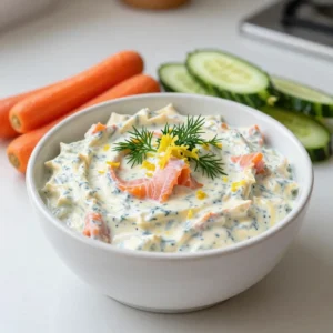 - 8 oz cream cheese, softened to room temperature - 4 oz smoked salmon, finely chopped - 2 tablespoons fresh dill, minced - 1 tablespoon freshly squeezed lemon juice - 1 teaspoon lemon zest (from about half a lemon) - 1 clove garlic, finely minced - 1/4 teaspoon freshly cracked black pepper - 1/4 teaspoon sea salt - Fresh vegetable sticks (like carrots, cucumbers, and bell peppers) - An assortment of your favorite crackers - Optional: 1 tablespoon capers, drained and chopped for added flavor This dip brings together rich flavors in a simple way. The cream cheese serves as a rich base. It gives the dip a creamy texture that holds the other flavors well. The smoked salmon adds a savory depth. Fresh dill brightens the overall taste. Lemon juice and zest give it a zesty kick. Garlic adds a nice punch. Black pepper and sea salt balance the flavors just right. For serving, I like to pair this dip with fresh vegetable sticks. They add crunch and color to your plate. Crackers work great too, providing a nice contrast to the creaminess. If you want to level up the flavor, toss in some capers. They add a briny touch that enhances the taste. {{ingredient_image_2}} - Start by taking your cream cheese out of the fridge. Let it sit at room temperature for about 15 minutes. This helps it soften. - While that&rsquo;s happening, finely chop the smoked salmon. Make sure the pieces are small for better mixing. - Next, mince one clove of garlic and fresh dill. You want the dill to be finely chopped for the best flavor. - In a medium mixing bowl, beat the softened cream cheese with an electric mixer. Mix it for 1-2 minutes until it&rsquo;s smooth and creamy. - Gently fold in the chopped smoked salmon and minced garlic. Mix until they are evenly spread throughout the cream cheese. - Now, add the minced fresh dill, lemon juice, lemon zest, black pepper, and sea salt. Stir everything together until it&rsquo;s all well combined. - Taste your dip. Adjust the seasoning if needed. You can add more lemon juice for a zesty kick or a pinch more salt if it needs it. - Once you&rsquo;re happy with the flavor, transfer the dip to a serving bowl. Cover it with plastic wrap and refrigerate for at least 30 minutes. This helps the flavors blend. - When you&rsquo;re ready to serve, take it out of the fridge. Present the dip chilled with fresh vegetable sticks or a mix of your favorite crackers for dipping. - To adjust sourness, use lemon juice. It brightens the dip. - For balance, add salt to enhance all flavors. Taste and adjust as needed. - Make sure your cream cheese is softened. This helps achieve a smooth texture. - Use folding, not mixing, for the smoked salmon. This keeps the salmon pieces intact. - Garnish with fresh dill for a pop of color. It looks great on the table. - Serve with fresh vegetable sticks or an array of crackers. Both options work well and add crunch. Pro Tips Use Room Temperature Cream Cheese: For a smooth and creamy dip, ensure your cream cheese is softened to room temperature before mixing. Fresh Ingredients Matter: Use fresh dill and freshly squeezed lemon juice for the best flavor; they elevate the dip significantly compared to dried herbs or bottled juice. Adjust to Your Taste: Don&rsquo;t hesitate to taste the dip as you go! Adjust the seasoning with more lemon juice or salt to suit your palate. Chill for Maximum Flavor: Allow the dip to sit in the refrigerator for at least 30 minutes before serving; this helps the flavors meld together beautifully. {{image_4}} You can swap out ingredients based on your needs. If you want a dairy-free dip, use a dairy-free cream cheese. Brands like Kite Hill or Tofutti work well. They give a similar creamy texture without the dairy. If you're in the mood for something different, try using smoked trout instead of salmon. Trout has a mild flavor and pairs nicely with lemon and dill. This gives the dip a unique twist while staying delicious. To kick up the flavor, think about adding spices. A pinch of cayenne can add a nice kick. If you prefer a smoky flavor, sprinkle in some paprika. You can also mix in other herbs for more depth. Chives add a mild onion flavor, while parsley gives a fresh touch. Feel free to experiment with these options to find your favorite combination. For those who need gluten-free options, look for gluten-free crackers made from rice or almond flour. They pair perfectly with the dip. If you're watching carbs, serve the dip with fresh vegetable sticks. Carrots, cucumbers, and bell peppers are great choices. They add crunch without the carbs, making your dip even healthier. To store your Lemon Dill Smoked Salmon Dip, place it in an airtight container. This keeps it fresh and prevents odors from the fridge. Make sure to cover the dip tightly. This will keep it creamy and tasty. If you have leftovers, use them within three days for the best flavor. Yes, you can freeze this dip! To do it safely, pack it in a freezer-safe container. Leave some space at the top, as the dip will expand when frozen. You can freeze it for up to two months. When you are ready to eat it, move the dip to the fridge and let it thaw overnight. This helps keep the flavor intact. In the fridge, this dip lasts about three to four days. Keep an eye out for any changes. If the dip smells sour or looks off, it&rsquo;s best to toss it. Always trust your senses! Freshness is key for this tasty treat. You can use several options if you need a cream cheese substitute. - Dairy-free options: Try using cashew cream or tofu blended until smooth. Both provide a rich texture. - Other creamy alternatives: Greek yogurt works well for a tangy flavor. You can also use sour cream for added creaminess. Yes, you can make this dip ahead of time! - Recommended timeframes for prepping ahead: Prepare it a day in advance for the best flavor. - Storage solutions for pre-made dip: Store it in an airtight container in the fridge. Cover it well to keep it fresh. Serving this dip is simple and fun! - Best accompaniments: Pair it with fresh vegetable sticks like carrots, cucumbers, and bell peppers. Crackers are also great for dipping. - Presentation suggestions: Use a nice bowl and garnish the dip with extra dill. Arrange the veggies and crackers around the bowl for a colorful spread. This blog post provided a thorough guide to making Lemon Dill Smoked Salmon Dip. We covered key ingredients, preparation steps, and serving ideas. You can swap ingredients, adjust flavors, and even modify for special diets. Remember, softening cream cheese and balancing flavors really enhances the dip. Store leftovers well to enjoy later. You now have the tools to create a delightful dip that impresses. Enjoy sharing this tasty treat with friends and family!