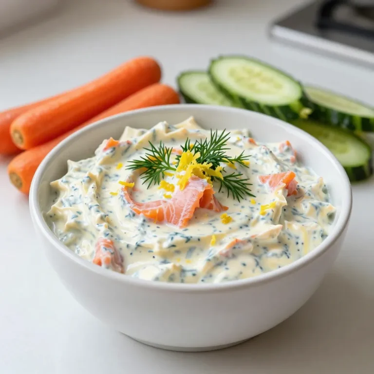 - 8 oz cream cheese, softened to room temperature - 4 oz smoked salmon, finely chopped - 2 tablespoons fresh dill, minced - 1 tablespoon freshly squeezed lemon juice - 1 teaspoon lemon zest (from about half a lemon) - 1 clove garlic, finely minced - 1/4 teaspoon freshly cracked black pepper - 1/4 teaspoon sea salt - Fresh vegetable sticks (like carrots, cucumbers, and bell peppers) - An assortment of your favorite crackers - Optional: 1 tablespoon capers, drained and chopped for added flavor This dip brings together rich flavors in a simple way. The cream cheese serves as a rich base. It gives the dip a creamy texture that holds the other flavors well. The smoked salmon adds a savory depth. Fresh dill brightens the overall taste. Lemon juice and zest give it a zesty kick. Garlic adds a nice punch. Black pepper and sea salt balance the flavors just right. For serving, I like to pair this dip with fresh vegetable sticks. They add crunch and color to your plate. Crackers work great too, providing a nice contrast to the creaminess. If you want to level up the flavor, toss in some capers. They add a briny touch that enhances the taste. {{ingredient_image_2}} - Start by taking your cream cheese out of the fridge. Let it sit at room temperature for about 15 minutes. This helps it soften. - While that’s happening, finely chop the smoked salmon. Make sure the pieces are small for better mixing. - Next, mince one clove of garlic and fresh dill. You want the dill to be finely chopped for the best flavor. - In a medium mixing bowl, beat the softened cream cheese with an electric mixer. Mix it for 1-2 minutes until it’s smooth and creamy. - Gently fold in the chopped smoked salmon and minced garlic. Mix until they are evenly spread throughout the cream cheese. - Now, add the minced fresh dill, lemon juice, lemon zest, black pepper, and sea salt. Stir everything together until it’s all well combined. - Taste your dip. Adjust the seasoning if needed. You can add more lemon juice for a zesty kick or a pinch more salt if it needs it. - Once you’re happy with the flavor, transfer the dip to a serving bowl. Cover it with plastic wrap and refrigerate for at least 30 minutes. This helps the flavors blend. - When you’re ready to serve, take it out of the fridge. Present the dip chilled with fresh vegetable sticks or a mix of your favorite crackers for dipping. - To adjust sourness, use lemon juice. It brightens the dip. - For balance, add salt to enhance all flavors. Taste and adjust as needed. - Make sure your cream cheese is softened. This helps achieve a smooth texture. - Use folding, not mixing, for the smoked salmon. This keeps the salmon pieces intact. - Garnish with fresh dill for a pop of color. It looks great on the table. - Serve with fresh vegetable sticks or an array of crackers. Both options work well and add crunch. Pro Tips Use Room Temperature Cream Cheese: For a smooth and creamy dip, ensure your cream cheese is softened to room temperature before mixing. Fresh Ingredients Matter: Use fresh dill and freshly squeezed lemon juice for the best flavor; they elevate the dip significantly compared to dried herbs or bottled juice. Adjust to Your Taste: Don’t hesitate to taste the dip as you go! Adjust the seasoning with more lemon juice or salt to suit your palate. Chill for Maximum Flavor: Allow the dip to sit in the refrigerator for at least 30 minutes before serving; this helps the flavors meld together beautifully. {{image_4}} You can swap out ingredients based on your needs. If you want a dairy-free dip, use a dairy-free cream cheese. Brands like Kite Hill or Tofutti work well. They give a similar creamy texture without the dairy. If you're in the mood for something different, try using smoked trout instead of salmon. Trout has a mild flavor and pairs nicely with lemon and dill. This gives the dip a unique twist while staying delicious. To kick up the flavor, think about adding spices. A pinch of cayenne can add a nice kick. If you prefer a smoky flavor, sprinkle in some paprika. You can also mix in other herbs for more depth. Chives add a mild onion flavor, while parsley gives a fresh touch. Feel free to experiment with these options to find your favorite combination. For those who need gluten-free options, look for gluten-free crackers made from rice or almond flour. They pair perfectly with the dip. If you're watching carbs, serve the dip with fresh vegetable sticks. Carrots, cucumbers, and bell peppers are great choices. They add crunch without the carbs, making your dip even healthier. To store your Lemon Dill Smoked Salmon Dip, place it in an airtight container. This keeps it fresh and prevents odors from the fridge. Make sure to cover the dip tightly. This will keep it creamy and tasty. If you have leftovers, use them within three days for the best flavor. Yes, you can freeze this dip! To do it safely, pack it in a freezer-safe container. Leave some space at the top, as the dip will expand when frozen. You can freeze it for up to two months. When you are ready to eat it, move the dip to the fridge and let it thaw overnight. This helps keep the flavor intact. In the fridge, this dip lasts about three to four days. Keep an eye out for any changes. If the dip smells sour or looks off, it’s best to toss it. Always trust your senses! Freshness is key for this tasty treat. You can use several options if you need a cream cheese substitute. - Dairy-free options: Try using cashew cream or tofu blended until smooth. Both provide a rich texture. - Other creamy alternatives: Greek yogurt works well for a tangy flavor. You can also use sour cream for added creaminess. Yes, you can make this dip ahead of time! - Recommended timeframes for prepping ahead: Prepare it a day in advance for the best flavor. - Storage solutions for pre-made dip: Store it in an airtight container in the fridge. Cover it well to keep it fresh. Serving this dip is simple and fun! - Best accompaniments: Pair it with fresh vegetable sticks like carrots, cucumbers, and bell peppers. Crackers are also great for dipping. - Presentation suggestions: Use a nice bowl and garnish the dip with extra dill. Arrange the veggies and crackers around the bowl for a colorful spread. This blog post provided a thorough guide to making Lemon Dill Smoked Salmon Dip. We covered key ingredients, preparation steps, and serving ideas. You can swap ingredients, adjust flavors, and even modify for special diets. Remember, softening cream cheese and balancing flavors really enhances the dip. Store leftovers well to enjoy later. You now have the tools to create a delightful dip that impresses. Enjoy sharing this tasty treat with friends and family!