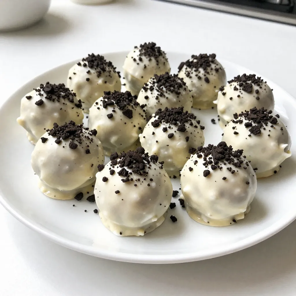 To make these tasty Oreo Cookie Dough Truffles, you need the following ingredients: - 1 cup all-purpose flour - ½ cup unsalted butter, softened to room temperature - ¾ cup packed brown sugar - ¼ cup granulated sugar - 1 teaspoon pure vanilla extract - ¼ teaspoon salt - 1 cup crushed Oreo cookies (about 8 cookies) - ½ cup mini chocolate chips - 8 ounces white chocolate, for coating - Additional crushed Oreos for garnish These ingredients create a sweet and rich dough. The combination of Oreo cookies and chocolate chips makes each bite a delight. You can customize your truffles with these optional ingredients: - Dark or milk chocolate for coating - Sprinkles for added color - Nut butter for extra creaminess - Flavored extracts like almond or mint These variations let you explore new flavors. You can make the truffles your own! To prepare these truffles, gather the following tools: - Medium mixing bowl - Electric mixer - Spatula - Plastic wrap or airtight container - Small cookie scoop or your hands - Baking sheet lined with parchment paper - Microwave-safe bowl for melting chocolate Having the right equipment helps make the process smooth. It keeps your workspace organized and efficient. {{ingredient_image_2}} To start, grab a medium bowl. Use an electric mixer to beat together the softened butter, brown sugar, and granulated sugar. Mix it on medium speed for about 2-3 minutes. You want it to look light and fluffy. Next, pour in the vanilla extract and sprinkle in the salt. Mix it on low speed until it's all combined. Now, it’s time for the dry ingredients. Gradually sift in the all-purpose flour while mixing. Keep stirring until you see a crumbly dough. Make sure there are no pockets of flour. Then, gently fold in the crushed Oreo cookies and mini chocolate chips. Use a spatula for even mixing. After mixing, wrap the dough tightly in plastic wrap or put it in an airtight container. Chill it in the refrigerator for about 30 minutes. This helps the dough become firm and easy to handle. Once chilled, use a small cookie scoop or your hands to divide the dough into small balls. Aim for about 1 inch in diameter. Place each ball on a lined baking sheet, leaving space between them. Now it's time to melt the chocolate. In a microwave-safe bowl, heat the white chocolate in 20-second bursts. Stir gently after each interval until the chocolate is smooth. Be careful not to overheat it. Using a fork, dip each cookie dough ball into the melted chocolate. Make sure each ball is fully covered. Let any excess chocolate drip off. While the chocolate is still wet, sprinkle crushed Oreos on top. This adds both crunch and a nice look. Finally, return the baking sheet to the fridge for another 30 minutes. This allows the chocolate to set completely. Enjoy your delicious Oreo cookie dough truffles! To make your truffles round, start with cold dough. Chill it well. Use a small cookie scoop for even portions. If you don’t have a scoop, use your hands. Roll each ball gently until smooth. This step is key for a nice look. For a smooth chocolate coating, melt the white chocolate carefully. Use short bursts in the microwave. Stir in between to avoid burning. When dipping, use a fork to lift the truffle out. Let any excess chocolate drip off before placing it back. This keeps the coating even. Store any leftovers in an airtight container. Keep them in the fridge to stay fresh. They taste best within a week. If you need to store them longer, freeze them. Place them in a freezer-safe bag and enjoy later. Just remember to thaw them in the fridge before serving. Pro Tips Chill the Dough Longer: For easier rolling, consider chilling the dough for an hour instead of 30 minutes. This will help the dough firm up even more. Use a Cookie Scoop: For uniform truffles, use a cookie scoop to measure out the dough. This ensures that all your truffles are the same size and look great. Experiment with Coatings: While white chocolate is traditional, try using milk or dark chocolate for a different flavor profile. Each will bring its own unique taste to the truffles. Store Properly: To keep your truffles fresh, store them in an airtight container in the refrigerator. They can last for up to a week, but they are best enjoyed fresh! {{image_4}} You can switch up the flavor by using dark or milk chocolate for the coating. Dark chocolate adds a rich taste that pairs well with the sweet cookie dough. Milk chocolate gives a creamier, sweeter finish. To use dark or milk chocolate, simply melt it the same way as white chocolate. Dip each truffle into the melted chocolate until fully coated. Let the excess drip off, just like before. The choice of chocolate can change the whole feel of your truffles. Adding flavorings or extracts can make your truffles even more special. You can try almond or mint extract for a fun twist. Just add about ¼ teaspoon of your chosen extract when mixing in the vanilla. This small change can bring a new depth to your truffles. You can also sprinkle in some spices like cinnamon or nutmeg for warmth. Experimenting with flavors makes each batch unique and personal. If you need gluten-free options, there’s an easy fix! Substitute the all-purpose flour with gluten-free flour. Many brands offer gluten-free flour blends that work well in baking. Make sure to check that your Oreos are gluten-free, as some brands may differ. This way, everyone can enjoy these tasty treats without worry. Gluten-free options keep the fun and flavor alive! To keep your Oreo cookie dough truffles fresh, store them in an airtight container. This will help maintain their taste and texture. Place a piece of parchment paper between layers if you stack them. Avoid leaving them in a warm area. Homemade truffles can last up to one week in the fridge. They taste best when eaten fresh. If you notice any changes in texture or smell, it’s best to discard them. Always check before enjoying! You can freeze your truffles for long-term storage. Place them on a baking sheet and freeze until solid. Once frozen, transfer them to a freezer-safe bag or container. They can last for up to three months in the freezer. When ready to eat, let them thaw in the fridge for a few hours. Enjoy them at your leisure! Yes, you can use other cookies! Try chocolate chip, peanut butter, or even shortbread. Each cookie offers a unique flavor. Experiment with your favorites. Just remember to adjust the amount of crushed cookies to match the recipe. The dough is chilled when it feels firm to the touch. It should hold its shape when you roll it into balls. If it’s still sticky, give it more time in the fridge. This chilling step helps the truffles keep their shape when you coat them. You can serve them on a fancy platter for parties. Pair them with coffee or milk for a sweet snack. Wrap them in clear bags for gifts. They also make great treats for holidays or special occasions. Enjoy them any time you want a tasty bite! Oreo cookie dough truffles are fun to make and tasty to eat. We covered all the steps, from choosing ingredients to storing your treats. With tips for perfect truffles and cool variations, anyone can enjoy this recipe. Remember, you can swap cookies or chocolates to find your favorite mix. These truffles are a sweet snack and a hit for any party. Dive in and start making your own today!