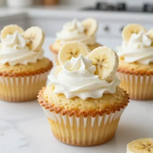 To make Banana Cream Pie Cupcakes, you need a few simple ingredients. Here&rsquo;s the list: - 1 1/2 cups all-purpose flour - 1 teaspoon baking powder - 1/2 teaspoon baking soda - 1/4 teaspoon salt - 1/2 cup unsalted butter, softened to room temperature - 1 cup granulated sugar - 2 large eggs, at room temperature - 1 teaspoon pure vanilla extract - 1/2 cup buttermilk, at room temperature - 1 large ripe banana, thoroughly mashed - 1/2 cup instant vanilla pudding mix - 1 cup heavy cream, chilled - 2 tablespoons powdered sugar - Fresh banana slices and additional whipped cream for topping Each ingredient plays a key part in making these cupcakes delicious. The all-purpose flour gives the cupcakes structure. The baking powder and baking soda help them rise nicely. The ripe banana adds flavor and moisture. The instant vanilla pudding mix makes the cupcakes extra creamy and tasty. Make sure your butter and eggs are at room temperature. This helps them mix well. The heavy cream is for a fluffy topping that completes the cupcake. Don't forget the fresh banana slices on top for that classic pie look! {{ingredient_image_2}} First, preheat your oven to 350&deg;F (175&deg;C). This step is key for even baking. Next, line a cupcake pan with 12 paper liners. This helps with easy removal later. Now, let&rsquo;s mix our dry ingredients. In a medium bowl, whisk together 1 1/2 cups all-purpose flour, 1 teaspoon baking powder, 1/2 teaspoon baking soda, and 1/4 teaspoon salt. Set this aside for later. Next, in a large bowl, cream together 1/2 cup unsalted butter and 1 cup granulated sugar. Use an electric mixer to do this for about 3-4 minutes. You want it to be light and fluffy. Add in 2 large eggs, one at a time. Be sure to blend well after each addition. Then, stir in 1 teaspoon pure vanilla extract until it is fully mixed in. Now, it&rsquo;s time to combine our ingredients. Gradually add the dry mix to the wet mix. Alternate this with 1/2 cup buttermilk. Start and end with the flour mixture. Mix until just combined. This helps to avoid overmixing. Next, fold in 1 large ripe banana, which should be thoroughly mashed, along with 1/2 cup instant vanilla pudding mix. This adds that tasty banana cream pie flavor! Using a spoon or ice cream scoop, fill each cupcake liner about 2/3 full with batter. This gives them room to rise. Now, bake the filled pan in your preheated oven for 18-20 minutes. Check if a toothpick inserted into the center comes out clean. Once baked, let the cupcakes cool in the pan for about 5 minutes. Carefully transfer them to a wire rack to cool completely. - Avoid overmixing: Mix the batter just enough. Overmixing makes the cupcakes dense. - Proper cooling techniques: After baking, cool the cupcakes in the pan for 5 minutes. Then, move them to a wire rack. This keeps them from getting soggy. - Achieving stiff peaks: Whip the heavy cream until it forms stiff peaks. This means it holds its shape when you lift the whisk. - Suggested flavors or add-ins: Try adding a splash of vanilla extract or a hint of almond for extra flavor. - Decorative serving ideas: Arrange your cupcakes on a pretty platter. You can add whole bananas around them for flair. - Garnishing techniques: Top each cupcake with fresh banana slices. Add more whipped cream on top for that classic look. Consider a sprinkle of crushed graham crackers for a pie-like touch. Pro Tips Use Ripe Bananas: The riper the bananas, the sweeter and more flavorful your cupcakes will be. Look for bananas with brown spots for the best taste. Room Temperature Ingredients: Ensure that your eggs, buttermilk, and butter are at room temperature. This helps create a smoother batter and results in fluffier cupcakes. Don&rsquo;t Overmix the Batter: Mix the batter until just combined to avoid dense cupcakes. Overmixing can lead to a tough texture. Chill Your Whipped Cream: Make sure your heavy cream is very cold before whipping. This helps achieve fluffy, stable whipped cream that holds its shape well. {{image_4}} You can easily change the flavor of your banana cream pie cupcakes. Adding chocolate chips gives a rich taste. You might also try mixing in nuts for a crunchy bite. If you want a lighter texture, swap the butter for vegetable oil. This change keeps the cupcakes moist and fluffy. For those with dietary needs, you can use gluten-free flour. This option makes the recipe suitable for gluten-sensitive people. To make it dairy-free, replace buttermilk with almond or coconut milk. You can also use coconut cream instead of heavy cream for the topping. Seasons can inspire fun twists. Try adding a sprinkle of cinnamon for warmth in fall. You can also experiment with other fruits like strawberries or blueberries. These toppings add color and fresh flavors to the cupcakes. You can store your Banana Cream Pie Cupcakes easily. If you plan to eat them soon, keep them at room temperature. Place them in an airtight container. They stay fresh for about two days. If you want to keep them longer, put them in the fridge. This helps them last up to a week. Just remember, the fridge can dry them out a bit. Freezing these cupcakes is simple. First, let them cool completely. Then, wrap each cupcake tightly in plastic wrap. Place them in a freezer-safe bag or container. They can stay frozen for up to three months. When you&rsquo;re ready to eat them, take out how many you need. Let them thaw in the fridge overnight. If you want them faster, leave them at room temperature for a couple of hours. To keep your cupcakes fresh, avoid adding the toppings too soon. Wait until you&rsquo;re ready to serve. This keeps the whipped cream fluffy and the bananas fresh. If you have leftover whipped cream, store it in a separate container in the fridge. Use it within a few days for the best taste. Enjoy your delicious cupcakes! To make your cupcakes moist, use room temperature ingredients. This includes butter, eggs, and buttermilk. Mix the batter gently. Overmixing can lead to dryness. Adding a little extra mashed banana also helps keep them moist. Yes, ripe bananas work best for this recipe. Their natural sweetness and flavor enhance the cupcakes. Make sure to mash them well, so they blend smoothly into the batter. Banana cream pie cupcakes stay fresh for about 2-3 days at room temperature. If you want them to last longer, store them in the fridge for up to a week. Just remember, they taste best fresh! To soften butter quickly, cut it into small cubes. Place it in a warm spot in your kitchen for about 10-15 minutes. You can also microwave it for about 5-10 seconds. Just watch it closely to avoid melting. Yes, you can substitute instant pudding mix with a homemade version. Use cornstarch, sugar, and a little vanilla extract. However, the instant pudding gives extra creaminess and flavor, so keep that in mind! This blog post covered the key steps to make delicious banana cupcakes. We looked at the ingredients needed, from flour and butter to ripe bananas. You now know how to mix, bake, and cool your cupcakes perfectly. We also shared tips for whipping cream and ideas for variations. Remember, baking is fun. Feel free to experiment and make this recipe your own. Enjoy your tasty creation with family and friends!