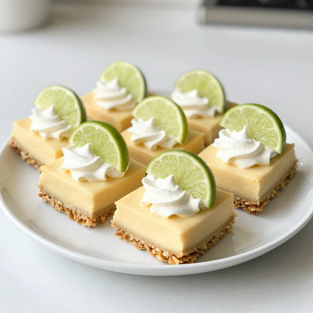 To make these bars, you need key ingredients that create the perfect flavor. Here they are: - 1 1/2 cups graham cracker crumbs - 1/4 cup granulated sugar - 1/2 cup unsalted butter, melted - 2 (14 oz) cans sweetened condensed milk - 1/2 cup fresh lime juice (about 4-5 key limes) - 1 tablespoon lime zest - 3 large egg yolks - 1/4 teaspoon salt These ingredients work together to form a sweet and tangy treat. The graham cracker crust gives a nice crunch, while the lime filling bursts with freshness. For a fun touch, add garnishes when you serve your bars. Here are a few ideas: - Whipped cream - Lime slices These simple additions enhance the look and taste of the bars. A dollop of whipped cream adds creaminess, while fresh lime slices bring more zing. You can swap some ingredients if you need to. Here are some ideas: - Use honey instead of sugar for a different sweetness. - Substitute regular limes for key limes if you can't find them. - Use a gluten-free graham cracker for a gluten-free option. These changes can offer new flavors while keeping the dish delicious and fun. Feel free to get creative with your ingredients! {{ingredient_image_2}} First, preheat your oven to 350°F (175°C). Grab an 8x8-inch baking dish and line it with parchment paper. Leave some paper hanging over the sides. This helps you lift the bars out later. In a medium bowl, combine 1 1/2 cups of graham cracker crumbs and 1/4 cup of granulated sugar. Pour in 1/2 cup of melted unsalted butter and mix until it looks like wet sand. Press this mixture into the bottom of the dish firmly. Bake it for 10 minutes until it’s set and golden around the edges. Let the crust cool completely. While your crust cools, it's time for the zesty filling. In another medium bowl, whisk together two cans of sweetened condensed milk, 1/2 cup of fresh lime juice, 1 tablespoon of lime zest, 3 large egg yolks, and 1/4 teaspoon of salt. Make sure the mix is smooth. Once your crust has cooled, pour this creamy lime filling over it. Spread it evenly with a spatula. Return the dish to the oven and bake for 15 to 20 minutes. The filling should be set but still jiggle slightly in the center. After baking, take it out and let it cool to room temperature. For the best taste, chill the bars in the fridge for at least 2 hours. When ready to serve, lift the bars out using the parchment. Slice them into squares or rectangles. Top each bar with whipped cream and a lime slice for a fresh touch. Enjoy your refreshing treat! To create a perfect crust, use fresh graham cracker crumbs. I recommend crushing the crackers yourself for the best flavor. Mix them well with sugar and melted butter. This step is key. Press the mixture firmly into your baking dish. Bake it until it's slightly golden. Let it cool completely before adding the filling. This ensures a strong base for your bars. For a creamy filling, use quality sweetened condensed milk. Whisk the lime juice and zest into the milk thoroughly. Make sure to blend in the egg yolks and salt until smooth. This mixing helps create a light and airy texture. Avoid over-mixing once you add the eggs. A gentle hand keeps the filling creamy without adding air bubbles. For serving, lift the bars out using the parchment paper. Cut them into equal squares or rectangles. Garnish each slice with whipped cream and a lime slice. This adds color and a fresh zing. To impress guests, arrange the bars on a nice platter. Sprinkle lime zest and add mint leaves for a pop of green. These small touches make your dessert look professional and inviting. Pro Tips Use Fresh Limes: For the best flavor, opt for fresh key limes instead of bottled lime juice. Freshly squeezed juice enhances the zesty profile of the bars. Chill Thoroughly: Allow the bars to chill in the refrigerator for at least 2 hours. This step is crucial for achieving the perfect texture and ensuring they hold their shape when sliced. Even Baking: To prevent the edges from overcooking, rotate the baking dish halfway through the baking time. This ensures even cooking and a perfectly set filling. Garnish Creatively: Elevate your presentation by adding fresh mint leaves along with the lime slices when serving. This adds a pop of color and enhances the overall freshness. {{image_4}} You can add fun twists to your Key Lime Pie Bars. For a berry boost, mix in fresh or frozen berries like raspberries or blueberries. These add a sweet and tart punch! You can also use flavored extracts. A hint of coconut or mint can change the whole vibe. Just a few drops can make a big difference. If you love tropical flavors, try adding crushed pineapple to the filling. This will give your bars a fun and fruity twist. Making gluten-free Key Lime Pie Bars is easy. You just need to swap the graham cracker crumbs. Use gluten-free graham cracker crumbs or ground oats instead. They both work well for the crust. Just ensure the other ingredients, like sweetened condensed milk and lime, are gluten-free too. This way, everyone can enjoy these tasty treats without worry. Toppings can make your Key Lime Pie Bars even more special. Besides whipped cream, you can try toasted coconut for a crunchy bite. Add some lime zest for a fresh look and taste. If you want a little extra, drizzle some chocolate or caramel sauce on top. Fresh mint leaves also make a great garnish. They add color and a hint of flavor. Get creative and mix and match toppings to find your favorite! Store your Key Lime Pie Bars in an airtight container. This keeps them fresh. Use parchment paper to separate layers. This way, they won’t stick together. Make sure to keep them in the fridge. The cool temperature helps maintain their texture and flavor. When stored properly, Key Lime Pie Bars can last up to a week in the fridge. They taste best within the first few days. Over time, the crust may soften. If you notice this, it’s still safe to eat. Just know that the texture may change a bit. You can freeze Key Lime Pie Bars for later enjoyment. Cut them into individual squares first. Wrap each square in plastic wrap, then place them in a freezer-safe bag. They can last up to three months in the freezer. To enjoy, thaw them in the fridge overnight. This keeps them nice and creamy. Yes, you can use regular limes. Key limes add a special taste. They are smaller and tarter. Regular limes will work but will change the flavor a bit. You may notice a more bitter note. If you want that classic taste, stick to key limes. Look for the filling to jiggle slightly. When done, the edges should be set. If you gently shake the pan, the center will move a bit. It should not look liquidy. The bars will firm up as they cool. Let them chill for two hours for the best texture. Key Lime Pie is a classic dessert in a pie crust. The bars have a similar filling but are cut into squares. Bars are often easier to serve. They have a thicker crust due to the baking style. Both offer that tangy lime flavor, but bars are more portable. You learned how to make key lime pie bars with the right ingredients and steps. We explored special tips for a great crust and creamy filling. You also saw fun ways to change the flavor and serve these bars. Finally, we discussed how to store them and answered common questions. Now, you can enjoy this fresh treat anytime you want. Happy baking!