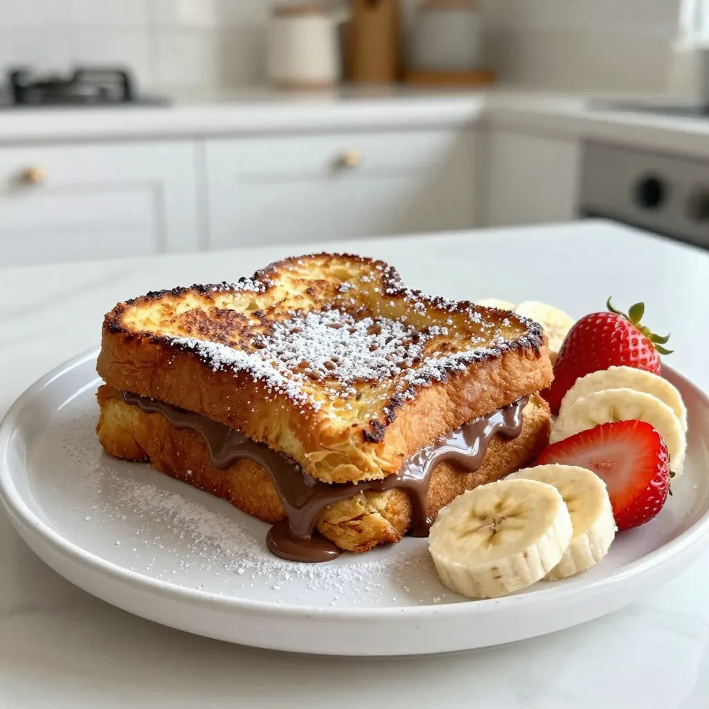 - 4 thick slices of bread (preferably brioche or challah) - 1/2 cup Nutella - 2 large eggs - 1/2 cup whole milk - 1 teaspoon pure vanilla extract - 1 teaspoon ground cinnamon - 1 tablespoon unsalted butter - Powdered sugar, for a light dusting - Fresh fruit (such as strawberries, bananas, or raspberries) for topping I love using brioche or challah for this recipe. Both types have a soft, rich texture. Brioche has butter and eggs, making it fluffy and light. Challah is slightly sweeter and has a unique braided look. Either choice works great. The bread should be at least an inch thick. This thickness holds the Nutella well. It also gives a nice crunch when cooked. Toppings can make this dish shine! I suggest fresh fruits like strawberries, bananas, or raspberries. They add color and flavor. Sprinkle some powdered sugar on top for a sweet touch. You could also drizzle more Nutella for extra richness. These toppings make the meal feel special. Enjoy the mix of flavors and textures! {{ingredient_image_2}} Start by picking two thick slices of bread. Brioche or challah works best. Spread Nutella on one side of each slice. Use enough Nutella for a rich filling. Take the other two slices and press them on top of the Nutella sides. You now have two Nutella sandwiches ready to go. In a shallow bowl, crack the two large eggs. Add in half a cup of whole milk. Pour in one teaspoon of pure vanilla extract. Then, add one teaspoon of ground cinnamon. Whisk all these ingredients together until smooth. This batter will coat your sandwiches perfectly. Next, heat a skillet over medium heat. Add one tablespoon of unsalted butter to the hot skillet. Let the butter melt and coat the bottom. Now, take each Nutella sandwich and dip it in the egg mixture. Soak each side for just a few seconds. Make sure the bread stays firm. Once soaked, gently place the sandwiches in the skillet. Cook each side for about 3-4 minutes. They should turn golden brown and crispy. When ready, take them out and slice them in half if you’d like. Dust with powdered sugar and serve with fresh fruit. Enjoy this sweet treat! To get that perfect golden brown color, you need the right heat. Start with medium heat. If the pan is too hot, the outside will burn before the inside cooks. Use unsalted butter for flavor and to prevent sticking. Let the butter melt and sizzle. It should coat the pan evenly. Dip the sandwiches quickly in the batter. Let them soak for just a moment, then place them in the pan. Cook each side for about 3-4 minutes. Watch for that lovely golden color. When you spread Nutella, be generous, but don’t overdo it. Too much filling can ooze out while cooking. Make sure the two bread slices stick together well. This keeps the Nutella inside during cooking. Dip the stuffed bread quickly in the egg mixture. This helps the bread absorb flavor without getting too soggy. Always flip gently to avoid breaking the toast. Presentation matters! After cooking, slice the French toast in half to show off the Nutella. Dust with powdered sugar for a sweet touch. Add fresh fruit on the side, like bananas or strawberries, for color. You can also drizzle extra Nutella or chocolate sauce on top for fun. Arrange everything nicely on a plate to make it look inviting. Enjoy your masterpiece! Pro Tips Use Day-Old Bread: Slightly stale bread holds up better in the egg mixture, preventing sogginess and ensuring a perfect texture. Customize Fillings: Feel free to add sliced bananas or strawberries inside the Nutella for an extra flavor boost and added freshness. Control the Heat: If the pan gets too hot, the outside may burn before the inside is cooked. Adjust the heat as necessary to achieve an even golden brown. Presentation Matters: Serve with a sprinkle of powdered sugar and a drizzle of chocolate sauce for an Instagram-worthy finish that enhances the eating experience. {{image_4}} You can swap Nutella for other fillings. Peanut butter is a great choice. It adds a nutty taste and creamy texture. You can also use jam or fruit preserves. Strawberry or raspberry jam works well. Both options give a new twist to your French toast. If you need gluten-free or dairy-free choices, you can still enjoy this dish. Use gluten-free bread for a safe alternative. For the batter, try almond milk or oat milk instead of whole milk. Use flax eggs to replace regular eggs. This makes it easy for everyone to enjoy. You can add more flavor to your French toast. Try a dash of almond extract for a sweet, nutty taste. Or add a pinch of nutmeg for warmth. You can even mix in a bit of cocoa powder with the batter. These little changes can make a big difference in taste. You may have some leftover French toast. To store it, let it cool down first. Then, place the slices in an airtight container. Keep it in the fridge for up to three days. This way, you can enjoy it later without losing its taste. When you’re ready to eat your leftover French toast, you can reheat it easily. Use your skillet or frying pan over low heat. Add a little butter to the pan for extra flavor. Heat each slice for about two to three minutes on each side. This will keep it crispy. You can also use a toaster oven for a quick option. Just watch it closely to avoid burning. If you want to save French toast for later, freezing is a great option. Wrap each slice in plastic wrap. Then, place them in a freezer-safe bag. You can freeze it for up to one month. When you’re ready to eat, take out a slice and let it thaw in the fridge overnight. Reheat it in the skillet or toaster oven for the best taste. Yes, you can use other spreads. Peanut butter, almond butter, or any chocolate spread works well. Just remember, the taste will change. Nutella has a unique flavor that others might not match. If you want a nut-free option, try sunflower seed butter. It gives a nice taste without nuts. To ensure even cooking, keep the heat at medium. Start with a preheated skillet. Use enough butter to coat the pan. Dip each sandwich quickly in the egg mixture. If you soak too long, the bread may become soggy. Cook each side for about 3-4 minutes until golden brown. Flip gently to prevent spills. For the best presentation, slice the French toast in half. Dust with powdered sugar for sweetness. Add fresh fruits like strawberries or bananas on top. You can drizzle extra Nutella or chocolate sauce for an indulgent treat. Serve warm for the best taste and texture. Nutella stuffed French toast is a treat anyone can enjoy. We covered essential ingredients, from bread choices to tasty toppings. I shared easy steps for making this dish, plus tips for that perfect golden crust. Don't forget to explore variations, like using peanut butter or gluten-free options. You can store leftovers and reheat them for later enjoyment. Enjoy making it your own and have fun in the kitchen. This dish can bring joy to any breakfast or brunch.